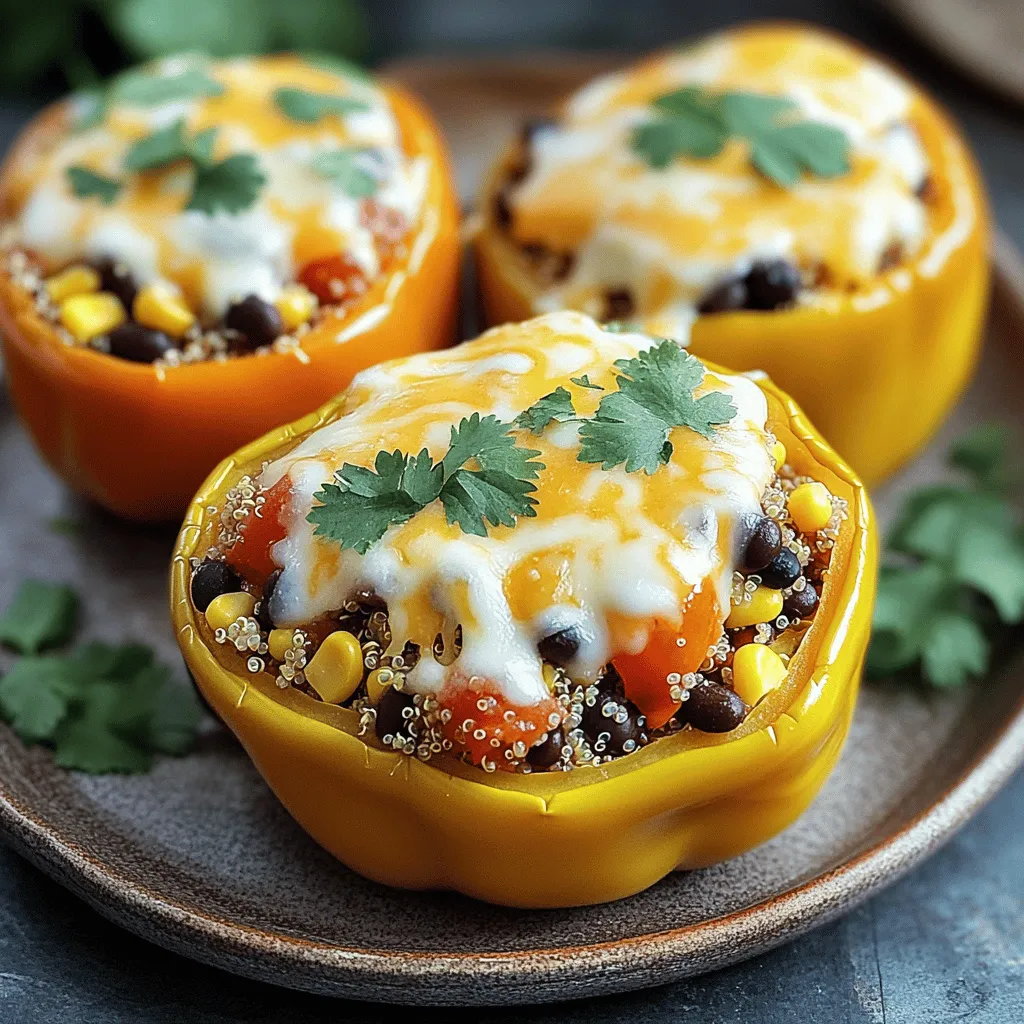 When I make Taco Seasoned Quinoa Stuffed Peppers, I gather these simple ingredients: - 4 large bell peppers (any color) - 1 cup quinoa, rinsed - 2 cups vegetable broth - 1 can (15 oz) black beans, drained and rinsed - 1 can (15 oz) corn, drained - 1 cup diced tomatoes (canned or fresh) - 1 tablespoon taco seasoning (store-bought or homemade) - 1 teaspoon olive oil - 1 cup shredded cheese (cheddar or Mexican blend) - Fresh cilantro for garnish - Salt and pepper to taste These ingredients work together to create a tasty dish. The quinoa serves as a healthy base, while the black beans and corn add great texture. The taco seasoning gives it a fun kick, making this meal satisfying. You can use any color of bell pepper, which adds a pop of color to your plate. I love using fresh cilantro for garnish; it brightens up the whole dish! In this blog post, we explored how to make delicious taco-seasoned quinoa stuffed peppers. We covered the ingredients, preparation steps, cooking tips, and even variations for different diets. You can easily customize this dish with protein options or different veggies. Remember, meal prepping makes weekday cooking simple. Whether you enjoy these fresh or frozen, stuffed peppers are a tasty choice. Give this recipe a try, and enjoy a colorful, healthy meal!