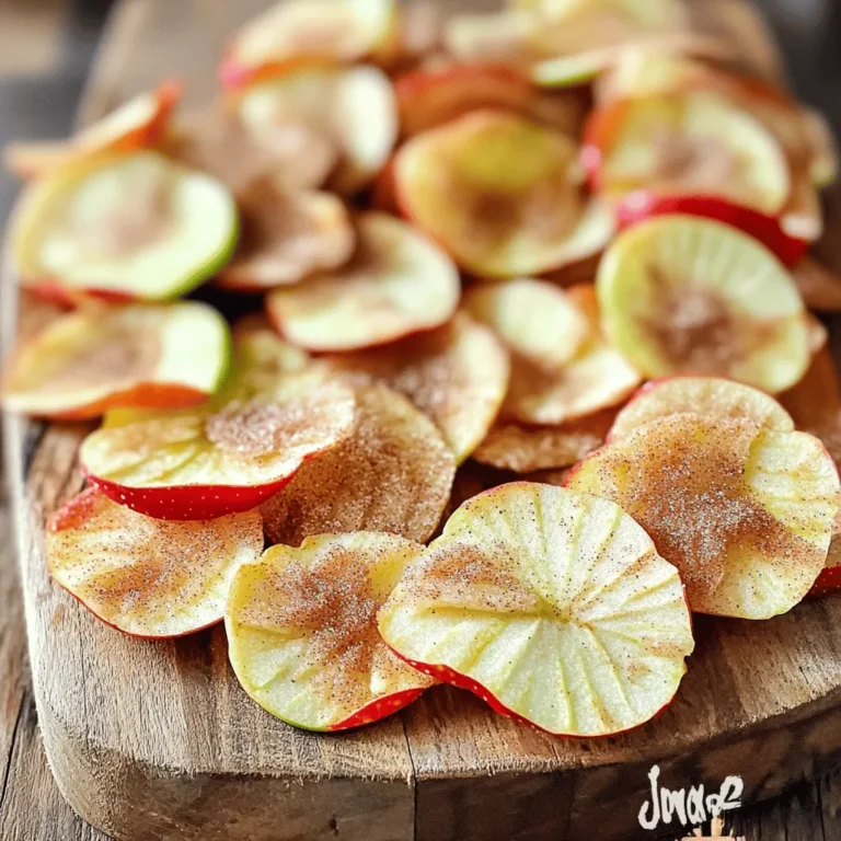 To make Air Fryer Cinnamon Apple Chips, you will need: - 2 medium-sized apples (any variety you prefer) - 1 tablespoon ground cinnamon - 1 tablespoon sugar (or a sugar substitute) - Pinch of salt - Optional: 1 teaspoon lemon juice (to prevent browning) You can change the ingredients as needed. Here are some ideas: - Apples: Try different types like Fuji, Granny Smith, or Honeycrisp. Each gives a unique taste. - Sugar: Use a sugar substitute like stevia or erythritol if you want a lower-calorie option. - Cinnamon: Swap ground cinnamon for apple pie spice for a different flavor. You can add more fun to your apple chips. Consider these options: - Drizzle honey or maple syrup for extra sweetness. - Add nutmeg or allspice for a warm flavor. - Sprinkle a bit of sea salt for a sweet and salty mix. These ingredients help create tasty, crunchy snacks that everyone will love! Start by washing and drying your apples well. I like to use two medium-sized apples. You can pick any variety you enjoy! Next, grab a sharp knife or a mandoline slicer. Slice the apples into thin rounds, about 1/8 inch thick. If you want to stop them from browning, toss the slices with a teaspoon of lemon juice. This small step makes a big difference. Now it’s time to add flavor! In a small bowl, mix together one tablespoon of ground cinnamon, one tablespoon of sugar, and a pinch of salt. This mix gives your chips a sweet, spicy kick. Put the apple slices in a mixing bowl. Sprinkle your cinnamon-sugar mixture over them. Toss the slices gently until they all get coated evenly. You want every bite to taste great! Preheat your air fryer to 300°F (150°C). While it heats, arrange the apple slices in a single layer in the fryer basket. Make sure they don’t overlap; this helps them cook evenly. Cook the slices for about 15-20 minutes. Flip them halfway through to ensure they crisp up nicely. Keep an eye on them as cooking times can vary. Once they turn golden brown and crispy, take them out. Let the chips cool on a wire rack. They'll get even crunchier as they cool down. If you have leftovers, store them in an airtight container to keep them crisp. Enjoy your tasty snack! To get your apple chips nice and crispy, slice the apples thinly. Aim for about 1/8 inch thick. If the slices are too thick, they won't crisp well. Make sure to arrange the slices in a single layer in the air fryer. Overlapping will cause uneven cooking. Also, flip the slices halfway through cooking. This helps each side get that golden crunch. One common mistake is not drying the apples well after washing. Moisture can make them soggy. Another mistake is using too much cinnamon or sugar. You want to enhance the apple flavor, not mask it. Lastly, don't crowd the air fryer basket. This will lead to uneven cooking and less crispiness. Choose firm apples for the best results. Varieties like Fuji, Gala, or Honeycrisp work well. These apples are naturally sweet and hold up during cooking. Look for apples without bruises or soft spots. Fresh apples will give you the best flavor and texture for your chips. {{image_2}} You can switch up the flavor of your apple chips. Try adding caramel flavoring for a sweet kick. A sprinkle of nutmeg can bring warmth to your chips. You can also mix in a bit of vanilla extract for a lovely aroma. These tweaks make the chips fun and unique! Don’t just stop at apples! You can use pears, bananas, or even peaches. Slice them thin, just like the apples. Adjust the cooking time since different fruits may take longer or shorter to crisp up. This way, you can enjoy a variety of healthy snacks. Want a lower-sugar option? Replace regular sugar with a sugar substitute. Stevia or monk fruit sweetener works well. You can also skip the sugar altogether and focus on the fruit's natural sweetness. This keeps your snack tasty and guilt-free! To keep your air fryer cinnamon apple chips crispy, store them in an airtight container. This method prevents moisture from making them soggy. I recommend using a glass jar or a plastic container with a tight lid. You can also add a silica gel packet to absorb any extra moisture. Keep the container in a cool, dry place away from sunlight. If your apple chips lose their crunch, you can easily revive them. Preheat your air fryer to 300°F (150°C). Place the apple chips in the basket for about 2-3 minutes. This quick reheat will bring back their crisp texture. Watch them closely to avoid burning. Properly stored, apple chips can last for about one week. I find they taste best within the first few days after making them. However, if you keep them in an airtight container, they may stay fresh for longer. Just remember: the longer they sit, the less crispy they become. Enjoy them while they are at their best! Yes, you can use many apple types. I love using Fuji, Honeycrisp, or Granny Smith. Each type brings its own taste. Fuji apples are sweet, while Granny Smith adds a nice tartness. Try a mix for fun flavors! Check the color and texture. The chips should be golden brown and crispy. They might bend but should not feel soft. If you hear a crisp sound when you tap them, they are ready! Keep an eye on them since air fryers can vary. Yes, you can bake them! Preheat your oven to 225°F (107°C). Place the apple slices on a baking sheet lined with parchment. Bake for about 1.5 to 2 hours. Flip them halfway. Keep checking until they are crisp. Baking takes longer, but the taste is still great! You learned the key ingredients and how to prepare them for delicious apple chips. I shared tips for perfect crispiness and common mistakes to avoid. You can explore flavor variations and healthier options too. Proper storage will keep your apple chips fresh longer. Remember, you can use different apples and even bake them if needed. Enjoy your tasty snack and get creative with different fruits! Your apple chip journey starts now, so dive in and have fun.