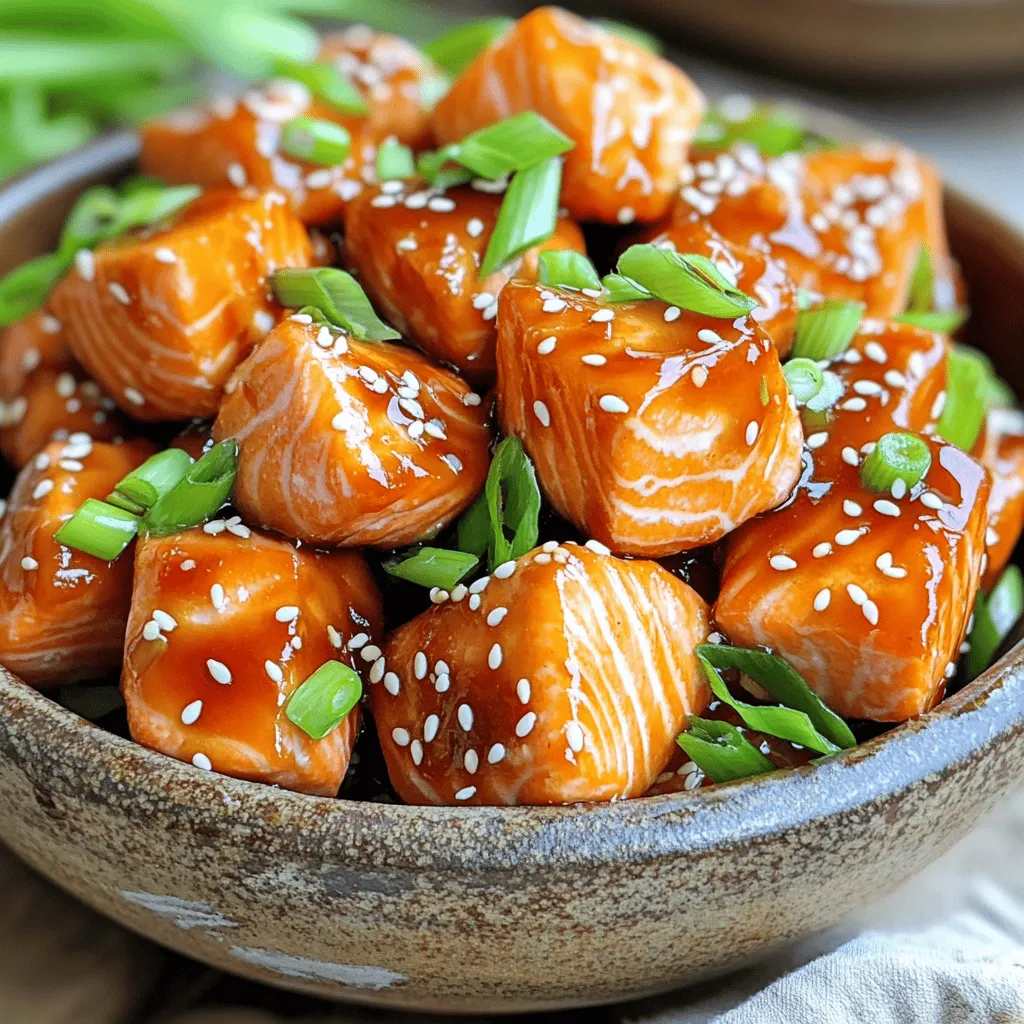 - 1 lb salmon fillet, skinless and boneless, cut into bite-sized cubes - ¼ cup teriyaki sauce (homemade or store-bought) - 1 tablespoon honey - 1 tablespoon sesame oil - 2 green onions, sliced (for garnish) - 1 tablespoon sesame seeds (for garnish) - Salt and pepper to taste - If you lack teriyaki sauce, soy sauce works well. Add some sugar for sweetness. - For honey, you can use maple syrup or agave nectar. They add nice flavor too. - Some great teriyaki sauces are Kikkoman and Soy Vay. Both give great taste. - For sesame oil, try Kadoya or Spectrum. They offer high-quality options. To start, you will prepare the marinade. In a medium bowl, mix ¼ cup of teriyaki sauce, 1 tablespoon of honey, and 1 tablespoon of sesame oil. Stir well until the honey blends into the sauce fully. This mix adds a great taste to the salmon. Next, add 1 pound of skinless, boneless salmon, cut into bite-sized cubes. Toss the salmon in the marinade until every piece is coated. Let the salmon marinate for 15 to 20 minutes. This waiting time is key for a rich flavor that will shine when cooked. Now, it’s time to get your air fryer ready. Preheat your air fryer to 400°F (200°C). Allow it to warm up for about 5 minutes. A hot air fryer helps the salmon cook evenly and crisps up nicely. When placing the salmon in the basket, make sure to arrange the cubes in a single layer. This spacing is crucial. If the salmon pieces touch, they won't cook evenly. Give them room to breathe and cook perfectly. For cooking, set the timer for 8 to 10 minutes. Flip the salmon bites halfway through. This helps them cook evenly and get that lovely crisp on the outside. To check for doneness, look for the salmon to turn opaque and flaky. You want it to be cooked through but not dry. If you have a food thermometer, the internal temperature should read 145°F (63°C). This ensures a safe and tasty meal. To avoid overcooking salmon, keep an eye on the time. Salmon cooks quickly in the air fryer. I recommend checking it at the 8-minute mark. The fish should flake easily with a fork. If it feels tough, it’s likely overcooked. Achieving the right texture is key. Air frying gives the salmon a nice crisp outside. To do this, space the salmon cubes well in the basket. This helps hot air circulate around them. Flip them halfway to ensure even cooking and a golden finish. Want to boost the flavor? Try adding garlic powder or ginger to the marinade. They add depth to the teriyaki taste. You can also mix in a splash of lime juice for a tangy kick. If you want to make homemade teriyaki sauce, it’s easy! Combine ¼ cup soy sauce, 2 tablespoons brown sugar, and a tablespoon of mirin. Heat it gently until the sugar dissolves. This gives you a fresh and rich flavor for your salmon bites. What sides go best with teriyaki salmon bites? Steamed rice or quinoa pairs nicely. They soak up the sauce well. You could also serve it with a simple green salad for a fresh crunch. For creative serving ideas, try using lettuce wraps. Place a salmon bite in a lettuce leaf, add some veggies, and drizzle with extra sauce. It makes for a fun and tasty meal! {{image_2}} You can switch out salmon for chicken to make chicken teriyaki bites. Use the same marinade. Cut your chicken into bite-sized pieces and follow the same cooking steps. For a vegetarian choice, try tofu teriyaki bites. Use firm tofu for the best texture. Press the tofu to remove excess water. Cut it into cubes and marinate just like the salmon. Cook them using the same air fryer method. Want to change up the taste? Add citrus flavors like lime or orange juice to the marinade. This gives the dish a bright twist. You can also try adding ginger or garlic for an extra kick. Another fun option is to use Asian-inspired marinades. Look for sauces like hoisin or sweet chili. Mixing these with the teriyaki sauce can add depth to your dish. If you need gluten-free options, use gluten-free teriyaki sauce. Many brands offer this now, so check your local store. Make sure to read labels to avoid hidden gluten. When cooking for a gluten-free diet, you can also use tamari instead of soy sauce. Tamari is often gluten-free and has a similar taste. This way, everyone can enjoy your teriyaki bites! To keep your teriyaki salmon bites fresh, store them in an airtight container. This helps keep moisture in and air out. Place them in the fridge right after cooking. They will stay good for up to three days. If you want them to last longer, consider freezing. Yes, you can freeze teriyaki salmon bites! Make sure they are completely cool before freezing. Use a freezer-safe bag or container. Remove as much air as you can to prevent freezer burn. To reheat, let them thaw in the fridge overnight. This keeps the texture nice and tender. The best way to reheat salmon bites is in the air fryer. Set it to 350°F (175°C) and cook for about 5 minutes. This way, you keep the bites crispy. You can also use a skillet over medium heat. Just a few minutes on each side will warm them up. Avoid the microwave, as it can dry out the salmon. You can tell salmon bites are done when they change color. The flesh will turn from bright pink to a light opaque color. It should flake easily with a fork. The internal temperature should reach 145°F (63°C). If you have a food thermometer, this is the best way to check. Yes, you can use frozen salmon. First, thaw it completely. The best way to thaw is in the fridge overnight. If you're short on time, you can also use cold water. Just place the sealed salmon in a bowl of cold water for about an hour. Make sure to pat it dry before you cut it. This helps the marinade stick better. If you don’t have an air fryer, you can bake the salmon bites. Preheat your oven to 400°F (200°C). Place the salmon on a baking sheet lined with parchment paper. Bake for about 12-15 minutes, or until cooked through. You can also pan-sear the bites on medium heat in a skillet. Cook for about 3-4 minutes on each side for a nice crust. You now have all the tools to make tasty teriyaki salmon bites. We covered the key ingredients, marinating tips, and cooking steps. You learned how to avoid overcooking and enhance flavors with spices. We even explored variations with different proteins and storage tips. With these insights, you can enjoy this dish today or impress your friends at dinner. Dive into the joys of cooking and have fun experimenting in the kitchen!