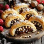 - 1 can of refrigerated crescent roll dough - 1/2 cup chocolate hazelnut spread - 1/4 cup chopped hazelnuts (toasted if desired) - 1 egg (for egg wash) - 1 tablespoon milk - Powdered sugar (for dusting) - A pinch of sea salt - You can use almond butter or peanut butter instead of chocolate hazelnut spread. - Try walnuts or pecans in place of hazelnuts for a different crunch. - For a dairy-free egg wash, use a mixture of water and oil. These ingredients come together to create a treat that warms the heart. Each bite offers a mix of soft dough, rich chocolate, and crunchy nuts. You can easily swap ingredients to make these crescents fit your taste. Using different spreads or nuts can change the flavor in fun ways. 1. Preheating the oven and preparing the baking sheet First, heat your oven to 375°F (190°C). This step ensures that your crescents bake evenly. While the oven heats, line a baking sheet with parchment paper. This keeps the crescents from sticking and makes cleanup easy. 2. Unrolling and separating the crescent roll dough Next, grab your can of refrigerated crescent roll dough. Open the can carefully to avoid a surprise pop! Unroll the dough on a clean surface. You’ll see that it separates into triangles. Make sure to keep them distinct, as you will fill each one. 1. Adding filling to the dough triangles Now comes the fun part! Take a generous teaspoon of chocolate hazelnut spread and place it at the wide end of each triangle. Don’t be shy; you want a nice, gooey center! Then, sprinkle a few chopped hazelnuts on top. This adds crunch and flavor. Finally, add a pinch of sea salt to enhance the sweetness. 2. Rolling and sealing the crescents Starting at the wide end, roll each triangle toward the tip. Make sure to tuck the filling inside as you go. Press the edges lightly to seal them. This step keeps the yummy filling from leaking out while baking. 1. Applying egg wash and baking time In a small bowl, whisk together one egg and one tablespoon of milk. This mixture is called egg wash. Brush it over the tops of your crescents. This gives them a nice golden color as they bake. Place the stuffed crescents on your prepared baking sheet, leaving space between each one. 2. Cooling and dusting with powdered sugar Bake the crescents in your preheated oven for 12-15 minutes. Keep an eye on them until they turn golden brown and puff up. Once baked, remove them from the oven and let them cool for a few minutes. Just before serving, dust the tops with powdered sugar for a sweet finish. To make your Chocolate Hazelnut Stuffed Crescents great, start with the right oven temp. Preheat your oven to 375°F (190°C). This temperature helps the dough puff up nicely. Bake them for 12-15 minutes. Watch for a golden color; it means they are ready! To get a flaky texture, do not rush. Allow enough space between each crescent on the baking sheet. This space lets hot air flow. It helps them bake evenly and rise well. When serving, make it look pretty! Place the crescents on a rustic wooden board. You can also use a bright plate to make colors pop. Add fresh berries or mint leaves for a lovely touch. Pair your crescents with a glass of cold milk, coffee, or even hot chocolate. Each bite is better with a drink to balance the sweet flavors. Many people overfill their crescents. This can cause the filling to ooze out while baking. Stick to a generous teaspoon of chocolate hazelnut spread. Trust me, it is enough! Also, sealing the edges is key. If they are not sealed well, the filling escapes. Gently press the edges together after rolling. This step ensures a delicious surprise inside each bite. {{image_2}} You can change up the flavor of your Chocolate Hazelnut Stuffed Crescents in fun ways. Try using different chocolate spreads like white chocolate or dark chocolate. Each option gives a new taste twist. You can also infuse flavors with spices or extracts. A dash of cinnamon or a splash of vanilla can add warmth and depth to your treat. For those with dietary needs, there are easy swaps. Use gluten-free crescent roll options to make this treat safe for everyone. Many brands offer gluten-free dough that works just as well. For a vegan version, look for egg-free dough and a plant-based chocolate spread. These changes let more people enjoy these delicious crescents. The filling is where you can get really creative! Try adding fruits like sliced bananas or berries for a fresh pop. Cream cheese adds a rich and tangy flavor, too. You can even mix in some peanut butter for a nutty twist. The options are endless, and each one can make your crescents unique and tasty. To keep your Chocolate Hazelnut Stuffed Crescents fresh, place them in an airtight container. This will help prevent them from drying out. You can store them in the fridge for up to three days. If you want to keep them longer, consider freezing them. Just make sure to wrap each crescent well in plastic wrap before placing them in a freezer bag. They can last in the freezer for about a month. To reheat your crescents, the best method is to use an oven. Preheat your oven to 350°F (175°C). Place the crescents on a baking sheet and cover them loosely with foil. Bake for about 10 minutes. This will warm them through without making them soggy. If you want to restore their crispiness, remove the foil for the last few minutes of baking. You can also use an air fryer for a quick reheat. Set it to 350°F (175°C) and heat for 5 to 7 minutes. This will give them a nice crunch. Enjoy your delicious treats warm! It takes about 10 minutes to prep and 12-15 minutes to cook. The total time is around 25 minutes. You can enjoy these tasty treats in no time! Yes, you can freeze them! After baking, let them cool completely. Place them in an airtight container or freezer bag. They can last up to two months in the freezer. To thaw, just leave them in the fridge overnight or warm them in the oven at 350°F for a few minutes. You can serve them with fresh berries, whipped cream, or a scoop of ice cream. A drizzle of chocolate sauce also adds a fun touch. Pair them with coffee or tea for a lovely afternoon snack! You can find them at local bakeries or specialty stores that offer gourmet treats. Some grocery stores also carry pre-made options in their bakery section. Check online for local delivery or order from bakeries that ship nationwide. This blog post covered how to make Chocolate Hazelnut Stuffed Crescents. We explored each ingredient, from crescent dough to hazelnuts. You learned step-by-step how to prepare, assemble, and bake. I shared tips to avoid mistakes and variations to suit your taste. In summary, these crescents are easy to make and fun to customize. Enjoy serving them at any gathering or treat yourself! Happy baking!