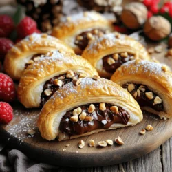 - 1 can of refrigerated crescent roll dough - 1/2 cup chocolate hazelnut spread - 1/4 cup chopped hazelnuts (toasted if desired) - 1 egg (for egg wash) - 1 tablespoon milk - Powdered sugar (for dusting) - A pinch of sea salt - You can use almond butter or peanut butter instead of chocolate hazelnut spread. - Try walnuts or pecans in place of hazelnuts for a different crunch. - For a dairy-free egg wash, use a mixture of water and oil. These ingredients come together to create a treat that warms the heart. Each bite offers a mix of soft dough, rich chocolate, and crunchy nuts. You can easily swap ingredients to make these crescents fit your taste. Using different spreads or nuts can change the flavor in fun ways. 1. Preheating the oven and preparing the baking sheet First, heat your oven to 375°F (190°C). This step ensures that your crescents bake evenly. While the oven heats, line a baking sheet with parchment paper. This keeps the crescents from sticking and makes cleanup easy. 2. Unrolling and separating the crescent roll dough Next, grab your can of refrigerated crescent roll dough. Open the can carefully to avoid a surprise pop! Unroll the dough on a clean surface. You’ll see that it separates into triangles. Make sure to keep them distinct, as you will fill each one. 1. Adding filling to the dough triangles Now comes the fun part! Take a generous teaspoon of chocolate hazelnut spread and place it at the wide end of each triangle. Don’t be shy; you want a nice, gooey center! Then, sprinkle a few chopped hazelnuts on top. This adds crunch and flavor. Finally, add a pinch of sea salt to enhance the sweetness. 2. Rolling and sealing the crescents Starting at the wide end, roll each triangle toward the tip. Make sure to tuck the filling inside as you go. Press the edges lightly to seal them. This step keeps the yummy filling from leaking out while baking. 1. Applying egg wash and baking time In a small bowl, whisk together one egg and one tablespoon of milk. This mixture is called egg wash. Brush it over the tops of your crescents. This gives them a nice golden color as they bake. Place the stuffed crescents on your prepared baking sheet, leaving space between each one. 2. Cooling and dusting with powdered sugar Bake the crescents in your preheated oven for 12-15 minutes. Keep an eye on them until they turn golden brown and puff up. Once baked, remove them from the oven and let them cool for a few minutes. Just before serving, dust the tops with powdered sugar for a sweet finish. To make your Chocolate Hazelnut Stuffed Crescents great, start with the right oven temp. Preheat your oven to 375°F (190°C). This temperature helps the dough puff up nicely. Bake them for 12-15 minutes. Watch for a golden color; it means they are ready! To get a flaky texture, do not rush. Allow enough space between each crescent on the baking sheet. This space lets hot air flow. It helps them bake evenly and rise well. When serving, make it look pretty! Place the crescents on a rustic wooden board. You can also use a bright plate to make colors pop. Add fresh berries or mint leaves for a lovely touch. Pair your crescents with a glass of cold milk, coffee, or even hot chocolate. Each bite is better with a drink to balance the sweet flavors. Many people overfill their crescents. This can cause the filling to ooze out while baking. Stick to a generous teaspoon of chocolate hazelnut spread. Trust me, it is enough! Also, sealing the edges is key. If they are not sealed well, the filling escapes. Gently press the edges together after rolling. This step ensures a delicious surprise inside each bite. {{image_2}} You can change up the flavor of your Chocolate Hazelnut Stuffed Crescents in fun ways. Try using different chocolate spreads like white chocolate or dark chocolate. Each option gives a new taste twist. You can also infuse flavors with spices or extracts. A dash of cinnamon or a splash of vanilla can add warmth and depth to your treat. For those with dietary needs, there are easy swaps. Use gluten-free crescent roll options to make this treat safe for everyone. Many brands offer gluten-free dough that works just as well. For a vegan version, look for egg-free dough and a plant-based chocolate spread. These changes let more people enjoy these delicious crescents. The filling is where you can get really creative! Try adding fruits like sliced bananas or berries for a fresh pop. Cream cheese adds a rich and tangy flavor, too. You can even mix in some peanut butter for a nutty twist. The options are endless, and each one can make your crescents unique and tasty. To keep your Chocolate Hazelnut Stuffed Crescents fresh, place them in an airtight container. This will help prevent them from drying out. You can store them in the fridge for up to three days. If you want to keep them longer, consider freezing them. Just make sure to wrap each crescent well in plastic wrap before placing them in a freezer bag. They can last in the freezer for about a month. To reheat your crescents, the best method is to use an oven. Preheat your oven to 350°F (175°C). Place the crescents on a baking sheet and cover them loosely with foil. Bake for about 10 minutes. This will warm them through without making them soggy. If you want to restore their crispiness, remove the foil for the last few minutes of baking. You can also use an air fryer for a quick reheat. Set it to 350°F (175°C) and heat for 5 to 7 minutes. This will give them a nice crunch. Enjoy your delicious treats warm! It takes about 10 minutes to prep and 12-15 minutes to cook. The total time is around 25 minutes. You can enjoy these tasty treats in no time! Yes, you can freeze them! After baking, let them cool completely. Place them in an airtight container or freezer bag. They can last up to two months in the freezer. To thaw, just leave them in the fridge overnight or warm them in the oven at 350°F for a few minutes. You can serve them with fresh berries, whipped cream, or a scoop of ice cream. A drizzle of chocolate sauce also adds a fun touch. Pair them with coffee or tea for a lovely afternoon snack! You can find them at local bakeries or specialty stores that offer gourmet treats. Some grocery stores also carry pre-made options in their bakery section. Check online for local delivery or order from bakeries that ship nationwide. This blog post covered how to make Chocolate Hazelnut Stuffed Crescents. We explored each ingredient, from crescent dough to hazelnuts. You learned step-by-step how to prepare, assemble, and bake. I shared tips to avoid mistakes and variations to suit your taste. In summary, these crescents are easy to make and fun to customize. Enjoy serving them at any gathering or treat yourself! Happy baking!