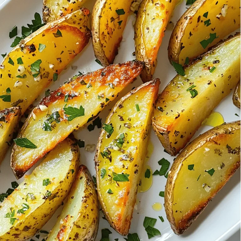 To make Air Fryer Garlic Herb Potato Wedges, gather these simple ingredients: - 4 medium russet potatoes - 3 tablespoons olive oil - 4 cloves garlic, minced - 1 tablespoon dried oregano - 1 tablespoon dried thyme - 1 teaspoon paprika - 1 teaspoon salt - ½ teaspoon black pepper - Fresh parsley, chopped (for garnish) Using russet potatoes gives a nice texture. They turn crispy on the outside and soft inside. Olive oil adds flavor and helps with browning. Fresh garlic brings a bold taste, while the herbs add depth. Feel free to adjust the spices to match your taste. If you love heat, add more paprika. If you prefer a milder flavor, use less garlic. The fresh parsley at the end adds a pop of color and freshness. Now, let’s get ready to cook! First, set your air fryer to 400°F (200°C). Let it preheat for about 5 minutes. This step helps the wedges cook evenly and become crispy. Next, wash your 4 medium russet potatoes. Cut them into wedges, making sure they are all about the same size. In a large bowl, toss the wedges with 3 tablespoons of olive oil. This step is key for flavor. Now, add 4 minced garlic cloves, 1 tablespoon of dried oregano, and 1 tablespoon of dried thyme. Sprinkle in 1 teaspoon of paprika, 1 teaspoon of salt, and ½ teaspoon of black pepper. Mix everything well. Make sure each wedge gets coated in that tasty mix. Place your seasoned potato wedges in the air fryer basket. Arrange them in a single layer. Avoid overcrowding. If you have too many, cook them in batches. This ensures they get crispy all over. Cook the wedges for about 15-20 minutes. Halfway through, shake the basket. This helps them cook evenly. Keep an eye on them. You want them golden brown and crispy on the outside. When they’re done, use tongs to carefully take them out. Place the wedges on a serving plate. To finish, sprinkle some fresh chopped parsley on top. Enjoy your crispy delight! To get those potato wedges nice and crispy, start by soaking them. Rinse the cut wedges in cold water for about 30 minutes. This step helps remove excess starch. After soaking, dry them well with a clean towel. The less moisture, the crispier they will be. When you toss them in olive oil, make sure they are evenly coated, but not dripping. Spread the wedges in a single layer in the air fryer. If they are too crowded, they will steam rather than crisp. The beauty of these potato wedges is in the spices. Feel free to mix and match! If you love heat, add a pinch of cayenne pepper. Want something zesty? A sprinkle of lemon zest works wonders. I often play with fresh herbs, too. Try fresh thyme or rosemary if you have them. Remember, you can always taste the mix before cooking. Adjust the salt and pepper to your liking. This way, you make sure every bite is packed with flavor. Keeping your air fryer clean helps it last longer and work better. After each use, wipe down the basket and the inner surface with a damp cloth. If there’s stubborn food stuck on, soak the basket in warm soapy water for a bit. Avoid using metal utensils, as they can scratch the surface. Regularly check the air fryer’s filters, too. A clean air fryer cooks evenly and gives you those perfect crispy potato wedges every time. {{image_2}} For a kick, add heat to your potato wedges. Mix in 1 teaspoon of cayenne pepper with the other seasonings. This spice gives a nice warmth. If you want more heat, add more cayenne. You can also serve these wedges with a spicy dipping sauce. A chipotle mayo works great! If you love cheese, this version is for you. After cooking the wedges, sprinkle ½ cup of shredded cheese on top. Cheddar or mozzarella both work well. Pop the basket back in the air fryer for 2-3 minutes. This melts the cheese and adds a creamy texture. You can easily make these potato wedges vegan. Simply use a vegan oil, like avocado or coconut oil. All the seasonings are vegan-friendly, so no need to change those. Garnish with fresh herbs for a tasty touch. These options keep the flavors bold and fun! To keep your leftover potato wedges fresh, let them cool first. Once cooled, place them in an airtight container. You can store them in the fridge for up to 3 days. If you want to keep them longer, consider freezing. When you're ready to enjoy the leftover wedges, preheat your air fryer to 350°F (175°C). This temperature helps them get crispy again. Place the wedges in the basket in a single layer. Heat them for about 5-7 minutes. Shake the basket halfway through to ensure even heating. If you want to freeze your potato wedges, first let them cool completely. Spread them out on a baking sheet in a single layer. Freeze them for about 1-2 hours until firm. Then, transfer the wedges to a freezer-safe bag or container. They can last for up to 2 months. When you're ready to eat, cook them straight from frozen for about 15-20 minutes in the air fryer. You cook potato wedges for 15 to 20 minutes. Start at 400°F (200°C). Shake the basket halfway to help them cook evenly. They should turn golden brown and crispy when done. If you want extra crispiness, add a few more minutes. Yes, you can use other potatoes. Yukon Gold or sweet potatoes work well. Each type has a different flavor. Just cut them into wedges like russet potatoes. Cooking times may vary slightly, so check for doneness. Dipping sauces add fun to potato wedges. Try these options: - Ketchup - Ranch dressing - Garlic aioli - Spicy mayo - BBQ sauce Feel free to mix your favorite sauces. The options are endless! You now have a clear path to making tasty air fryer potato wedges. We covered key ingredients and helpful steps to guide you. Remember to adjust seasonings to suit your taste. Try variations for extra flavor, like spicy or cheesy. Don't forget proper storage for leftovers and easy reheating tips. Experiment and enjoy your delicious creations! Happy cooking!