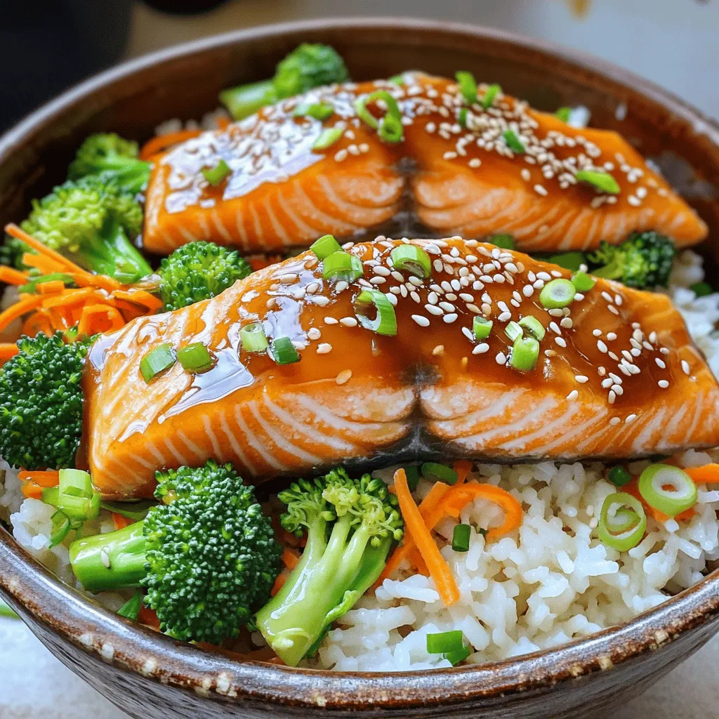 To create a tasty Baked Teriyaki Salmon Bowl, you need some key ingredients: - 2 salmon fillets - 1/4 cup teriyaki sauce - 1 tablespoon honey - 1 teaspoon grated ginger - 2 cups cooked rice (white or brown) - 1 cup steamed broccoli florets - 1 cup shredded carrots - 1/4 cup green onions, sliced - Sesame seeds for garnish - Salt and pepper to taste These ingredients bring a mix of flavors and textures to your dish. The salmon is rich and flaky, while the rice adds a filling base. Fresh veggies like broccoli and carrots add crunch and color. You can enhance the flavor of your bowl with these extra ingredients: - Sliced avocado for creaminess - Edamame for protein - Seaweed strips for a savory touch - Lime wedges for a burst of citrus Adding these options can make your meal even more exciting. They introduce new tastes and make the bowl more colorful. If you're looking for healthier swaps, consider these substitutes: - Use quinoa instead of rice for added protein and fiber. - Swap teriyaki sauce with a low-sodium soy sauce for less salt. - Choose baked tofu instead of salmon for a plant-based option. These substitutes keep the dish tasty while making it healthier. They allow you to enjoy the flavors while catering to your diet. - Preheat the Oven: Start by preheating your oven to 400°F (200°C). This ensures your salmon bakes evenly. - Marinate the Salmon: In a small bowl, mix 1/4 cup teriyaki sauce, 1 tablespoon honey, and 1 teaspoon grated ginger. This blend adds a lovely sweet and tangy flavor. Place the 2 salmon fillets in a shallow dish. Pour the marinade over the fillets. Let them sit for at least 15 minutes to soak in all the goodness. - Detailed Baking Instructions: Line a baking sheet with parchment paper. This makes for easy cleanup later. Place the marinated salmon fillets on the sheet. Save any leftover marinade for later. Bake the salmon in the preheated oven for 12-15 minutes. The fish should flake easily with a fork when done. Halfway through the baking time, brush the fillets with the reserved marinade. This boosts the flavor and keeps the salmon moist. - Layering the Rice and Vegetables: While the salmon bakes, prepare your serving bowls. Use 2 cups of cooked rice, either white or brown. Spoon the rice into each bowl. Top the rice with 1 cup of steamed broccoli florets and 1 cup of shredded carrots. - Final Touches: Place a salmon fillet on top of the veggies. Sprinkle 1/4 cup sliced green onions and sesame seeds for a nice crunch. Season with salt and pepper to taste. For a great look, drizzle any remaining teriyaki glaze over the salmon and veggies. Enjoy your dish! To get the best flavor, marinate the salmon properly. Mix teriyaki sauce, honey, and grated ginger well. Place the salmon fillets in a dish and pour the marinade over them. Let them soak for at least 15 minutes. This time allows the fish to absorb the sweet and savory flavors. If you have more time, marinate it for up to an hour for even better taste. Baking salmon is simple but needs attention. Preheat your oven to 400°F (200°C). Line a baking sheet with parchment paper to avoid sticking. Place the marinated salmon on the sheet. Bake them for 12 to 15 minutes. Check for doneness by seeing if the fish flakes easily with a fork. Halfway through, brush the salmon with the reserved marinade for extra taste. This step adds a rich glaze and keeps it moist. Garnishing makes your dish look appealing. After assembling your bowl, sprinkle sliced green onions on top. This adds a fresh flavor and nice color. Then, add sesame seeds for crunch. You can also drizzle extra teriyaki sauce over the bowl. Serve it in a deep bowl for a beautiful presentation. Stack the rice, veggies, and salmon neatly for a lovely look. {{image_2}} You can switch up the fish in your teriyaki bowl. Try using tuna, trout, or even tilapia. These fish work well with teriyaki's sweet and salty taste. If you want a non-fish option, use chicken or shrimp. Both cook fast and soak up flavors nicely. If you prefer a plant-based meal, tofu is a great choice. Firm tofu absorbs the teriyaki sauce well. You can also roast chickpeas for a crunchy texture. Another option is tempeh, which has a nutty flavor that pairs well with teriyaki. You can easily change the marinade to fit your taste. Add garlic for a stronger flavor or sesame oil for a toasted taste. Try using orange juice for a citrus twist. For a spicy kick, mix in some chili paste or red pepper flakes. Each variation can give your dish a new and exciting taste! To store your leftover Baked Teriyaki Salmon Bowl, follow these steps: - Cool Down: Let the bowl cool to room temperature. - Use Airtight Containers: Place the salmon and veggies in a container with a lid. - Refrigerate: Store in the fridge for up to 3 days. This keeps the flavors fresh and safe to eat. When you want to enjoy your leftovers, reheating is key. Here’s how to do it right: - Microwave: Heat on medium power for 1-2 minutes. Check every 30 seconds. - Oven: Preheat the oven to 350°F (175°C). Bake for about 10 minutes. Using this method keeps the salmon moist. - Avoid Overheating: This can dry out the fish and veggies. Making a Baked Teriyaki Salmon Bowl for meal prep is smart and easy. Here are some ideas: - Batch Cooking: Cook several salmon fillets at once. - Use Different Grains: Swap rice for quinoa or farro for variety. - Mix Veggies: Change up the veggies. Try bell peppers, snap peas, or zucchini. This gives you many tasty meals ready to go. It’s all about keeping it fun and fresh! You should marinate the salmon for at least 15 minutes. This time allows the fish to soak up the flavors. If you have more time, you can marinate it for up to 30 minutes. Just be careful not to over-marinate, as it can break down the fish too much. Yes, you can use store-bought teriyaki sauce. It saves time and still tastes great. Look for a sauce that has good ingredients and a flavor you enjoy. Just remember to check the label for added sugars or preservatives. Several sides go well with a Teriyaki Salmon Bowl. Here are some ideas: - Steamed broccoli: Adds color and nutrition. - Shredded carrots: Adds crunch and sweetness. - Edamame: Provides protein and a fun texture. - Seaweed salad: Offers a unique taste and is very refreshing. - Pickled vegetables: They give a tangy contrast to the salmon. These sides make your bowl more colorful and delicious. Enjoy mixing and matching! In this post, we covered how to make a delicious baked teriyaki salmon bowl. We explored the main and optional ingredients and offered smart substitutes. You learned step-by-step instructions for preparing and baking salmon, along with tips for marinating and serving. We discussed variations to fit your taste and how to store extras for later. Enjoy this meal with your loved ones. It’s simple, healthy, and full of flavor!