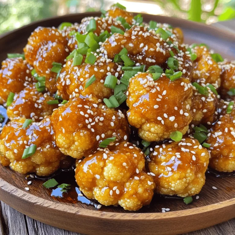 To make sticky sesame cauliflower, you’ll need the following ingredients: - 1 medium head of cauliflower, cut into florets - 1 cup cornstarch - 1/2 cup vegetable oil (for frying) - 1/4 cup soy sauce - 1/4 cup maple syrup - 1 tablespoon rice vinegar - 1 tablespoon sesame oil - 2 cloves garlic, minced - 1 teaspoon ginger, grated - 2 tablespoons sesame seeds - 2 green onions, chopped (for garnish) - Salt and pepper to taste Having the right tools makes cooking easier. Here are the must-haves: - Large mixing bowl - Large pan or wok - Small saucepan - Paper towels for draining - Spatula or tongs for tossing If you lack an ingredient, don’t worry! Here are some smart swaps: - Use almond flour instead of cornstarch for coating. - If you don’t have vegetable oil, canola oil works well too. - Swap maple syrup with honey for sweetness. - Use apple cider vinegar if rice vinegar is not available. - Try sunflower oil instead of sesame oil for a different taste. - You can replace green onions with chives for garnish. These substitutions won't change the dish much and can fit your pantry needs. To start, grab one medium head of cauliflower. Cut it into nice, bite-sized florets. Place the florets in a large bowl. Sprinkle salt and pepper on them for flavor. Then, add one cup of cornstarch. Toss everything together until the cauliflower is fully coated. This coating helps create a crispy texture. Next, heat up half a cup of vegetable oil in a large pan or wok. Set the heat to medium-high. Once the oil is hot, carefully add the cauliflower in small batches. Avoid overcrowding the pan. Fry the florets until they turn a beautiful golden color and crispy, about 5 to 7 minutes. Use a slotted spoon to remove them and set them on paper towels to drain the excess oil. While the cauliflower cooks, you can make the sticky sauce. In a small saucepan, mix together a quarter cup of soy sauce, a quarter cup of maple syrup, one tablespoon of rice vinegar, and one tablespoon of sesame oil. Add two minced garlic cloves and one teaspoon of grated ginger. Heat this mixture over low heat, stirring often. After about 2 to 3 minutes, the sauce will be warm and fragrant, ready to coat your crispy cauliflower. To get the best sticky sesame cauliflower, follow these simple steps. First, coat your cauliflower florets well with cornstarch. This helps create a crispy texture when frying. Heat your oil to medium-high. If the oil is not hot enough, the cauliflower will soak up the oil. Fry the florets in batches to avoid crowding. This ensures even cooking and crispiness. Fry for 5-7 minutes until golden brown. After frying, let them drain on paper towels. This will keep them crispy. You can easily adjust this recipe for different diets. To make it gluten-free, use tamari instead of soy sauce. For a vegan option, ensure your maple syrup is pure and not mixed with other sweeteners. If you want more protein, you can add tofu or tempeh. Marinate them in the sauce for extra flavor. You can even swap the cauliflower for broccoli or Brussels sprouts for a twist. Avoid a few common mistakes to make the best sticky sesame cauliflower. Do not skip the cornstarch; it is key for crispiness. Also, be careful not to overcrowd the pan when frying. This can lead to soggy cauliflower. Make sure the oil is hot before adding the florets. Finally, don’t forget to toss the cauliflower in the sauce quickly after frying. This ensures every piece gets coated in that delicious sticky sauce. {{image_2}} You can easily change the sauce to fit your taste. Try using teriyaki sauce instead of soy sauce for a sweeter twist. A spicy hoisin sauce adds a kick, too. You can also mix soy sauce with peanut butter for a rich flavor. If you want a tangy touch, add a splash of lime juice to your sauce mix. Sticky sesame cauliflower can be a great base for more protein. You can add cooked tofu or tempeh for a hearty meal. Chickpeas work well, too, and they add extra fiber. If you like meat, toss in some cooked chicken or shrimp. This makes the dish more filling and satisfying. If you crave heat, add red pepper flakes to your sauce. You could also use sriracha for a spicy kick. For a deeper flavor, try using chili garlic sauce. Mix in fresh sliced jalapeños before serving for a bold taste. Adjust the spice level based on your preferences for a dish that excites your palate. To keep your sticky sesame cauliflower fresh, store it in an airtight container. Let it cool completely before sealing. This helps prevent sogginess. You can keep it in the fridge for up to three days. If you plan to eat it later, avoid adding the sauce until you reheat it. To reheat your leftovers, use a skillet over medium heat. Add a splash of water or oil to help steam the cauliflower. Stir it gently for about 5-7 minutes until hot. You can also use the microwave. Heat in short bursts of 30 seconds, stirring in between. This keeps the cauliflower tender yet crispy. You can freeze sticky sesame cauliflower, but it might lose some crunch. To freeze, store it in a freezer-safe bag after cooling. Squeeze out the air to prevent freezer burn. It will last for about three months. To enjoy, thaw it in the fridge overnight and reheat using the skillet method for best results. To get that perfect crunch, coat the cauliflower florets in cornstarch first. This creates a nice barrier that keeps moisture away. Fry the florets in hot oil without crowding the pan. Fry them in batches. This allows the heat to circulate and makes them crispy. Drain them on paper towels to soak up extra oil. You’ll love the golden brown color. Yes, you can make this dish gluten-free. Just swap regular soy sauce for gluten-free soy sauce or tamari. This will keep that savory flavor while avoiding gluten. Make sure your other ingredients, like the rice vinegar and cornstarch, are gluten-free as well. Absolutely! Sticky Sesame Cauliflower is great for meal prep. You can cook a big batch and store it for later. Just keep the sauce separate until you are ready to eat. This helps maintain the crispiness of the cauliflower. Leftovers can last in the fridge for up to three days. Store them in an airtight container to keep them fresh. If you want to eat them later, just remember to reheat them in the oven for best results. This helps keep them crispy instead of mushy. You can serve Sticky Sesame Cauliflower with rice or quinoa for a complete meal. It also pairs well with a fresh salad or steamed veggies. For a fun twist, try it in a wrap or as a topping on a grain bowl. The options are endless! You learned about the key ingredients and tools for making Sticky Sesame Cauliflower. I shared step-by-step instructions and tips for perfect cooking. Understanding variations and storage helps you get the most from your dish. Remember, cooking can be fun and flexible! Use these tips to impress your family and friends with your skill. Enjoy creating and sharing this tasty dish. Happy cooking!