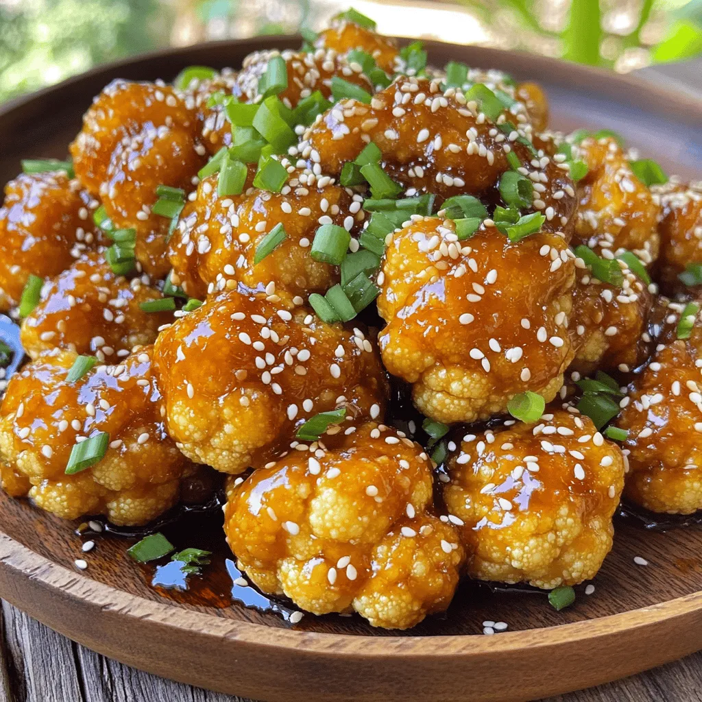To make sticky sesame cauliflower, you’ll need the following ingredients: - 1 medium head of cauliflower, cut into florets - 1 cup cornstarch - 1/2 cup vegetable oil (for frying) - 1/4 cup soy sauce - 1/4 cup maple syrup - 1 tablespoon rice vinegar - 1 tablespoon sesame oil - 2 cloves garlic, minced - 1 teaspoon ginger, grated - 2 tablespoons sesame seeds - 2 green onions, chopped (for garnish) - Salt and pepper to taste Having the right tools makes cooking easier. Here are the must-haves: - Large mixing bowl - Large pan or wok - Small saucepan - Paper towels for draining - Spatula or tongs for tossing If you lack an ingredient, don’t worry! Here are some smart swaps: - Use almond flour instead of cornstarch for coating. - If you don’t have vegetable oil, canola oil works well too. - Swap maple syrup with honey for sweetness. - Use apple cider vinegar if rice vinegar is not available. - Try sunflower oil instead of sesame oil for a different taste. - You can replace green onions with chives for garnish. These substitutions won't change the dish much and can fit your pantry needs. To start, grab one medium head of cauliflower. Cut it into nice, bite-sized florets. Place the florets in a large bowl. Sprinkle salt and pepper on them for flavor. Then, add one cup of cornstarch. Toss everything together until the cauliflower is fully coated. This coating helps create a crispy texture. Next, heat up half a cup of vegetable oil in a large pan or wok. Set the heat to medium-high. Once the oil is hot, carefully add the cauliflower in small batches. Avoid overcrowding the pan. Fry the florets until they turn a beautiful golden color and crispy, about 5 to 7 minutes. Use a slotted spoon to remove them and set them on paper towels to drain the excess oil. While the cauliflower cooks, you can make the sticky sauce. In a small saucepan, mix together a quarter cup of soy sauce, a quarter cup of maple syrup, one tablespoon of rice vinegar, and one tablespoon of sesame oil. Add two minced garlic cloves and one teaspoon of grated ginger. Heat this mixture over low heat, stirring often. After about 2 to 3 minutes, the sauce will be warm and fragrant, ready to coat your crispy cauliflower. To get the best sticky sesame cauliflower, follow these simple steps. First, coat your cauliflower florets well with cornstarch. This helps create a crispy texture when frying. Heat your oil to medium-high. If the oil is not hot enough, the cauliflower will soak up the oil. Fry the florets in batches to avoid crowding. This ensures even cooking and crispiness. Fry for 5-7 minutes until golden brown. After frying, let them drain on paper towels. This will keep them crispy. You can easily adjust this recipe for different diets. To make it gluten-free, use tamari instead of soy sauce. For a vegan option, ensure your maple syrup is pure and not mixed with other sweeteners. If you want more protein, you can add tofu or tempeh. Marinate them in the sauce for extra flavor. You can even swap the cauliflower for broccoli or Brussels sprouts for a twist. Avoid a few common mistakes to make the best sticky sesame cauliflower. Do not skip the cornstarch; it is key for crispiness. Also, be careful not to overcrowd the pan when frying. This can lead to soggy cauliflower. Make sure the oil is hot before adding the florets. Finally, don’t forget to toss the cauliflower in the sauce quickly after frying. This ensures every piece gets coated in that delicious sticky sauce. {{image_2}} You can easily change the sauce to fit your taste. Try using teriyaki sauce instead of soy sauce for a sweeter twist. A spicy hoisin sauce adds a kick, too. You can also mix soy sauce with peanut butter for a rich flavor. If you want a tangy touch, add a splash of lime juice to your sauce mix. Sticky sesame cauliflower can be a great base for more protein. You can add cooked tofu or tempeh for a hearty meal. Chickpeas work well, too, and they add extra fiber. If you like meat, toss in some cooked chicken or shrimp. This makes the dish more filling and satisfying. If you crave heat, add red pepper flakes to your sauce. You could also use sriracha for a spicy kick. For a deeper flavor, try using chili garlic sauce. Mix in fresh sliced jalapeños before serving for a bold taste. Adjust the spice level based on your preferences for a dish that excites your palate. To keep your sticky sesame cauliflower fresh, store it in an airtight container. Let it cool completely before sealing. This helps prevent sogginess. You can keep it in the fridge for up to three days. If you plan to eat it later, avoid adding the sauce until you reheat it. To reheat your leftovers, use a skillet over medium heat. Add a splash of water or oil to help steam the cauliflower. Stir it gently for about 5-7 minutes until hot. You can also use the microwave. Heat in short bursts of 30 seconds, stirring in between. This keeps the cauliflower tender yet crispy. You can freeze sticky sesame cauliflower, but it might lose some crunch. To freeze, store it in a freezer-safe bag after cooling. Squeeze out the air to prevent freezer burn. It will last for about three months. To enjoy, thaw it in the fridge overnight and reheat using the skillet method for best results. To get that perfect crunch, coat the cauliflower florets in cornstarch first. This creates a nice barrier that keeps moisture away. Fry the florets in hot oil without crowding the pan. Fry them in batches. This allows the heat to circulate and makes them crispy. Drain them on paper towels to soak up extra oil. You’ll love the golden brown color. Yes, you can make this dish gluten-free. Just swap regular soy sauce for gluten-free soy sauce or tamari. This will keep that savory flavor while avoiding gluten. Make sure your other ingredients, like the rice vinegar and cornstarch, are gluten-free as well. Absolutely! Sticky Sesame Cauliflower is great for meal prep. You can cook a big batch and store it for later. Just keep the sauce separate until you are ready to eat. This helps maintain the crispiness of the cauliflower. Leftovers can last in the fridge for up to three days. Store them in an airtight container to keep them fresh. If you want to eat them later, just remember to reheat them in the oven for best results. This helps keep them crispy instead of mushy. You can serve Sticky Sesame Cauliflower with rice or quinoa for a complete meal. It also pairs well with a fresh salad or steamed veggies. For a fun twist, try it in a wrap or as a topping on a grain bowl. The options are endless! You learned about the key ingredients and tools for making Sticky Sesame Cauliflower. I shared step-by-step instructions and tips for perfect cooking. Understanding variations and storage helps you get the most from your dish. Remember, cooking can be fun and flexible! Use these tips to impress your family and friends with your skill. Enjoy creating and sharing this tasty dish. Happy cooking!