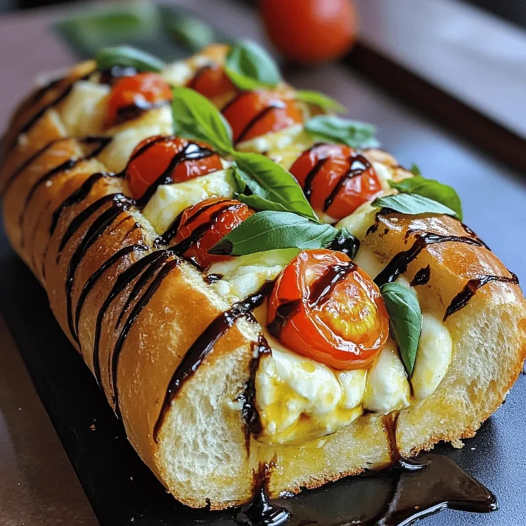 To make Caprese stuffed garlic bread, you will need: - 1 large loaf of crusty Italian bread - 4 tablespoons unsalted butter, softened - 3 cloves garlic, minced - 1 cup fresh basil leaves, roughly chopped - 1 cup cherry tomatoes, halved - 1 cup fresh mozzarella cheese, diced - 1 tablespoon balsamic glaze - Salt and pepper to taste These key ingredients create a perfect blend of flavors. The crusty bread holds the filling well, while the garlic butter gives it a rich taste. The fresh basil adds a pop of flavor, and the mozzarella melts perfectly. Cherry tomatoes provide sweetness and a juicy bite. You can customize your Caprese stuffed garlic bread with some optional ingredients: - Red pepper flakes for spice - Sliced olives for a briny touch - Pesto for extra depth of flavor - Fresh arugula for a peppery crunch Adding these ingredients can change the dish's flavor profile. Feel free to experiment! If you have specific dietary needs, consider these substitutions: - Use vegan butter instead of regular butter for a dairy-free option. - Swap mozzarella with vegan cheese to keep it plant-based. - For gluten-free eaters, choose gluten-free bread. These substitutions allow everyone to enjoy this tasty dish. Always check labels for any specific dietary restrictions. This way, you can make Caprese stuffed garlic bread work for you! Gather all your ingredients before starting. This helps you stay organized. You will need a large loaf of crusty Italian bread, butter, garlic, basil, tomatoes, mozzarella, balsamic glaze, salt, and pepper. Make sure your oven is ready at 375°F (190°C). You will find this makes the cooking easier. 1. Slice the Bread: Cut the Italian bread in half lengthwise. This will create a top and a bottom half. 2. Make Garlic Butter: In a small bowl, mix the softened butter with minced garlic. Stir until well combined. 3. Spread the Butter: Take the garlic butter and spread it on both cut sides of the bread. Make sure to cover it fully. 4. Mix the Filling: In another bowl, combine cherry tomatoes, diced mozzarella, and chopped basil. Add salt and pepper to taste. Gently toss everything together. 5. Stuff the Bread: Spoon the Caprese mixture onto the bottom half of the garlic bread. Make it nice and generous. 6. Add Balsamic Glaze: Drizzle balsamic glaze over the top of the filling. This adds a nice touch of flavor. 7. Reassemble the Bread: Place the top half of the bread back on. Wrap the whole loaf in aluminum foil. 8. Bake: Put the wrapped loaf in the oven for 15-20 minutes. Look for the cheese to melt and the bread to crisp up. 9. Finish Baking: Unwrap the foil and bake for an extra 5 minutes. This step will give your bread a golden crust. 10. Serve: Take it out from the oven. Let it cool for a couple of minutes. Slice it into pieces and serve warm. - Use fresh ingredients for the best taste. Fresh basil and mozzarella make a big difference. - Be careful not to overbake. You want the cheese melted but not burnt. - If you like more flavor, consider adding a pinch of red pepper flakes to the filling. - For a crunchier crust, bake the bread without foil for the last few minutes. One common mistake is not using enough garlic. Garlic adds a strong flavor. Use fresh minced garlic for the best taste. Another mistake is overfilling the bread. Too much filling can make it messy. Keep the mixture balanced for a nice bite. Also, don't skip the foil wrap. This helps the bread stay soft inside while getting crispy outside. To boost flavor, try adding crushed red pepper flakes. This gives a nice kick. You can also mix in some olive oil with the garlic butter. This adds richness and depth. For a fresh twist, consider adding a squeeze of lemon juice. It brightens the dish and balances the cheese. Lastly, use high-quality balsamic glaze. It adds sweetness and tang, enhancing the overall taste. Caprese stuffed garlic bread is great on its own. But it pairs well with a fresh salad. A simple arugula or mixed green salad works nicely. You can also serve it with a side of marinara sauce for dipping. This adds a fun, interactive element. For drinks, a chilled white wine or sparkling water complements the flavors perfectly. Enjoy it at a picnic or as a cozy dinner side! {{image_2}} You can make Caprese stuffed garlic bread vegetarian by sticking to the classic recipe. It already uses fresh basil, tomatoes, and mozzarella cheese. If you want a vegan version, swap the mozzarella for a plant-based cheese. You can also use a dairy-free butter or olive oil. This change keeps the dish creamy and tasty without any animal products. If you want to add protein, consider pepperoni, chicken, or turkey. These proteins can add more flavor and make the dish heartier. You can layer these meats between the cheese and veggies. Another great option is to add cooked bacon for a smoky flavor. Just remember to adjust the amount of salt since meats can be salty. Seasonal ingredients can change the taste of your garlic bread. In summer, use ripe heirloom tomatoes for sweetness. In fall, add roasted butternut squash for a warm, earthy flavor. In winter, consider using spinach or kale for a pop of color and nutrition. Each season brings new ingredients to explore, so feel free to get creative! After enjoying your Caprese stuffed garlic bread, you might have some leftovers. To keep them fresh, wrap the bread tightly in plastic wrap or foil. This keeps moisture in and prevents it from getting stale. Store it in the fridge for up to three days. If you want to enjoy it later, follow the freezing tips below. To reheat your garlic bread, you want it warm and crispy. Preheat your oven to 350°F (175°C). Unwrap the bread and place it on a baking sheet. Heat for about 10-15 minutes. This method helps the cheese melt again and keeps the bread crusty. You can also use a toaster oven for a quick reheat. If you have more than you can eat, freezing is a great option. First, let the stuffed bread cool completely. Then, wrap it tightly in plastic wrap and foil. This keeps the bread from getting freezer burn. You can freeze it for up to three months. When you're ready to enjoy it, thaw it in the fridge overnight before reheating. Serve Caprese Stuffed Garlic Bread warm. Slice it into pieces for easy sharing. This dish shines as a starter or a side. You can also serve it with extra balsamic glaze for dipping. Pair it with a fresh salad or a bowl of soup. These sides enhance the meal's flavors and textures. Yes, you can prep it ahead. Follow the recipe until the baking step. Wrap the stuffed bread tightly in foil and store it in the fridge. When you're ready to bake, just pop it in the oven. Bake as directed, adding a few extra minutes if cold. This makes it easy for busy days. Caprese Stuffed Garlic Bread pairs nicely with many sides. Here are a few options: - Mixed green salad with a light vinaigrette - Tomato soup for a cozy pairing - Grilled vegetables for a healthy touch - Antipasto platter with olives and cured meats These sides balance the richness of the bread. Caprese stuffed garlic bread blends fresh flavors that everyone loves. We explored key ingredients, customization tips, and dietary swaps. I shared steps to cook it perfectly, avoiding common mistakes. We also looked at fun variations and storage tips for leftovers. This dish shines at any meal and can fit many tastes. Try your own mix of flavors to make it unique. Enjoy creating this tasty treat with friends and family.