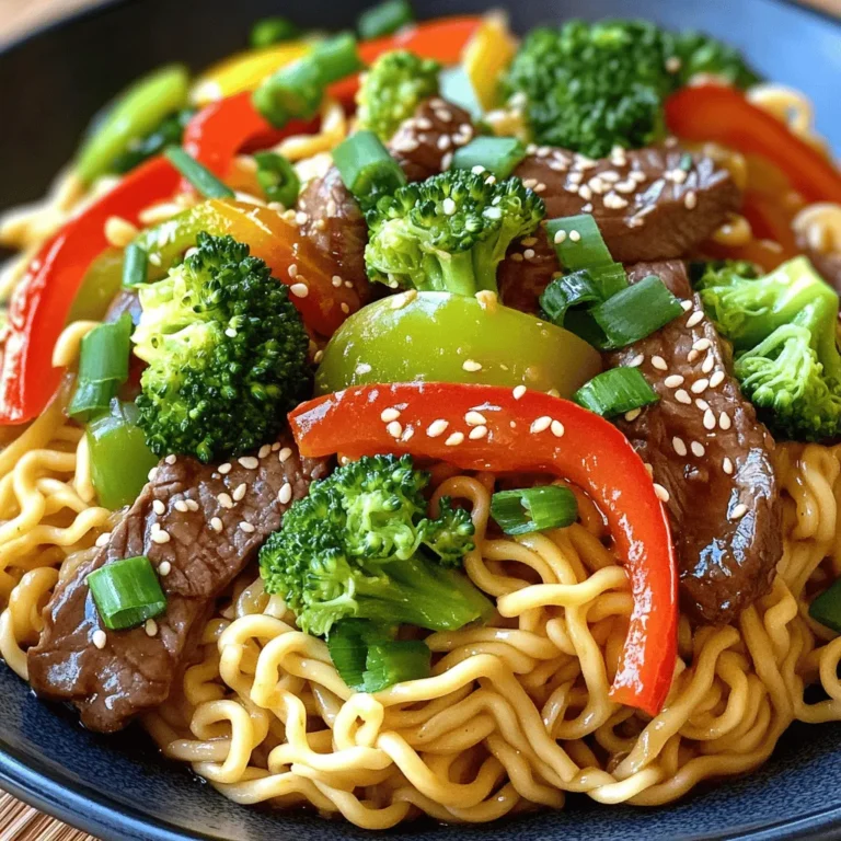 To make delicious Mongolian Beef Noodles, you'll need the following ingredients: - 8 oz. egg noodles - 1 lb. flank steak, thinly sliced against the grain - 3 tablespoons soy sauce - 2 tablespoons oyster sauce - 1 tablespoon cornstarch - 2 tablespoons vegetable oil - 3 cloves garlic, minced - 1-inch piece ginger, grated - 1 cup sliced bell peppers (red and green) - 1 cup broccoli florets - 2 green onions, chopped - 1 tablespoon sesame oil - 1 teaspoon red pepper flakes (optional) - Salt and pepper to taste Each ingredient plays a role in creating rich flavors. The egg noodles are the base that holds everything together. Flank steak adds protein and a great texture. Soy sauce and oyster sauce give depth and umami. Cornstarch helps the meat stay tender and adds a nice glaze. Vegetables like bell peppers and broccoli add color and nutrients. Garlic and ginger bring warmth and aroma. Sesame oil finishes the dish with a nutty flavor, while red pepper flakes can give it a kick if you prefer heat. Gather all these ingredients before you start cooking. It makes the process easy and fun! First, bring a large pot of salted water to a boil. Add the 8 oz. of egg noodles to the water. Cook them for about 4-5 minutes, or until they are tender. Stir occasionally to prevent sticking. Once they are done, drain the noodles in a colander. Set them aside for later. In a medium bowl, combine the 1 lb. of thinly sliced flank steak with 3 tablespoons of soy sauce, 2 tablespoons of oyster sauce, and 1 tablespoon of cornstarch. Mix well to coat the beef. Let it rest for at least 15 minutes. This helps the beef absorb the flavors and become tender. Heat a large skillet or wok over medium-high heat. Add 2 tablespoons of vegetable oil. When the oil is hot, add the marinated beef in batches. Cook for about 2-3 minutes on each side, until it is browned and cooked through. Remove the beef from the pan and set it aside. In the same skillet, add 3 cloves of minced garlic and 1-inch piece of grated ginger. Sauté for about 30 seconds until fragrant. Next, add 1 cup of sliced bell peppers and 1 cup of broccoli florets. Cook for about 4-5 minutes until they are tender-crisp. Return the cooked beef to the pan. Add the drained noodles along with 1 tablespoon of sesame oil and 1 teaspoon of red pepper flakes if you like heat. Toss everything together gently until well combined and heated through, about 2-3 minutes. Season with salt and pepper to taste. You can also add more soy sauce for extra flavor. Top with 2 chopped green onions before serving. - Best practices for beef slicing When slicing flank steak, cut against the grain. This helps keep the beef tender. Aim for thin slices, about 1/4 inch thick. A sharp knife makes this easier. If the beef is too soft, chill it for 15 minutes before slicing. This gives you better control. - Importance of marinating Marinating the beef adds flavor and helps tenderize it. Use soy sauce, oyster sauce, and cornstarch for the marinade. Let it rest for at least 15 minutes, but longer is better. This time lets the meat soak up the flavors. - Suggestions for additional sauces To boost the flavor, try adding hoisin sauce or chili sauce. Both add depth and a unique twist. If you want a sweeter taste, consider a drizzle of honey. This can balance the savory notes. - Optional spices for extra heat If you like spice, add red pepper flakes. Start with a teaspoon and adjust to your taste. Fresh chili peppers are another option. They add heat and color to your dish, making it more vibrant. - Serving styles and garnishes Serve the noodles in deep bowls. This helps keep everything in place. Top with chopped green onions and sesame seeds for a pop of color. A sprinkle of cilantro can also brighten the dish. - Ideal dishware for serving Choose wide, shallow bowls for a modern look. These create a beautiful presentation. If you want a rustic feel, use wooden bowls. They add charm and warmth to your meal. {{image_2}} If you want to switch up the meat, try chicken or tofu. Chicken works well and cooks fast. Use boneless chicken thighs or breasts. Slice them thinly like the beef. Marinate them the same way. Tofu is a great plant-based option. use firm tofu for best results. Press it to remove water, then cube it. This helps it soak up the flavors. You can still use the same sauces to keep the taste rich. Adding seasonal vegetables is a fun way to change the dish. You can use carrots, snap peas, or mushrooms. These veggies add color and crunch. When you cook them, aim for a tender-crisp texture. This keeps all the nutrients and flavors. You can even toss in some zucchini or baby corn for variety. Feel free to swap in what you have on hand! If you need a gluten-free option, swap the egg noodles. Use rice noodles or zucchini noodles instead. Rice noodles are easy to find and cook quickly. Just soak them in hot water until soft. Zucchini noodles, or zoodles, are a low-carb choice. Spiralize the zucchini and sauté it briefly. This keeps them crisp and fresh. Adjust the cooking time so they don’t get too soft. To keep your Mongolian beef noodles fresh, follow these steps: - Cool Down: Let the dish cool to room temperature. This prevents condensation. - Containers: Use airtight containers to store the noodles. Glass or BPA-free plastic works well. - Fridge Storage: Place the sealed container in the fridge. Enjoy within 3 to 4 days. - Freezing: For longer storage, freeze the noodles. Use freezer-safe bags or containers. They last up to 2 months in the freezer. When it’s time to enjoy leftovers, here’s how to do it right: - Microwave: Place the noodles in a microwave-safe bowl. Add a splash of water to keep them moist. Heat for 1-2 minutes, stirring halfway through. - Stovetop: For a better texture, reheat on the stovetop. Add a little oil to a pan. Heat over medium until warmed through, about 5 minutes. Stir often to prevent sticking. Both methods work well, but stovetop heating keeps the noodles nice and chewy. Enjoy your delicious meal again! To make Mongolian Beef Noodles from scratch, gather these key ingredients: - 8 oz. egg noodles - 1 lb. flank steak, thinly sliced - 3 tablespoons soy sauce - 2 tablespoons oyster sauce - 1 tablespoon cornstarch - 2 tablespoons vegetable oil - 3 cloves garlic, minced - 1-inch piece ginger, grated - 1 cup sliced bell peppers - 1 cup broccoli florets - 2 green onions, chopped - 1 tablespoon sesame oil - 1 teaspoon red pepper flakes (optional) - Salt and pepper to taste Here are the main steps: 1. Cook the egg noodles as per the package. Drain them and set aside. 2. Marinate the flank steak with soy sauce, oyster sauce, and cornstarch for 15 minutes. 3. In a large skillet, heat the vegetable oil. Cook the beef until browned. 4. Sauté garlic and ginger for 30 seconds. Add bell peppers and broccoli, cooking them until tender. 5. Combine the beef, noodles, and sesame oil. Toss everything together for a few minutes. 6. Season with salt, pepper, and more soy sauce if you like. Top with green onions. Yes, you can use different types of noodles. Here are some options for noodle substitutions: - Rice noodles: These are lighter and gluten-free. - Soba noodles: They add a nutty flavor and are also gluten-free. - Udon noodles: These are thicker and chewier, giving a different texture. - Spaghetti or linguine: If you have these on hand, they can work too in a pinch. When serving Mongolian Beef Noodles, consider these side dishes: - Steamed dumplings: They add a nice bite. - Fried rice: A classic pairing that complements the flavors well. - Sesame cucumber salad: It brings a refreshing crunch. - Pickled vegetables: They offer a tangy contrast to the savory noodles. For drinks, try green tea or a light lager to balance the dish. Mongolian Beef Noodles offer a delicious meal filled with flavor and fun. We covered ingredients like egg noodles, flank steak, sauces, vegetables, and seasonings. Then, we walked through each cooking step, from boiling noodles to marinating beef. Remember, you can customize with different proteins and fresh veggies. Always store leftovers properly for best taste. Follow these tips, and enjoy a tasty dish that brings excitement to your table. Happy cooking!