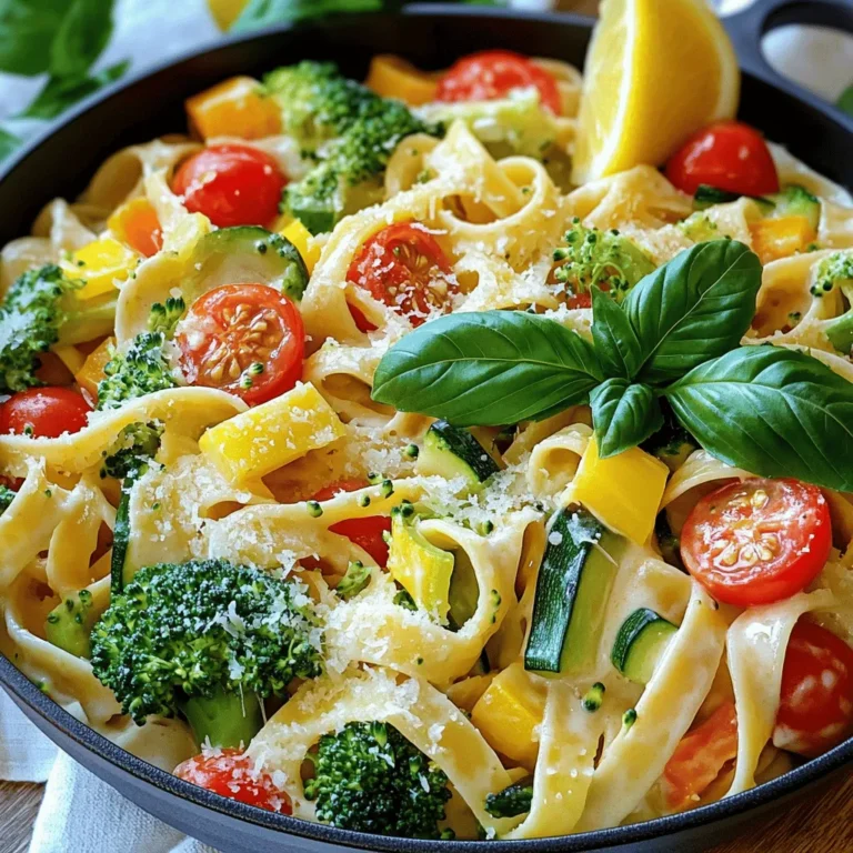 - 8 oz fettuccine or linguine - 2 tablespoons olive oil - 4 cloves garlic, minced - 1 cup cherry tomatoes, halved - 1 bell pepper (any color), sliced - 1 zucchini, sliced - 1 cup broccoli florets - 1 cup heavy cream - 1 lemon (zested and juiced) - 1/2 cup grated Parmesan cheese - Salt and pepper to taste - Fresh basil leaves for garnish For this recipe, I use 8 ounces of pasta. Fettuccine or linguine works well. I add 2 tablespoons of olive oil to sauté. Use 4 cloves of minced garlic for flavor. I like 1 cup of halved cherry tomatoes for sweetness. One bell pepper, sliced, brings color and crunch. A sliced zucchini adds a nice texture. I choose 1 cup of broccoli florets for more greens. The creamy base comes from 1 cup of heavy cream. I zest and juice 1 lemon for brightness. Lastly, 1/2 cup of grated Parmesan cheese adds richness. Season with salt and pepper to taste. I garnish with fresh basil leaves for a lovely touch. You can swap fettuccine for any pasta you prefer. Whole wheat pasta is a great option. If you need a dairy-free choice, use coconut cream instead of heavy cream. Nutritional yeast can replace Parmesan cheese for a vegan option. Use any color bell pepper you like. If you don’t have broccoli, try spinach or asparagus. You can even add peas for a sweet bite. First, fill a large pot with water and add salt. Bring the water to a boil. Once boiling, add 8 oz of fettuccine or linguine. Cook according to the package instructions, usually around 8-10 minutes, until it is al dente. This means it should be firm to the bite. After cooking, save 1/2 cup of the pasta water. Drain the rest and set the pasta aside. Next, take a large skillet and heat 2 tablespoons of olive oil over medium heat. Once the oil is hot, add 4 cloves of minced garlic. Sauté the garlic for about 30 seconds. You want it to smell great, not burn. Then, add 1 cup of halved cherry tomatoes, 1 sliced bell pepper, 1 sliced zucchini, and 1 cup of broccoli florets. Cook these for 5-7 minutes. The veggies should be tender but still bright and colorful. Reduce the heat to low for the next step. Pour in 1 cup of heavy cream, along with the zest and juice of 1 lemon. Stir everything well. Heat the cream until it gets warm. This will create a rich and creamy sauce. Keep an eye on it; we don’t want it to boil. Now it's time to mix the pasta with the sauce. Add the drained pasta into the skillet with the creamy vegetable sauce. Toss everything together gently. If the sauce is too thick, add a bit of the reserved pasta water a little at a time. This helps to make the sauce smooth and perfect. Finally, stir in 1/2 cup of grated Parmesan cheese. This adds a nice cheesy flavor. Season the dish with salt and pepper to taste. Let it cook for another minute to blend the flavors. Once done, remove it from heat. Serve the pasta right away, garnished with fresh basil leaves on top for a lovely finish. Enjoy your meal! To make the best pasta, use a large pot. Fill it with water and add salt. This helps the pasta absorb flavor while cooking. Cook the fettuccine until it's al dente, which means it's firm but not hard. This usually takes about 8 to 10 minutes. Remember to save some pasta water before draining it. This water can help adjust your sauce later. For a creamy sauce, start with heavy cream. Heat it gently to avoid burning. Add lemon zest and juice for brightness. Stir everything well and keep the heat low. If the sauce is too thick, add some reserved pasta water. This keeps the sauce silky and smooth. Grated Parmesan cheese adds richness and helps bind the sauce. Mix it in right before serving. To boost flavor, try adding fresh herbs like basil. Chop it finely and sprinkle it on top. You can also add a pinch of red pepper flakes for a little heat. For texture, consider roasting the vegetables before adding them. This adds a nice char and depth of flavor. Lastly, don’t skip the salt and pepper. They are key to bringing out all the tastes in your dish. {{image_2}} You can easily swap ingredients in this dish. If you need gluten-free options, use gluten-free pasta. It cooks well and tastes great. For a lighter dish, try using half-and-half instead of heavy cream. You can also use low-fat cheese or no cheese at all if you're watching fat intake. Adding protein to Creamy Lemon Garlic Pasta Primavera makes it heartier. You can cook shrimp or chicken in the skillet after the garlic. Just sauté until cooked through, then add your veggies. Tofu or chickpeas can be great plant-based options. They add a nice texture and absorb flavors well. For vegetarian options, just skip the cheese or use a vegetarian-friendly cheese. For a vegan dish, replace heavy cream with coconut cream or cashew cream. You can make cashew cream by blending soaked cashews with water until smooth. This keeps the dish creamy while being plant-based. To store your creamy lemon garlic pasta primavera, let it cool first. Once cool, place it in an airtight container. This helps keep it fresh. You can store it in the fridge for up to three days. If you want to keep it longer, freezing is a good option. When you are ready to eat the leftovers, take them out of the fridge. You can reheat the pasta on the stove or in the microwave. If using the stove, add a splash of water or cream to help the sauce become smooth again. Heat on low until warm. In the microwave, cover it loosely and heat in short bursts. Stir in between to ensure even heating. To freeze the dish, use a freezer-safe container. Make sure to leave some space at the top for expansion. This dish can be frozen for up to three months. When you are ready to eat, let it thaw in the fridge overnight. Reheat as mentioned above for the best taste and texture. Pasta Primavera is a simple pasta dish. It features fresh veggies and a creamy sauce. The name means “spring pasta” in Italian. It highlights seasonal vegetables, making it bright and colorful. You can use any veggies you like. This dish is perfect for warm days or any time you want something fresh. Yes, you can choose other types of pasta. Fettuccine and linguine work well, but penne or rotini are great too. Just remember to adjust cooking times as needed. All pasta types pair nicely with the creamy sauce. The key is to cook them until they are al dente. To make this dish gluten-free, switch to gluten-free pasta. Many brands offer good options that taste great. Check the package for cooking times since they can differ. The rest of the ingredients are naturally gluten-free. Just be sure to read labels for any hidden gluten. Yes, you can prepare this dish ahead of time. Cook the pasta and veggies, then mix them with the sauce. Store everything in an airtight container in the fridge. When you’re ready to eat, just reheat it on the stove or in the microwave. It’s best to enjoy it fresh, but it keeps well for a couple of days. This blog post covered all key parts of making Pasta Primavera. We explored the specific ingredients and their measurements, plus substitutions you can use. The step-by-step guide helped in cooking, sautéing, and creating the creamy sauce. Helpful tips showed how to get perfect pasta and enhance its flavor. We also looked at ways to modify the recipe for different diets. With proper storage and reheating info, your leftovers will stay tasty. Keep experimenting, and you’ll create a perfect dish each time. Enjoy your cooking!
