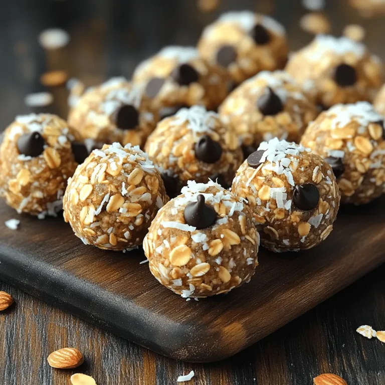 To make Almond Joy Energy Balls, gather these simple ingredients: - 1 cup rolled oats - 1/2 cup almond butter - 1/3 cup honey or maple syrup - 1/2 cup shredded unsweetened coconut - 1/4 cup dark chocolate chips - 1/4 cup chopped almonds - 1 teaspoon vanilla extract - 1/4 teaspoon salt These ingredients work together to create a tasty and healthy snack. You can easily adapt this recipe for different diets: - For a nut-free version, use sunflower seed butter instead of almond butter. - Substitute maple syrup for honey if you want a vegan option. - If you're gluten-free, make sure to use certified gluten-free oats. - You can replace dark chocolate chips with dairy-free chocolate for a vegan treat. These swaps help everyone enjoy this snack. Each Almond Joy Energy Ball has about: - Calories: 100 - Protein: 3g - Carbohydrates: 12g - Fat: 5g These little balls pack a punch of energy. They are perfect for snacks or a quick boost throughout the day. They combine healthy fats and natural sugars, making them a great choice for any time. First, gather your dry ingredients. You need: - 1 cup rolled oats - 1/2 cup shredded unsweetened coconut - 1/4 cup chopped almonds - 1/4 cup dark chocolate chips In a large mixing bowl, add the rolled oats, shredded coconut, chopped almonds, and dark chocolate chips. Mix everything well. Make sure to break up any clumps. This step is key for even flavor in each bite. Next, focus on the wet ingredients. You will need: - 1/2 cup almond butter - 1/3 cup honey or maple syrup - 1 teaspoon vanilla extract - 1/4 teaspoon salt In a separate bowl, add the almond butter, honey or maple syrup, vanilla extract, and salt. Stir until smooth. This mixture should be creamy and well combined. You can use a whisk or a spatula to make it easier. Now it's time to combine the two mixtures. Pour the wet mixture into the dry ingredients. Use your hands to mix everything together. The mixture should feel sticky but not too wet. If it feels too dry, add a bit more almond butter or honey. If it’s too sticky, sprinkle in more oats or coconut. Once you get the right texture, form small balls about 1 inch in diameter. Place each ball on a baking sheet lined with parchment paper. After forming all the balls, chill them in the fridge for at least 30 minutes. This helps them set and makes them easier to eat. Enjoy your tasty snack! To get the right texture, start with the right mix of dry and wet ingredients. The rolled oats and shredded coconut add a nice chew. Use almond butter for creaminess. If the mix feels too dry, add a touch more almond butter or honey. If it’s sticky, throw in a little more oats or coconut. You want a sticky but manageable mix. Roll it into balls easily. Store your energy balls in an airtight container. Keep them in the fridge for up to a week. For longer storage, freeze them. Line a baking sheet with parchment paper and place the balls on it. Freeze until solid, then transfer them to a freezer bag. They can last up to three months in the freezer. Just grab one when you need a snack! You can boost the flavor with fun add-ins. Try adding a scoop of protein powder for extra energy. Chia seeds or flaxseeds also add nutrition. Want a little crunch? Toss in some chopped nuts or seeds. You can also swap dark chocolate chips for milk chocolate or white chocolate. Experiment and find your favorite mix! {{image_2}} You can switch almond butter for other nut butters. Peanut butter adds a classic taste. Cashew butter gives a creamy twist. Sunflower seed butter works for nut-free diets. These options change the flavor while keeping the energy boost. Spices and extracts add fun flavors. Try adding cinnamon for warmth. A dash of cocoa powder enhances the chocolate taste. You can even use peppermint extract for a fresh touch. Each new flavor makes your energy balls exciting and unique. Want to boost nutrition? Add chia seeds or flaxseeds for healthy fats. They also add fiber and protein. Just a couple of tablespoons will do. These superfoods make your snack even better while keeping it tasty. To keep your Almond Joy Energy Balls fresh, store them in the fridge. Use an airtight container. This helps prevent them from drying out. I recommend enjoying them within one week. The cool temperature keeps the flavors intact. It also helps maintain their chewy texture. You can freeze these energy balls for longer storage. Place them in a freezer-safe bag. Separate layers with parchment paper to avoid sticking. They last up to three months in the freezer. When you're ready to eat them, just thaw them in the fridge overnight. This way, they stay tasty and ready to enjoy. To keep your energy balls fresh, avoid moisture. Always use clean hands or utensils when handling them. If you notice any excess moisture, dab it with a paper towel. This helps keep them from getting soggy. Keeping them sealed tight will keep their taste and texture perfect for your snacking needs. Yes, you can make Almond Joy Energy Balls vegan. Simply replace honey with maple syrup. Use almond butter that has no added ingredients. This swap keeps the energy balls sweet and tasty. Almond Joy Energy Balls last about a week in the fridge. Store them in an airtight container. If you want them to last longer, you can freeze them. They will stay fresh for up to three months in the freezer. Yes, you can replace honey with other sweeteners. Maple syrup works great as a substitute. You may also use agave syrup for a similar sweet taste. Just remember to adjust the amount to keep the right texture. In this blog post, we explored how to make delicious energy balls. We covered the right ingredients, substitutions for diets, and their nutrition. I shared steps to prepare dry and wet ingredients, mix them, and form the balls. We discussed tips for texture, storage, and flavor. Variations with nut butters and superfoods added fun. Proper storage keeps these snacks fresh and tasty. Try these energy balls for a quick, healthy treat. Enjoy your time in the kitchen!