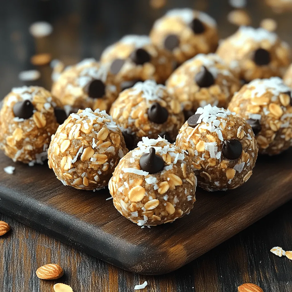 To make Almond Joy Energy Balls, gather these simple ingredients: - 1 cup rolled oats - 1/2 cup almond butter - 1/3 cup honey or maple syrup - 1/2 cup shredded unsweetened coconut - 1/4 cup dark chocolate chips - 1/4 cup chopped almonds - 1 teaspoon vanilla extract - 1/4 teaspoon salt These ingredients work together to create a tasty and healthy snack. You can easily adapt this recipe for different diets: - For a nut-free version, use sunflower seed butter instead of almond butter. - Substitute maple syrup for honey if you want a vegan option. - If you're gluten-free, make sure to use certified gluten-free oats. - You can replace dark chocolate chips with dairy-free chocolate for a vegan treat. These swaps help everyone enjoy this snack. Each Almond Joy Energy Ball has about: - Calories: 100 - Protein: 3g - Carbohydrates: 12g - Fat: 5g These little balls pack a punch of energy. They are perfect for snacks or a quick boost throughout the day. They combine healthy fats and natural sugars, making them a great choice for any time. First, gather your dry ingredients. You need: - 1 cup rolled oats - 1/2 cup shredded unsweetened coconut - 1/4 cup chopped almonds - 1/4 cup dark chocolate chips In a large mixing bowl, add the rolled oats, shredded coconut, chopped almonds, and dark chocolate chips. Mix everything well. Make sure to break up any clumps. This step is key for even flavor in each bite. Next, focus on the wet ingredients. You will need: - 1/2 cup almond butter - 1/3 cup honey or maple syrup - 1 teaspoon vanilla extract - 1/4 teaspoon salt In a separate bowl, add the almond butter, honey or maple syrup, vanilla extract, and salt. Stir until smooth. This mixture should be creamy and well combined. You can use a whisk or a spatula to make it easier. Now it's time to combine the two mixtures. Pour the wet mixture into the dry ingredients. Use your hands to mix everything together. The mixture should feel sticky but not too wet. If it feels too dry, add a bit more almond butter or honey. If it’s too sticky, sprinkle in more oats or coconut. Once you get the right texture, form small balls about 1 inch in diameter. Place each ball on a baking sheet lined with parchment paper. After forming all the balls, chill them in the fridge for at least 30 minutes. This helps them set and makes them easier to eat. Enjoy your tasty snack! To get the right texture, start with the right mix of dry and wet ingredients. The rolled oats and shredded coconut add a nice chew. Use almond butter for creaminess. If the mix feels too dry, add a touch more almond butter or honey. If it’s sticky, throw in a little more oats or coconut. You want a sticky but manageable mix. Roll it into balls easily. Store your energy balls in an airtight container. Keep them in the fridge for up to a week. For longer storage, freeze them. Line a baking sheet with parchment paper and place the balls on it. Freeze until solid, then transfer them to a freezer bag. They can last up to three months in the freezer. Just grab one when you need a snack! You can boost the flavor with fun add-ins. Try adding a scoop of protein powder for extra energy. Chia seeds or flaxseeds also add nutrition. Want a little crunch? Toss in some chopped nuts or seeds. You can also swap dark chocolate chips for milk chocolate or white chocolate. Experiment and find your favorite mix! {{image_2}} You can switch almond butter for other nut butters. Peanut butter adds a classic taste. Cashew butter gives a creamy twist. Sunflower seed butter works for nut-free diets. These options change the flavor while keeping the energy boost. Spices and extracts add fun flavors. Try adding cinnamon for warmth. A dash of cocoa powder enhances the chocolate taste. You can even use peppermint extract for a fresh touch. Each new flavor makes your energy balls exciting and unique. Want to boost nutrition? Add chia seeds or flaxseeds for healthy fats. They also add fiber and protein. Just a couple of tablespoons will do. These superfoods make your snack even better while keeping it tasty. To keep your Almond Joy Energy Balls fresh, store them in the fridge. Use an airtight container. This helps prevent them from drying out. I recommend enjoying them within one week. The cool temperature keeps the flavors intact. It also helps maintain their chewy texture. You can freeze these energy balls for longer storage. Place them in a freezer-safe bag. Separate layers with parchment paper to avoid sticking. They last up to three months in the freezer. When you're ready to eat them, just thaw them in the fridge overnight. This way, they stay tasty and ready to enjoy. To keep your energy balls fresh, avoid moisture. Always use clean hands or utensils when handling them. If you notice any excess moisture, dab it with a paper towel. This helps keep them from getting soggy. Keeping them sealed tight will keep their taste and texture perfect for your snacking needs. Yes, you can make Almond Joy Energy Balls vegan. Simply replace honey with maple syrup. Use almond butter that has no added ingredients. This swap keeps the energy balls sweet and tasty. Almond Joy Energy Balls last about a week in the fridge. Store them in an airtight container. If you want them to last longer, you can freeze them. They will stay fresh for up to three months in the freezer. Yes, you can replace honey with other sweeteners. Maple syrup works great as a substitute. You may also use agave syrup for a similar sweet taste. Just remember to adjust the amount to keep the right texture. In this blog post, we explored how to make delicious energy balls. We covered the right ingredients, substitutions for diets, and their nutrition. I shared steps to prepare dry and wet ingredients, mix them, and form the balls. We discussed tips for texture, storage, and flavor. Variations with nut butters and superfoods added fun. Proper storage keeps these snacks fresh and tasty. Try these energy balls for a quick, healthy treat. Enjoy your time in the kitchen!