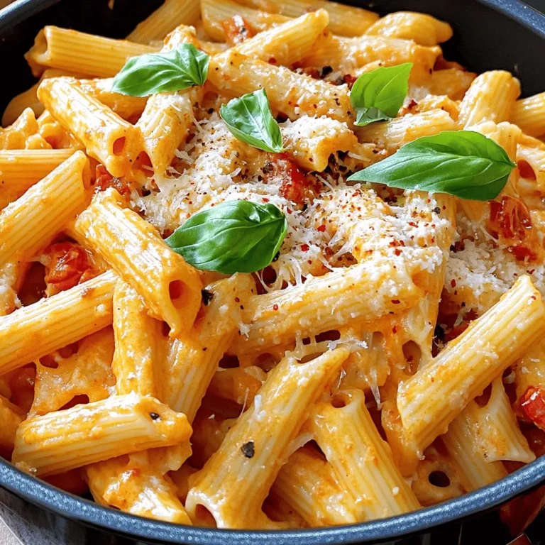 To make Creamy Roasted Red Pepper Pasta, you need these simple ingredients: - 12 oz penne pasta - 2 large red bell peppers, roasted and peeled - 1 cup heavy cream - 3 cloves garlic, minced - 1 tablespoon olive oil - 1 teaspoon smoked paprika - Salt and pepper to taste - 1/2 cup grated Parmesan cheese - Fresh basil leaves, for garnish - Optional: Red pepper flakes for heat These ingredients work together to create a rich and tasty dish. The roasted red peppers bring a sweet, smoky flavor. Heavy cream makes the sauce creamy and smooth. The garlic adds a nice kick. If you want some heat, add red pepper flakes. You can try using different pastas if you prefer. Just remember to adjust the cooking time based on the pasta type. Each ingredient is key to making this dish a success. I find that using fresh ingredients really helps boost the flavor. The basil at the end adds a lovely pop of color and freshness. Enjoy gathering these items for your cooking adventure! - Preheating the oven: Start by warming your oven to 400°F (200°C). - Roasting process and timing: Place the whole red bell peppers on a baking sheet. Roast them for about 20-25 minutes. Turn them halfway through. You want the skin to be charred. - Steaming and peeling: Once done, remove the peppers and cover them with foil. Let them steam for 10 minutes. This helps to loosen the skin. After steaming, peel off the charred skin and remove the seeds. - Boiling water preparation: While the peppers cool, fill a large pot with water. Add salt and bring it to a boil. - Cooking time and tips: Cook the penne pasta according to the package instructions. This usually takes about 8-10 minutes. - Reserving pasta water: Before draining, save 1/2 cup of pasta water. This water helps to adjust the sauce later. - Blending ingredients: In a blender, add the roasted red peppers, heavy cream, minced garlic, smoked paprika, salt, and pepper. Blend until smooth and creamy. - Achieving the right consistency: If the sauce seems too thick, you can add a bit of reserved pasta water. Blend again until you reach a nice, creamy texture. - Heating the sauce: In a large skillet, heat olive oil over medium heat. Pour the creamy red pepper sauce into the skillet. Simmer for 5-7 minutes, stirring often. - Tossing pasta with sauce and cheese: Add the cooked penne to the skillet. Stir until the pasta is well coated with the sauce. Mix in the grated Parmesan cheese. Stir until it melts and becomes creamy. - Adjusting seasoning: Taste the pasta and adjust the seasoning as needed. Serve it in bowls and top with fresh basil leaves. If you like heat, sprinkle on red pepper flakes. - To keep pasta from sticking, use plenty of water. Salt the water well before boiling. Stir the pasta right after adding it. This step helps separate the noodles. - When blending, ensure your red pepper mixture is smooth. Let the peppers cool a bit. This makes blending easier and safer. If your blender struggles, add a splash of pasta water. - To boost flavor, consider adding herbs like thyme or oregano. A squeeze of lemon juice can add brightness too. You can also sprinkle in some freshly cracked black pepper for extra warmth. - Always use fresh ingredients for the best taste. Fresh basil enhances the dish, while fresh garlic packs a punch. Choosing high-quality olive oil makes a big difference in flavor. - Avoid overcooking your pasta. Check it a minute or two before the package time. You want it al dente, firm yet tender. - Balancing flavors is key. If your sauce tastes bland, it may need more salt or seasoning. Taste as you go, and adjust based on your preference. {{image_2}} You can add proteins to enhance your creamy roasted red pepper pasta. Here are some tasty options: - Chicken: Cooked and diced chicken breast adds great flavor. - Shrimp: Sauté shrimp until pink and toss them in for a seafood twist. - Tofu: For a plant-based option, use firm tofu. Sauté it until golden for extra texture. If you have dietary needs, you can easily adapt this recipe. - Gluten-Free Pasta Alternatives: Swap the penne for gluten-free pasta made from rice or quinoa. - Dairy-Free Substitutions: Use coconut cream instead of heavy cream for a dairy-free version. Nutritional yeast can replace Parmesan cheese. You can change the flavor of the pasta with simple additions. - Adding Vegetables or Herbs: Spinach or peas blend well in this dish. Fresh basil or parsley adds a nice touch too. - Adjusting Spice Levels: If you enjoy heat, add red pepper flakes or a dash of cayenne pepper for a kick. You can also reduce spice if you prefer mild flavors. To keep your creamy roasted red pepper pasta fresh, place it in an airtight container. Let it cool to room temperature first before sealing. This helps avoid moisture buildup. You can store it in the fridge for up to three days. After that, the pasta may lose its creamy texture and flavor. To reheat, you can use a microwave or a stovetop. If using a microwave, place the pasta in a bowl and cover it. Heat it for 1-2 minutes, stirring halfway through. For stovetop, use a skillet over low heat. Add a splash of water or cream to keep it moist. This helps avoid a dry texture, ensuring it stays creamy and delicious. If you want to freeze portions, let the pasta cool completely. Use a freezer-safe container or bag. Divide into single servings for easy meals later. Creamy pasta can be frozen for up to two months. When reheating frozen pasta, thaw it overnight in the fridge. Then reheat using stovetop or microwave as mentioned earlier. This keeps the flavors intact and the texture smooth. You can serve this pasta with a simple green salad. A nice Caesar salad pairs well too. Garlic bread is a tasty side that everyone loves. If you want protein, grilled chicken or shrimp works great. Yes, you can prepare the sauce ahead of time. Just store it in the fridge for up to two days. Cook the pasta fresh when you are ready to eat. This keeps the pasta from getting mushy. To spice up the sauce, add red pepper flakes. Start with a pinch and taste as you go. You can also add a dash of hot sauce for extra heat. If you love spice, feel free to go wild! Absolutely! You can use any pasta you like. Fusilli, spaghetti, or even gluten-free options work well. Just make sure to cook it according to package directions for best results. You can use half-and-half for a lighter option. Coconut cream is a great dairy-free choice. Silken tofu blended with a bit of water can also give you a creamy texture. To make it vegan, swap heavy cream for coconut cream or cashew cream. Use nutritional yeast instead of Parmesan cheese. You can also add more veggies for flavor and texture. You can find the full recipe in the earlier sections of this article. It includes all the steps and ingredients you need to make this delightful dish. This creamy roasted red pepper pasta features fresh ingredients and simple steps. You learned about roasting peppers, cooking pasta, and making the sauce. You can add proteins or modify for dietary needs. Store leftovers wisely to enjoy later or freeze for quick meals. Remember to avoid common cooking mistakes for the best results. Your kitchen creativity can shine with this dish, making it a family favorite. Enjoy crafting this delightful meal, and don't hesitate to tweak it to suit your taste!