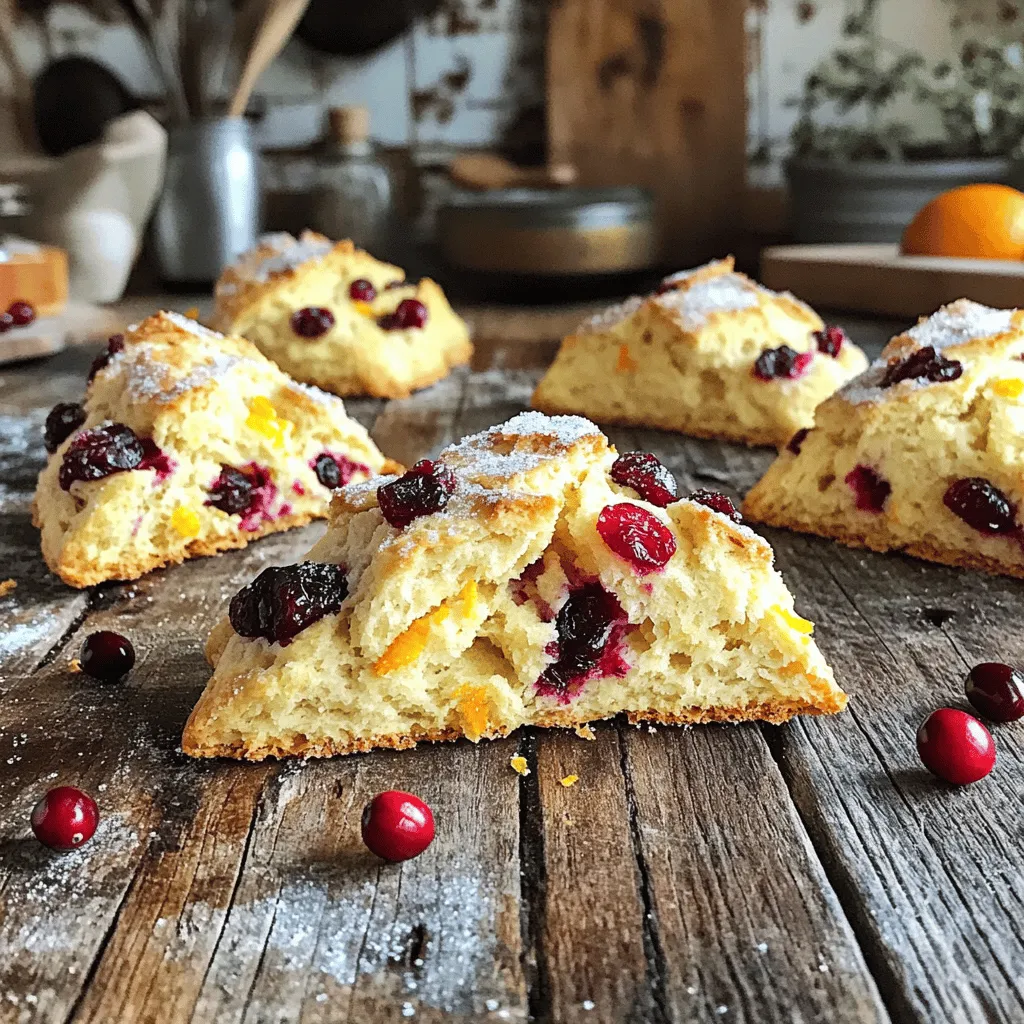 To make the perfect cranberry orange scones, start with these key ingredients: - 2 cups all-purpose flour - 1/3 cup sugar - 1 tablespoon baking powder - 1/2 teaspoon salt These four ingredients form the base. The flour gives structure, while sugar adds sweetness. Baking powder helps the scones rise, and salt enhances all the flavors. Next, we add ingredients that boost flavor and texture: - 1/2 cup unsalted butter, cold and cubed - 1/2 cup dried cranberries - Zest of 1 orange Cold butter creates a flaky texture. Dried cranberries add bursts of tartness. The orange zest brings a fresh, bright note. Together, they make the scones sing. For moisture and richness, include these wet ingredients: - 1/2 cup heavy cream - 1 large egg - 1 teaspoon vanilla extract - Additional sugar for sprinkling The heavy cream binds everything together. The egg adds richness. Vanilla extract deepens the flavor. A sprinkle of sugar on top gives a sweet, crunchy finish. These ingredients come together to create a simple yet delightful treat. You can enjoy these scones at breakfast or as a snack. The combination of flavors is truly comforting. Preheat your oven to 400°F (200°C). This step is key for a good bake. Line a baking sheet with parchment paper. This helps prevent sticking. In a large mixing bowl, add 2 cups of flour, 1/3 cup of sugar, 1 tablespoon of baking powder, and 1/2 teaspoon of salt. Whisk these together until well mixed. This ensures even flavor in your scones. Next, add 1/2 cup of cold, cubed butter to the dry mix. Use your fingers or a pastry cutter to blend. You want it to look like coarse crumbs. Then, gently fold in 1/2 cup of dried cranberries and the zest of 1 orange. This adds sweetness and a lovely citrus aroma. In a separate bowl, whisk together 1/2 cup of heavy cream, 1 large egg, and 1 teaspoon of vanilla extract. Mix until smooth. This will add moisture and flavor to your scones. Pour the wet mixture into the dry ingredients. Stir gently until just combined. The dough will be a bit sticky. Turn it out onto a floured surface. Knead it gently, being careful not to overwork it. Shape the dough into a circle about 1 inch thick. Cut the dough into 8 wedges. Place them on your prepared baking sheet. Brush the tops with a bit of extra cream. Sprinkle some sugar on top for that sweet crunch. Bake in your preheated oven for 15-20 minutes. Check for a golden color on top. A toothpick should come out clean when done. Enjoy the wonderful aroma filling your kitchen! Using cold butter is key to great scones. It keeps the fat solid, creating flaky layers. If you use room-temperature butter, your scones may be dense. To avoid tough scones, don’t overwork the dough. Mix just until it combines. When kneading, do it gently. Too much handling can make them tough. For a twist, add fresh herbs like thyme or rosemary. They give a nice depth. Mixing in herbs enhances the scone’s taste. Using fresh orange zest is a game-changer. It boosts flavor and adds brightness. The zest brings out the citrus notes and makes every bite special. To make your scones shine, brush the tops with cream. This gives them a nice, glossy look. You can also use an egg wash, but cream works great. Sprinkle sugar evenly for a sweet crunch. Use a fine sugar for a delicate finish. This simple step makes a big difference in appearance. {{image_2}} You can easily change the flavor of your scones. Adding nuts like pecans or walnuts gives a nice crunch. It adds a rich taste that pairs well with cranberries. You can also mix in other dried fruits. Blueberries or cherries work great too. They bring a different sweetness and color to your scones. Try out different combos to find your favorite! If you need a gluten-free option, swap the all-purpose flour. Use a gluten-free flour blend instead. Look for blends made with rice flour or almond flour. These options work well and keep the scones soft. Always check that your baking powder is gluten-free too. This way, everyone can enjoy these tasty treats. For a vegan version, you can replace the dairy and egg. Use a plant-based butter instead of unsalted butter. Swap heavy cream with coconut cream or almond milk. For the egg, use a flaxseed mixture. Mix one tablespoon of ground flaxseed with three tablespoons of water. Let it sit until it thickens. This will help bind your dough. With these swaps, you’ll have delicious vegan scones everyone will love! To keep your cranberry orange scones fresh, use air-tight containers. This helps prevent moisture loss. Place the scones in a single layer to avoid crushing them. You can also wrap them in plastic wrap before placing them in a container. Store them at room temperature for up to two days. If you want to keep them longer, consider freezing. Freezing scones is simple. You can freeze them either unbaked or baked. 1. Unbaked Scones: After cutting the scones, place them on a baking sheet lined with parchment paper. Freeze them for about 30 minutes until firm. Then, transfer the scones to a freezer bag or container. They will last up to three months. When ready, bake them from frozen, adding a few extra minutes to the bake time. 2. Baked Scones: Allow your baked scones to cool completely. Wrap each scone in plastic wrap. Place the wrapped scones in a freezer bag. They can also last up to three months. To enjoy, simply thaw them at room temperature. To reheat scones without drying them out, use an oven or toaster oven. Preheat your oven to 350°F (175°C). Place the scones on a baking sheet. Cover them with a damp paper towel to keep moisture in. Heat for about 10 minutes or until warm. This method helps keep them soft and tasty. Avoid using a microwave, as it can make the scones tough. Cranberry orange scones stay fresh for about two to three days. Store them in an airtight container at room temperature. This keeps them soft and tasty. If you want them to last longer, put them in the fridge. They can stay fresh for up to a week there. Yes, you can make cranberry orange scones ahead of time. You can freeze the dough before baking. Just shape the scones and place them on a baking sheet. Freeze them until solid, then transfer to a bag. When you're ready, bake them straight from the freezer. Adjust the baking time by a few minutes. Cranberry orange scones pair well with many drinks and spreads. They taste great with tea or coffee. You can also serve them with butter, jam, or cream cheese. For a special touch, try a light drizzle of honey or a fruity spread. To keep your scones moist, use cold butter and heavy cream. These ingredients help create a tender crumb. Do not overmix the dough; mix just until combined. If the dough feels too dry, add a splash of cream. This helps maintain moisture while baking. Cranberry orange scones are easy to make with simple steps and basic ingredients. We covered how to mix the dry and wet ingredients and shape them without overworking the dough. Remember to use cold butter for a fluffy texture. You can also try different flavors or make them vegan or gluten-free. Store them in airtight containers, and freeze any extras. Enjoy these tasty treats with your favorite drink or spread. Get baking, and savor every bite of your fresh scones!