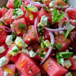 - 4 cups seedless watermelon, cubed - 1 cup feta cheese, crumbled - 1/2 cup fresh mint leaves, torn - 1/4 cup red onion, thinly sliced The main ingredients make this salad pop. Seedless watermelon is sweet and juicy. It gives the salad a fresh taste. Feta cheese adds a creamy and salty touch. The fresh mint leaves bring bright flavor and aroma. Lastly, the red onion adds a bit of sharpness. Together, they create a perfect balance. - 2 tablespoons olive oil - 1 tablespoon balsamic vinegar - Juice of 1 lime (optional) - Salt and black pepper to taste The dressing is simple but flavorful. Olive oil adds richness to the salad. Balsamic vinegar gives it a tangy kick. You can add lime juice for extra zest. Salt and black pepper enhance all the flavors. This mix brings the salad together. - Serve chilled or at room temperature. - Pair with grilled meats for a great meal. - Enjoy as a light snack on a hot day. This salad is versatile. You can serve it at summer picnics or barbecues. It pairs well with grilled chicken or fish. You can also enjoy it alone as a refreshing snack. Its bright colors make it a beautiful dish for any table. To start, you need to cube the watermelon. First, cut the watermelon in half. Then, cut each half into long strips. Finally, slice the strips into cubes. Aim for uniform sizes, about one-inch cubes. This makes the salad look nice and helps with even flavor. Next, crumble the feta cheese. Use your fingers or a fork. Break it into small pieces. Aim for a size that stays well with the watermelon. You don’t want it too small, as it can turn mushy. Now, let’s mix the salad. In a large bowl, combine the watermelon, crumbled feta, torn mint leaves, and thinly sliced red onion. Make sure to mix them gently. You want to keep the watermelon cubes intact for texture. For the dressing, use a small bowl. Whisk together the olive oil, balsamic vinegar, lime juice, salt, and black pepper. Mix until well combined. This dressing adds brightness to the salad. When it’s time to toss, drizzle the dressing over the watermelon mix. Gently fold the ingredients together. Be careful not to break the watermelon too much. You want it to stay crunchy. After tossing, let the salad sit for about 10 minutes. This helps the flavors blend well. For the best taste, serve it chilled or at room temperature. Adjust the seasonings if needed, and enjoy! - Alternative cheese options: If you want a different taste, try goat cheese or ricotta. These cheeses give a creamy texture and a unique flavor to the salad. - Fresh herbs and their impact: You can swap mint for basil or cilantro. Each herb adds its own twist. Basil gives a sweet note, while cilantro adds a fresh zing. - Adding citrus for extra freshness: Squeeze some lime juice into the salad. It brightens the flavors and keeps the salad feeling light. You can also use lemon juice for a different zest. - Spicing up with additional ingredients: Add a pinch of chili flakes for a kick. You can also mix in diced cucumber for extra crunch or avocado for creaminess. - Enhancing visual appeal for serving: Use a large, clear bowl to show off the bright colors. Layer the ingredients for a stunning effect. A sprinkle of extra mint on top adds a nice touch. - Creative plating suggestions: Serve the salad on a plate with a drizzle of balsamic glaze around it. You can also use a ring mold to shape the salad neatly. This makes the dish look more gourmet and inviting. {{image_2}} You can make this salad even better by adding seasonal fruits or veggies. In summer, consider ripe peaches or juicy strawberries. They bring a sweet touch that pairs well with the salty feta. You could also try cucumber for a crisp bite. Mix and match to find your favorite combo! If you want to make this salad vegan-friendly, swap feta for a plant-based cheese. You can also use tofu for creaminess. For those who need a gluten-free option, this salad is already safe as is. Just ensure your dressing is gluten-free, and you're good to go! Want to feed more people? You can easily scale the recipe up. Just double or triple the ingredients as needed. If you have fewer guests, cut the recipe in half. Remember to adjust the dressing ratio to keep the flavors balanced. Enjoy this salad no matter the size of your gathering! To keep your watermelon feta mint salad fresh, place it in an airtight container. This helps prevent moisture loss and keeps flavors intact. Make sure to store it in the fridge right after serving. You can also use a glass container for better preservation. It is easy to see what’s inside, which helps avoid food waste. The salad stays fresh for about 2 to 3 days in the fridge. After this time, it may lose its crunch. Look for signs of spoilage, like a sour smell or mushy watermelon. If the feta cheese looks slimy, it's best to toss it. Always check your food before eating. This salad is best served cold or at room temperature. If you want to enjoy it warm, be careful when reheating. Use a microwave with low heat for a few seconds. However, I do not recommend reheating it. The fresh taste of the watermelon and mint is what makes this dish special. Reheating can change the texture and flavor. Enjoy it fresh for the best experience! The Watermelon Feta Mint Salad has a sweet and salty taste. The watermelon gives a juicy sweetness. Feta cheese adds a salty and creamy touch. Fresh mint leaves bring a cool and refreshing flavor. Red onion offers a mild sharpness, balancing the sweetness. The olive oil and balsamic vinegar dressing ties it all together. Overall, it is a bright and vibrant dish that excites your taste buds. Yes, you can make this salad ahead of time. To prepare in advance, combine the watermelon, feta, mint, and onion in a bowl. Mix the dressing separately and store it in the fridge. Add the dressing just before serving. This keeps the salad fresh and crisp. If you let it sit too long, the watermelon may lose its crunch. This salad is quite healthy. Watermelon is low in calories and hydrating. It contains vitamins A and C, which are good for the skin and immune system. Feta cheese adds protein and calcium, which help with bone health. Mint aids in digestion and gives fresh breath. The olive oil provides healthy fats. Overall, this salad is a tasty way to enjoy nutritious ingredients. This blog post covered a refreshing watermelon feta mint salad, including key ingredients and tips. You learned about preparing each component, mixing them effectively, and serving ideas to wow any crowd. Remember to consider variations and substitutions to make it your own. Store leftovers properly to keep them fresh. With this simple recipe, you can enjoy a tasty dish that brightens any meal. Dive in and enjoy your creation!