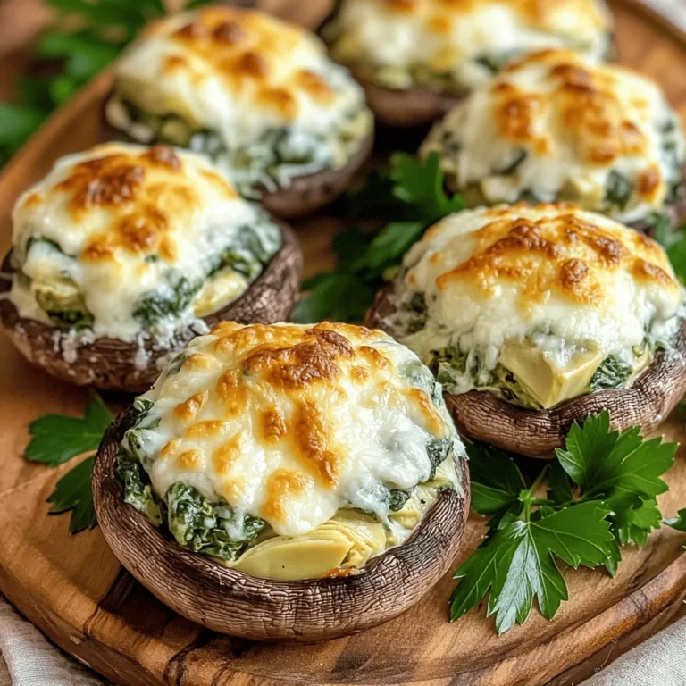 - 12 large portobello mushrooms, stems removed - 1 cup fresh spinach, chopped - 1 cup canned artichoke hearts, drained and chopped - 1/2 cup cream cheese, softened - 1/4 cup grated Parmesan cheese - 1/4 cup shredded mozzarella cheese - 1 clove garlic, minced - 2 tablespoons olive oil - 1 teaspoon lemon juice - Salt and pepper to taste - 1/4 teaspoon red pepper flakes (optional) Gather all these ingredients to make your stuffed mushrooms. Start with fresh portobello mushrooms. These mushrooms should be large and firm. They will hold the filling well. Next, chop the spinach finely. Fresh spinach works best for flavor and texture. Canned artichoke hearts need to be drained and chopped. They add a unique taste to the dish. For the creamy filling, use softened cream cheese. This helps it mix easily with the other ingredients. Grated Parmesan and shredded mozzarella add delicious cheesy flavors. The Parmesan brings a nutty taste, while mozzarella adds creaminess. You will also need garlic for a punch of flavor. Minced garlic cooks quickly and blends well. Olive oil will help you sauté the garlic and vegetables. Lemon juice adds a touch of brightness. Finally, season with salt and pepper. Adjust these to your taste. If you like some heat, add red pepper flakes. They are optional but can enhance the flavor. With these ingredients, you can create a tasty and satisfying dish. Let's get cooking! 1. Preheat your oven to 375°F (190°C). Line a baking sheet with parchment paper. This keeps the mushrooms from sticking. 2. In a skillet, heat 2 tablespoons of olive oil over medium heat. Add 1 clove of minced garlic to the oil. Sauté for about 1 minute. The garlic should smell great! 3. Now, add 1 cup of chopped fresh spinach and 1 cup of drained, chopped artichoke hearts. Cook this mix until the spinach wilts, about 3 to 4 minutes. Keep stirring to prevent sticking. 1. In a mixing bowl, combine the sautéed mixture with 1/2 cup of softened cream cheese, 1/4 cup of grated Parmesan cheese, and 1/4 cup of shredded mozzarella cheese. 2. Add 1 teaspoon of lemon juice, salt, and pepper to taste. If you like spice, add 1/4 teaspoon of red pepper flakes. Mix everything well until it's creamy and smooth. 3. Now, take 12 large portobello mushrooms with the stems removed. Stuff each mushroom generously with the spinach and artichoke blend. Press down a bit to pack it in. 1. Place the stuffed mushrooms on the lined baking sheet. Bake them in your preheated oven for 20 to 25 minutes. They should be tender and golden brown on top. 2. Once done, remove the mushrooms from the oven. Let them cool for a few minutes before serving. Enjoy your savory snack! To make the best spinach and artichoke stuffed mushrooms, start with the right mushrooms. Choose large portobello mushrooms. Look for firm mushrooms with a smooth surface. Avoid any with dark spots or wrinkles. For cooking, preheat your oven to 375°F (190°C). This temperature helps the mushrooms cook evenly and turn golden brown. Baking them at this heat also softens the mushrooms while crisping the stuffing. You can boost the flavor of your stuffed mushrooms by adding herbs and spices. Fresh herbs like basil or parsley add a bright taste. A pinch of thyme or oregano works well too. Red pepper flakes add a nice kick if you like some heat. Experiment with different cheese varieties. Try using feta for a tangy twist or gouda for a smoky flavor. Mixing in some aged cheddar can also enhance the richness of your filling. {{image_2}} You can easily change some ingredients in this recipe. If you want a dairy-free option, try using dairy-free cream cheese. This will keep the creamy texture while making it suitable for those avoiding dairy. You can also swap out the vegetables. Instead of spinach and artichokes, use mushrooms or zucchini. These veggies can add a new twist and taste to your dish. These stuffed mushrooms pair well with a variety of sauces. A simple marinara or a creamy ranch dip can enhance the flavors. You might also enjoy serving them with a drizzle of balsamic glaze for a tangy kick. For side dishes, consider a fresh salad or garlic bread. These options balance the rich flavors of the stuffed mushrooms and round out your meal beautifully. To store leftovers, let the stuffed mushrooms cool completely. Place them in an airtight container. They keep well in the fridge for up to three days. For longer storage, freeze them. Wrap each mushroom in plastic wrap, then place them in a freezer bag. This method helps avoid freezer burn. To reheat stuffed mushrooms, preheat your oven to 350°F (175°C). Place the mushrooms on a baking sheet. Heat for about 10-15 minutes or until warm. This method keeps the texture nice and helps them stay tender. Avoid microwaving, as it may make them soggy. For extra crispiness, broil them for the last minute. Enjoy your stuffed mushrooms just like fresh! Can I prepare stuffed mushrooms in advance? Yes, you can prepare stuffed mushrooms ahead of time. Stuff them and store them in the fridge. Bake them just before serving for the best taste. What is the best way to clean mushrooms? To clean mushrooms, use a damp cloth or paper towel. Gently wipe the surface to remove dirt. Avoid soaking them in water, as mushrooms can absorb moisture and lose flavor. How long do stuffed mushrooms last in the fridge? Stuffed mushrooms can last three to four days in the fridge. Store them in an airtight container. Reheat them before eating for the best taste and texture. Can I make these without cheese? Yes, you can make stuffed mushrooms without cheese. Substitute with a mix of nuts or a dairy-free cream cheese for a similar texture and flavor. What are the nutrition facts for this dish? Each stuffed mushroom is about 80 calories. They are low in carbs and provide protein from cheese and artichokes. They also offer vitamins from spinach and artichokes. How can I make this recipe gluten-free? This recipe is naturally gluten-free. Just ensure that any added ingredients, like breadcrumbs or sauces, are certified gluten-free. Enjoy the dish without worry! This article covered how to make delicious spinach and artichoke stuffed mushrooms. We discussed key ingredients, preparation steps, and baking tips. You learned how to enhance flavor and tried different options too. Storing leftovers and reheating for the best taste was also shared. In closing, enjoy experimenting with this recipe. It’s easy to customize, and you can make it your own. Happy cooking!