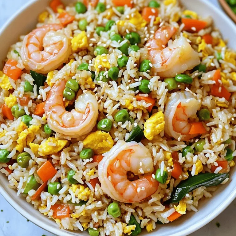 To make this tasty dish, you need some key ingredients. Here’s what you’ll need: - 1 cup cooked jasmine rice (day-old is best) - 200g shrimp, peeled and deveined - 2 tablespoons unsalted butter - 4 cloves garlic, minced - 1 small onion, finely chopped - 1 cup mixed vegetables (peas, corn, and diced carrots) - 2 eggs, lightly beaten - 3 tablespoons soy sauce - 1 tablespoon oyster sauce (optional) - 1 green onion, chopped (for garnish) - Salt and pepper to taste These ingredients blend to create a rich flavor profile. The shrimp adds protein, while the vegetables bring color and nutrition. You can add extra ingredients to boost flavor. Here are some suggestions: - A splash of sesame oil for a nutty taste - Fresh ginger, minced, for a zesty kick - Sriracha sauce for heat - A sprinkle of sesame seeds for crunch Feel free to experiment! Each extra ingredient adds a unique twist. If you don’t have something, don’t worry! Here are some easy swaps: - Use brown rice instead of jasmine rice for a healthier option. - Swap shrimp for chicken or tofu for a different protein. - If you don’t have oyster sauce, use soy sauce or hoisin sauce. - Green beans or bell peppers can replace mixed veggies. These substitutions keep the recipe flexible. You can still enjoy the dish with what you have on hand. To start, gather your ingredients. You need: - 1 cup cooked jasmine rice (day-old is best) - 200g shrimp, peeled and deveined - 2 tablespoons unsalted butter - 4 cloves garlic, minced - 1 small onion, finely chopped - 1 cup mixed vegetables (peas, corn, and diced carrots) - 2 eggs, lightly beaten - 3 tablespoons soy sauce - 1 tablespoon oyster sauce (optional) - 1 green onion, chopped (for garnish) - Salt and pepper to taste Make sure your rice is cold. This helps it fry well. Chop your onion and garlic finely. This ensures great flavor. Keep your shrimp ready to cook. Heat a large skillet or wok over medium heat. Add the butter and let it melt. Once melted, toss in the minced garlic and chopped onion. Sauté for about 2 minutes. You want the onion to turn soft and the garlic to smell good. Next, add the shrimp to the skillet. Cook for 2-3 minutes. Stir often until the shrimp turns pink and opaque. Season with salt and pepper to taste. Now, push the shrimp to one side of the skillet. Pour the beaten eggs into the other side. Scramble the eggs until they are fully cooked. Then, mix them with the shrimp and garlic. Add the mixed vegetables to the skillet. Stir everything together for another minute. This helps the veggies heat through. Then, add the cooked rice. Pour in the soy sauce and oyster sauce, if you like. Stir well to coat the rice evenly. Sauté for another 2-3 minutes. This allows the rice to heat thoroughly. Taste and adjust seasoning if needed. Add more salt or soy sauce if you want. Finally, remove the skillet from heat. Garnish with chopped green onions for a fresh touch. For perfect shrimp, look for those that are firm and have a pink color. Don’t overcook them; they can turn rubbery. When it comes to rice, always use day-old rice if possible. It’s drier and fries better. If you want even more flavor, try adding a splash of sesame oil at the end. This adds a great nutty taste. Enjoy your cooking! To make the best fried rice, use cold, day-old rice. Fresh rice can be sticky. Cold rice separates easily, giving you that perfect texture. Always prep your ingredients first. This keeps everything ready and makes cooking fast. Cook over high heat, and stir often. This helps get a nice char on the rice. For richer taste, use a mix of soy sauce and oyster sauce. The oyster sauce adds depth. You can also add a splash of sesame oil for a nutty note. Fresh herbs like cilantro or basil can brighten the dish. Toss them in right before serving for a fresh kick. One common mistake is adding too much liquid. This makes the rice mushy. Avoid overcrowding the pan; cook in batches if needed. Don’t forget to season throughout the cooking. A pinch of salt here and there builds layers of flavor. Lastly, don't skip the garnish. Chopped green onions add color and freshness. {{image_2}} You can swap shrimp for other proteins in this dish. Chicken, beef, and tofu work great. Use cooked chicken or beef strips for a quick meal. Tofu adds a nice texture and is perfect for a vegan twist. Just make sure to adjust the cooking time based on your protein choice. Each option gives a unique taste while keeping the dish fun. To make this recipe vegetarian or vegan, skip the shrimp and eggs. You can add extra veggies like bell peppers or mushrooms instead. Use tofu for protein. Also, make sure to use a vegan soy sauce. This version keeps the flavor while making it suitable for everyone. It’s colorful, healthy, and still very tasty. You can boost the flavors by trying different sauces. Instead of soy sauce, try teriyaki or sweet chili sauce for a twist. Add a splash of sesame oil for a nutty flavor. If you like spice, toss in some sriracha or chili flakes. These small changes can elevate your fried rice dish. It keeps each meal exciting and new. To store leftover fried rice, let it cool first. Place it in an airtight container. Make sure to cover it well to keep out air. Store it in the fridge. It will keep fresh for about 3 to 4 days. If you want to keep it longer, consider freezing it. When you reheat fried rice, add a splash of water. This helps to keep it moist. Use a skillet or microwave for reheating. If you use a skillet, heat it on medium. Stir often until it warms up. If using a microwave, cover it with a damp paper towel. Heat in short bursts. This prevents it from drying out. To freeze garlic butter shrimp fried rice, let it cool completely. Portion it into freezer-safe bags or containers. Remove as much air as possible to prevent freezer burn. Label and date the bags. You can freeze it for up to 2 months. When ready to eat, thaw it overnight in the fridge. Reheat properly for the best taste. Yes, you can use fresh shrimp. Fresh shrimp has a great flavor. Just ensure they are peeled and deveined. You can cook them the same way as frozen shrimp in this recipe. Fresh shrimp cooks quickly, so watch them closely. They turn pink and opaque when done. For fried rice, jasmine rice works best. It has a light and fluffy texture. Day-old rice is even better because it dries out a bit. This helps the rice fry without becoming mushy. If you don’t have jasmine rice, use long-grain rice. To spice up your garlic butter shrimp fried rice, try adding red pepper flakes. You can also chop fresh chili peppers for a kick. If you like heat, add sriracha or chili garlic sauce when cooking. Adjust the amount based on your spice level. Enjoy the extra flavor! Garlic butter shrimp fried rice is a tasty dish that is easy to make. We explored the key ingredients, cooking steps, and helpful tips. You can customize it with different flavors and proteins. Storing leftover rice is simple. Just remember to keep it in the fridge or freezer. Don't be afraid to experiment with spices or sauces to make it your own. Enjoy mixing flavors and cooking this delightful meal at home!
