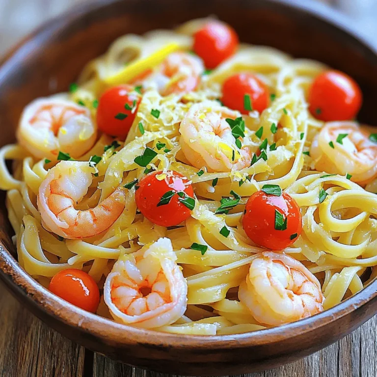 - 8 oz linguine pasta - 1 lb shrimp, peeled and deveined - 4 cloves garlic, minced - 1 lemon (juice and zest) Linguine pasta makes a great base for this dish. It holds the sauce and flavors well. Shrimp adds a tender, sweet touch. I love using fresh shrimp for the best taste. Garlic gives a strong, aromatic flavor that pairs perfectly with lemon. The lemon juice and zest bring brightness and a zesty kick. - 3 tablespoons olive oil - 1 teaspoon red pepper flakes (adjust for spice level) - 1/2 cup cherry tomatoes, halved - 1/4 cup fresh parsley, chopped Olive oil is key for sautéing the garlic and shrimp. It adds richness and depth. Red pepper flakes give this dish the heat. You can adjust the amount to your taste. Cherry tomatoes add sweetness and color. Fresh parsley adds a pop of green and freshness. - Salt and pepper - Grated Parmesan cheese for serving (optional) Salt and pepper enhance all the flavors in this meal. Grated Parmesan cheese is a great touch but is optional. It adds creaminess and a savory finish. This dish tastes best when served fresh and hot right away. First, fill a large pot with water and add salt. Bring the salted water to a boil. This step helps the pasta gain flavor. Once the water boils, add the linguine. Cook it according to the package directions until it is al dente, which means it should be firm but not hard. This usually takes about 8 to 10 minutes. After cooking, drain the linguine and set it aside. Be sure to save about half a cup of the pasta water for later. Next, heat three tablespoons of olive oil in a large skillet over medium heat. Wait until the oil is hot. Then, add four minced garlic cloves and one teaspoon of red pepper flakes. Stir this mixture for about 30 seconds. You want to cook it just until it smells amazing. This brings out the flavor of the garlic and spice. Now, it’s time to add the shrimp. Place one pound of peeled and deveined shrimp into the skillet. Season the shrimp with salt and pepper to taste. Cook the shrimp for about 2 to 3 minutes on each side. They should turn pink and opaque when done. After that, toss in a half cup of halved cherry tomatoes. Squeeze the juice of one lemon over the shrimp and add the lemon zest. Cook everything together for another 2 minutes. This helps the flavors blend well. Add the drained linguine to the skillet with the shrimp mixture. Toss everything together until the pasta is fully coated. If it seems too dry, slowly add some of the reserved pasta water. This will help achieve the creaminess you want. Mix until everything is well combined. Finally, take the skillet off the heat. Stir in a quarter cup of chopped fresh parsley. This adds a nice pop of color and flavor. Serve your lemon garlic shrimp linguine right away. If you like, sprinkle grated Parmesan cheese on top for extra flavor. Enjoy your meal! To get tender shrimp, cook them for just 2-3 minutes on each side. They should turn pink and opaque. Overcooking makes shrimp tough. Season the shrimp with salt and pepper before cooking. This step is key for great taste. Use the reserved pasta water to add creaminess. Start with a little and stir until you reach the right texture. If you want a richer sauce, try adding a splash of heavy cream. This can make your dish even more delicious. Fresh herbs, like parsley, add bright taste. Dried herbs work, too, but fresh is best. If you like heat, add more red pepper flakes. Adjust the spice to your taste. {{image_2}} You can switch up the shrimp in this dish. Chicken or scallops work well. Cook the chicken until it is fully done. For scallops, sear them until golden brown and firm. If you want a vegetarian option, try mushrooms or tofu. Both absorb flavors nicely and give a great texture. Adding veggies can boost the dish's nutrition. Spinach adds color and nutrients. Stir it in at the end to keep it bright and fresh. Asparagus is another great choice. Cut it into pieces and sauté it with garlic. You can also use seasonal veggies like bell peppers or zucchini for a fun twist. You can play with flavors to make this dish unique. Try using lime instead of lemon for a zesty change. The taste shifts but keeps it fresh. Adding a splash of white wine to the shrimp can deepen the flavors. The wine helps blend everything together and adds richness. To keep your Lemon Garlic Shrimp Linguine fresh, store leftovers in the fridge. Use an airtight container for best results. This dish stays good for up to three days. Make sure to cool the pasta down before sealing it away. When it’s time to reheat, use a skillet on low heat. Add a splash of olive oil or reserved pasta water. This helps bring back the flavor and moisture. Stir gently to keep the shrimp tender. Avoid using a microwave, as it can make the shrimp rubbery. You can freeze Lemon Garlic Shrimp Linguine, but it might change in texture. To freeze, let it cool completely. Then, place it in a freezer-safe container. Make sure to label it with the date. To thaw, leave it in the fridge overnight, then reheat on the stove. This keeps the flavors fresh, and the dish will still taste good. You want to look for a few signs. Cooked shrimp turn pink and opaque. The flesh should also feel firm. If the shrimp curl into a tight "C" shape, that's a good sign. Overcooked shrimp can become rubbery, so keep an eye on them. Yes, you can prep this dish ahead. Cook the shrimp and pasta but keep them separate. Store each in the fridge. When ready to eat, just reheat them in a skillet with a bit of olive oil. Add the lemon juice and parsley before serving. If you want a change, try spaghetti or fettuccine. Penne or fusilli work well too. You can even use zucchini noodles for a low-carb option. Just adjust cooking time based on the pasta you choose. Use gluten-free pasta made from rice or chickpeas. Many brands offer great options. Just follow the cooking instructions on the package. This way, you can still enjoy the flavors without the gluten. Absolutely! This dish works well for meal prep. Cook everything and pack it in containers. Keep the pasta and shrimp mixed or separate, depending on your taste. This makes for quick meals during a busy week. This recipe combines fresh shrimp with tasty ingredients like garlic and lemon. You learned how to cook linguine, sauté shrimp, and create a delicious sauce. You also discovered tips for perfecting the dish and making it creamy. Feel free to switch proteins or add seasonal veggies. Store your leftovers properly and enjoy them later. This meal is simple, tasty, and perfect for any occasion. So, gather your ingredients and get cooking. Enjoy the burst of flavors and the joy of sharing this dish with others!