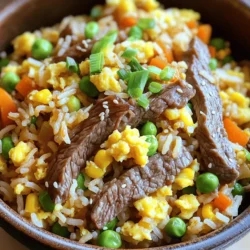 - 2 cups cooked jasmine rice (preferably day-old) - 8 oz beef sirloin, thinly sliced - 2 tablespoons soy sauce - 1 tablespoon oyster sauce - 1 tablespoon sesame oil - 2 tablespoons vegetable oil - 1 cup mixed vegetables (carrots, peas, and corn) - 3 green onions, chopped (whites and greens separated) - 2 cloves garlic, minced - 2 large eggs - Salt and pepper to taste - Optional: 1 teaspoon minced ginger for extra flavor Gathering fresh ingredients is key for great taste. Day-old rice works best. It helps keep the grains separate. Fresh beef sirloin brings juicy flavor and texture. The soy sauce adds saltiness. Oyster sauce gives depth. Sesame oil adds a nutty aroma. Mixed veggies bring color and nutrition. Green onions enhance freshness. Garlic adds a strong, savory taste. Eggs bind everything together. Salt and pepper balance the flavors. Ginger is optional but adds a nice kick. When you pick your ingredients, think about quality. Use fresh veggies and meat for a better meal. This dish is easy to customize. You can change the veggies or sauces to fit your taste. Next, you will see how to cook it all together! To prepare the beef for marinating, take 8 ounces of thinly sliced beef sirloin. Place it in a bowl. Add 1 tablespoon of soy sauce. Mix it well. Let the beef marinate for about 10 to 15 minutes. This helps the beef absorb flavor. First, heat a large wok or skillet. Use medium-high heat and add 1 tablespoon of vegetable oil. Once the oil is hot, add the marinated beef. Stir-fry for 2 to 3 minutes until it turns brown. After that, remove the beef and set it aside. Next, add another tablespoon of vegetable oil in the same pan. Crack 2 large eggs into the pan. Scramble them gently for 1 to 2 minutes until just set. Then, remove the eggs and set them aside as well. In the same wok, add 2 cloves of minced garlic and the white parts of 3 chopped green onions. Sauté for 30 seconds until it smells great. Then, add 1 cup of mixed vegetables like carrots, peas, and corn. Cook for about 3 to 4 minutes until they are tender. Now, add 2 cups of day-old jasmine rice to the vegetable mix. Break up any clumps and stir-fry for about 5 minutes. This allows the rice to fry slightly and soak up flavors. Return the beef and scrambled eggs to the pan. Pour in the remaining 1 tablespoon of soy sauce, 1 tablespoon of oyster sauce, and 1 tablespoon of sesame oil. If you want extra flavor, add 1 teaspoon of minced ginger. Season with salt and pepper. Toss everything together until well combined and heated through for about 3 minutes. Using day-old rice is key for fried rice. Fresh rice can be too sticky. Day-old rice dries out a bit, which helps it fry better. It creates that perfect texture. Aim for rice that’s been in the fridge for at least a few hours. To achieve crispy rice, heat your pan well before adding the rice. Use enough oil to coat the bottom. Stir the rice less often to let it brown. This gives you those nice crispy bits that make fried rice amazing. Fresh ingredients make your fried rice taste great. Use fresh garlic, green onions, and mixed veggies. They add color and crunch. You can also try adding minced ginger for an extra kick. If you want to spice things up, throw in some chili sauce or hot pepper flakes. Other flavor boosters include chopped bell peppers or sesame seeds. These make your dish even more exciting. The right temperature is vital when stir-frying. You want a hot pan, but not too hot. Medium-high heat works best. This helps cook everything quickly while keeping the veggies crunchy. Timing is also important for perfect vegetables. Add them after the garlic to keep them bright and crisp. Cook them for about 3-4 minutes. This way, they stay tender but not mushy. {{image_2}} You can switch the beef for chicken or shrimp. For chicken, use boneless thighs or breasts. Cut them into small pieces and follow the same cooking steps. For shrimp, use peeled and deveined shrimp. Cook them until pink, then remove them before adding the eggs. If you prefer a vegetarian option, try using tofu. Firm tofu works best. Cut it into cubes and pan-fry until crispy. Then, mix it with the vegetables just like you do with the beef. Want to spice up your fried rice? Just add chili sauce! A teaspoon or more gives a nice kick. If you want a different taste, try adding teriyaki sauce or hoisin sauce. These sauces add sweetness and depth. You can also use a splash of rice vinegar for some tang. Experiment with different sauces to find your favorite blend. Each one gives a unique twist to your dish. Using seasonal vegetables keeps your fried rice fresh and tasty. In spring, add snap peas or asparagus. In summer, try zucchini or bell peppers. Fall is great for broccoli or butternut squash. In winter, use root veggies like carrots and parsnips. You can customize based on what you like. If you love mushrooms, toss in some shiitake or button mushrooms. Feel free to mix and match your favorite veggies for a personal touch! To store leftovers, let the beef fried rice cool down first. Place it in an airtight container. This keeps the flavors fresh. You can keep it in the fridge for up to four days. If you want to enjoy it later, make sure to check for any signs of spoilage before eating. When reheating fried rice, use a skillet or a wok. Heat it on medium to high heat. Add a splash of water or broth to keep it moist. Stir it often to avoid burning. This method helps prevent sogginess. You want the rice to stay fluffy and tasty. To freeze fried rice, let it cool completely. Portion it into freezer-safe bags. Squeeze out as much air as you can before sealing. It can last up to three months in the freezer. When you want to eat it, thaw it in the fridge overnight. Then, reheat it in a skillet as mentioned above for the best texture. You can use fresh rice, but day-old rice works best. Fresh rice is moist and sticky. Day-old rice dries out a bit in the fridge. This helps it fry better and gives a nice texture. If you must use fresh, spread it out to cool before using. To avoid mushy fried rice, use day-old rice. It has less moisture. Also, fry the rice over high heat. Stir it constantly to keep it moving. Don't overcrowd the pan; this keeps it from steaming. If you do these steps, your rice will be fluffy, not mushy. If you don't have sesame oil, you can use peanut oil or olive oil. Both add flavor, but they taste different. Peanut oil has a nice nutty taste, and olive oil is milder. You can also skip oil entirely or use a light oil if you want a neutral flavor. This dish is not gluten-free because of the soy sauce. Regular soy sauce contains wheat. You can use gluten-free soy sauce instead. Look for brands that offer gluten-free options. This way, you can enjoy this tasty beef fried rice without the gluten. This article covered all you need to make delicious fried rice. We explored key ingredients, marination steps, and cooking tips. Remember to use day-old rice for the best texture. You can mix in different meats or veggies to match your taste. Follow the storage tips to keep leftovers fresh. Now, you have the tools to create perfect fried rice anytime. Enjoy every bite and customize it to your liking!