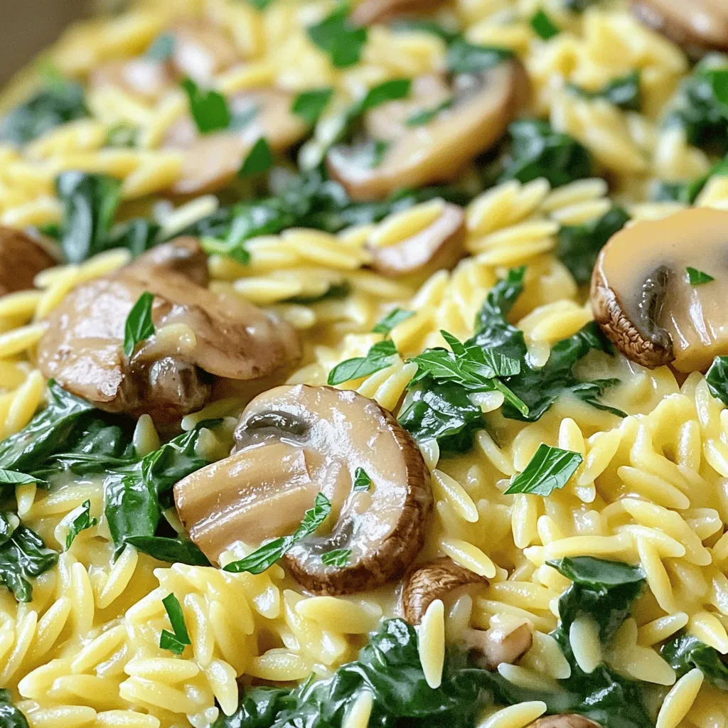 To make Creamy Mushroom Spinach Orzo, gather these simple ingredients: - 1 cup orzo pasta - 2 cups vegetable broth - 1 tablespoon olive oil - 1 small onion, finely chopped - 3 cloves garlic, minced - 8 ounces mushrooms, sliced (cremini or button) - 4 cups fresh spinach - 1 cup heavy cream - ½ cup grated Parmesan cheese - Salt and pepper to taste - ¼ teaspoon nutmeg - Fresh parsley, chopped (for garnish) You can swap some ingredients if needed. For a lighter dish, use low-fat milk instead of heavy cream. If you want a dairy-free option, try coconut cream. You can also use gluten-free pasta for those with gluten issues. For mushrooms, any type works. Try shiitake or portobello for a richer flavor. If you don’t have Parmesan, nutritional yeast gives a nice cheesy flavor too. Using good quality ingredients makes a difference. For pasta, look for Barilla or De Cecco brands. They cook well and taste great. For broth, Swanson or Pacific Foods offer rich flavors. Use California Olive Ranch extra virgin olive oil for its fresh taste. For cheese, Grana Padano is a wonderful substitute for Parmesan. These brands will help your dish shine. To start, grab a medium saucepan. Pour in 2 cups of vegetable broth. Heat it until it simmers gently. Add 1 cup of orzo pasta. Cook it based on the package instructions until it is al dente. This usually takes about 8 to 10 minutes. Once done, drain the orzo and set it aside. This step is key for a tasty base. Next, take a large skillet and heat 1 tablespoon of olive oil over medium heat. Add 1 small onion, finely chopped. Sauté for about 3 to 4 minutes until it turns translucent. Now, stir in 3 cloves of minced garlic and 8 ounces of sliced mushrooms. Cook this mixture for another 5 to 7 minutes. You want the mushrooms to be tender and nicely browned. Then, toss in 4 cups of fresh spinach. Cook until the spinach wilts; this takes about 2 minutes. This mix brings great flavor and texture. Now it's time to make it creamy. Lower the heat and pour in 1 cup of heavy cream. Stir well to combine everything. Then, add the cooked orzo to the skillet. Toss it all together to coat the orzo well. Next, mix in ½ cup of grated Parmesan cheese, salt, pepper, and ¼ teaspoon of nutmeg. Stir until it all blends into a creamy delight. Cook for another minute on low heat. This step elevates the dish to a whole new level of yum! Finally, remove from the heat. Garnish with fresh parsley before serving. Enjoy your delicious meal! To make your orzo super creamy, use heavy cream. It adds richness and flavor. You can mix in some grated Parmesan cheese for extra creaminess. Add it slowly and stir well. This helps it melt and blend. Don’t forget a pinch of nutmeg! It adds warmth and depth to the dish. A medium saucepan works best for cooking orzo. Make sure it’s big enough to hold the broth and orzo. Use a large skillet for sautéing the veggies. A wooden spoon is great for mixing. It won’t scratch your pan and helps keep the orzo from sticking. An instant-read thermometer can help check if everything is cooked through. Creamy mushroom spinach orzo pairs well with grilled chicken or shrimp. Their flavors balance the creaminess. A simple green salad with lemon vinaigrette adds freshness. You can also serve some crusty bread on the side. This helps soak up the creamy sauce. Consider a light white wine, like Sauvignon Blanc, to drink with your meal. {{image_2}} You can easily make this dish vegetarian or vegan. To do this, switch the heavy cream for coconut milk or cashew cream. This change keeps the dish creamy and adds a nice flavor. You can also use nutritional yeast instead of Parmesan cheese. It gives a cheesy taste without dairy. For added protein, consider adding chickpeas or lentils. These ingredients keep the dish filling and nutritious. If you want extra protein, adding chicken or shrimp works well. Cook the protein first before adding it to the dish. For chicken, use diced breast and cook it in the skillet until golden. For shrimp, add them after the mushrooms and cook until pink. This addition makes the meal more satisfying. You can also use cooked sausage for a savory touch. Enhance the flavor with herbs and spices. Fresh herbs like basil or thyme add a bright taste. Add them at the end for the best flavor. You can also sprinkle some red pepper flakes for a spicy kick. A squeeze of lemon juice brightens the dish, making it fresh and zesty. Feel free to experiment and find your favorite mix! To store leftover Creamy Mushroom Spinach Orzo, let it cool first. Place it in an airtight container. Make sure to cover it well to keep it fresh. You can store it in the fridge for up to three days. Reheating is easy. You can use the microwave or the stove. For the microwave, heat it in short bursts. Stir in between to heat evenly. On the stove, add a splash of broth or cream. Heat it over low until warm. This will keep it creamy and tasty. You can freeze this dish for later. Use a freezer-safe container and portion it out. Make sure it cools down completely before you freeze it. It will stay good for about two months. When ready to eat, thaw it in the fridge overnight. Reheat it gently to enjoy again. Yes, you can use other pasta shapes like penne or fusilli. Just remember to adjust the cooking time. Short pasta works well in creamy dishes like this one. You want it to soak up all the flavors. Creamy Mushroom Spinach Orzo lasts about 3 to 5 days in the fridge. Store it in an airtight container. To keep it fresh, make sure it cools down before sealing. You can make this dish ahead of time. Just cook the orzo and veggies as usual. Store them separately from the cream sauce. When ready to eat, heat it all together. This helps keep the dish creamy and delicious. We explored how to make creamy mushroom spinach orzo from start to finish. I shared key ingredients, substitutions, and recommended brands for flavor. You learned how to cook the orzo, sauté veggies, and combine all for a creamy dish. I offered tips for texture, tools, and meal pairings. Plus, I provided variations for different diets and storage methods. This dish is easy, tasty, and flexible. Enjoy making it your own!