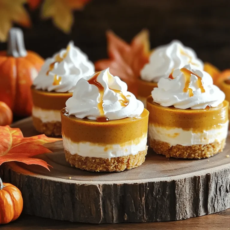 - 1 cup crushed graham crackers - 4 tablespoons unsalted butter, melted - 2 (8 oz) packages cream cheese, softened - 1 cup pumpkin puree - 1/2 cup powdered sugar - 1 teaspoon vanilla extract - 1 teaspoon ground cinnamon - 1/2 teaspoon ground nutmeg - 1/4 teaspoon ground ginger - 1 cup whipped cream, plus extra for topping - Caramel sauce for drizzling (optional) To make this treat, use exact measurements. For a gluten-free option, swap graham crackers with gluten-free cookies. You can also use dairy-free cream cheese for a vegan twist. If you prefer less sweetness, cut the powdered sugar to 1/3 cup or use a sugar substitute. - Graham Crackers: These form the crust. They give a nice crunch and a sweet flavor. - Cream Cheese: This softens the mix and adds richness. It makes the cheesecake smooth. - Pumpkin Puree: This gives the pie its classic fall flavor. It’s healthy and adds moisture. - Spices (Cinnamon, Nutmeg, Ginger): These spices bring warmth and depth to the dish. They are key for that pumpkin pie taste. - Whipped Cream: This lightens the filling. It adds air and makes the cheesecake fluffy. This dessert is easy to make and full of flavor. The mix of sweet and spice makes it a must-try! To start, gather your ingredients for the crust. You will need: - 1 cup crushed graham crackers - 4 tablespoons unsalted butter, melted In a mixing bowl, combine the crushed graham crackers with the melted butter. Mix it well until the crumbs are coated. This step is key for a tasty base. Next, divide the crumb mixture among 6 to 8 small dessert cups or jars. Press it down firmly to form a solid crust at the bottom. It should feel compact and stable. Now, let’s move on to the filling. Here’s what you will need: - 2 (8 oz) packages cream cheese, softened - 1 cup pumpkin puree - 1/2 cup powdered sugar - 1 teaspoon vanilla extract - 1 teaspoon ground cinnamon - 1/2 teaspoon ground nutmeg - 1/4 teaspoon ground ginger - 1 cup whipped cream In a separate bowl, beat the softened cream cheese until creamy and smooth. This makes the base of your cheesecake filling. Then, add in the pumpkin puree, powdered sugar, vanilla extract, cinnamon, nutmeg, and ginger. Beat this mixture until everything is well mixed and smooth. Next, gently fold in 1 cup of whipped cream. Be careful not to deflate it. This step adds lightness to your filling. Now it’s time to put it all together. Spoon the pumpkin cheesecake mixture over the graham cracker crust in each cup. Use a spatula to smooth the tops. This helps to make them look nice and neat. After filling each cup, cover them with plastic wrap. Refrigerate for at least 4 hours, or overnight if you can wait. This chilling time allows the cups to set properly. When ready to serve, top each cup with a dollop of extra whipped cream. You can also drizzle caramel sauce on top for a sweet touch. Enjoy your delicious no-bake pumpkin pie cheesecake cups! To get the right texture for your cheesecake cups, soften the cream cheese well. I let it sit out for about an hour before mixing. This helps it blend smoothly with the pumpkin puree. When combining these ingredients, beat them until creamy and free of lumps. Folding in whipped cream gently keeps it light and fluffy. A soggy crust can ruin your dessert. To prevent this, ensure your graham cracker mixture is well mixed with melted butter. Press the crumb mix firmly into the bottom of each cup. After you layer in the cheesecake mixture, refrigerate the cups for at least four hours. This time allows the crust to firm up and hold its shape. When serving, add a dollop of whipped cream on top of each cup. It adds a nice touch and extra creaminess. Drizzling caramel sauce over the whipped cream gives a sweet finish. For a festive look, place the cups on a wooden platter with mini pumpkins or autumn leaves. This not only looks great but also enhances the seasonal vibe. Enjoy your delightful treats! {{image_2}} You can switch up the flavors in these cheesecake cups. For a chocolate twist, add cocoa powder to the cream cheese mix. Use about 1/4 cup for a rich taste. Melted chocolate drizzled on top also adds a nice touch. If you prefer maple, swap the vanilla extract for maple syrup. This gives a warm, cozy flavor that pairs well with pumpkin. Making these cups fit different diets is easy. For a vegan option, use plant-based cream cheese. You can also use coconut whipped cream instead of regular whipped cream. For a gluten-free version, just use gluten-free graham crackers. Check the labels to ensure they meet your needs. These swaps keep the dessert just as tasty. You can change these cups for different holidays and seasons. Add peppermint extract for a festive treat during winter. For Halloween, use spooky decorations like edible eyes or black sprinkles. In spring, try mixing in fresh fruit like strawberries or blueberries. These small changes make your dessert fun and fitting for any occasion. To keep your no-bake pumpkin pie cheesecake cups fresh, cover them tightly. Use plastic wrap or a lid. Store them in the fridge for the best taste and texture. They will stay good for about 3 to 5 days. Make sure they stay cold to keep the cream cheese from spoiling. If you want to save these delicious cups for later, freezing works well. First, let the cups set in the fridge for a few hours. After they firm up, cover each cup with plastic wrap and then with foil. This double wrap helps prevent freezer burn. You can keep them in the freezer for up to 2 months. When ready to eat, move them to the fridge overnight to thaw. These cheesecake cups taste best when fresh, but they last well in storage. If you store them in the fridge, eat them within 5 days. If frozen, consume them within 2 months for the best flavor. Always check for signs of spoilage, like off smells or changes in texture. Enjoy your treats while they are at their best! Yes, you can make these cups ahead of time. In fact, I recommend it! The flavors blend well when they sit in the fridge. Just prepare them up to two days in advance. Store them in the fridge until you are ready to serve. This makes them a great option for parties and gatherings. If you want to swap out cream cheese, you have options. You can use Greek yogurt for a tangy flavor. Silken tofu is another choice for a dairy-free option. Both will give you a creamy texture. Adjust the sweetness if you need to, as yogurt can be a bit tart. To boost the pumpkin flavor, try using fresh pumpkin puree instead of canned. You can also add a bit more pumpkin spice. A pinch of allspice or cloves can deepen the flavor too. If you like, mix in a little maple syrup for a sweet twist. We explored the key ingredients, step-by-step instructions, helpful tips, and variations for pumpkin cheesecake cups. I shared ways to achieve the right texture and prevent soggy crusts. You learned about storage practices and answers to common questions. These cheesecake cups are simple to make, delicious, and fun to customize. Enjoy creating your own unique versions and sharing them with friends and family. Your journey into pumpkin cheesecake starts now. Happy baking!