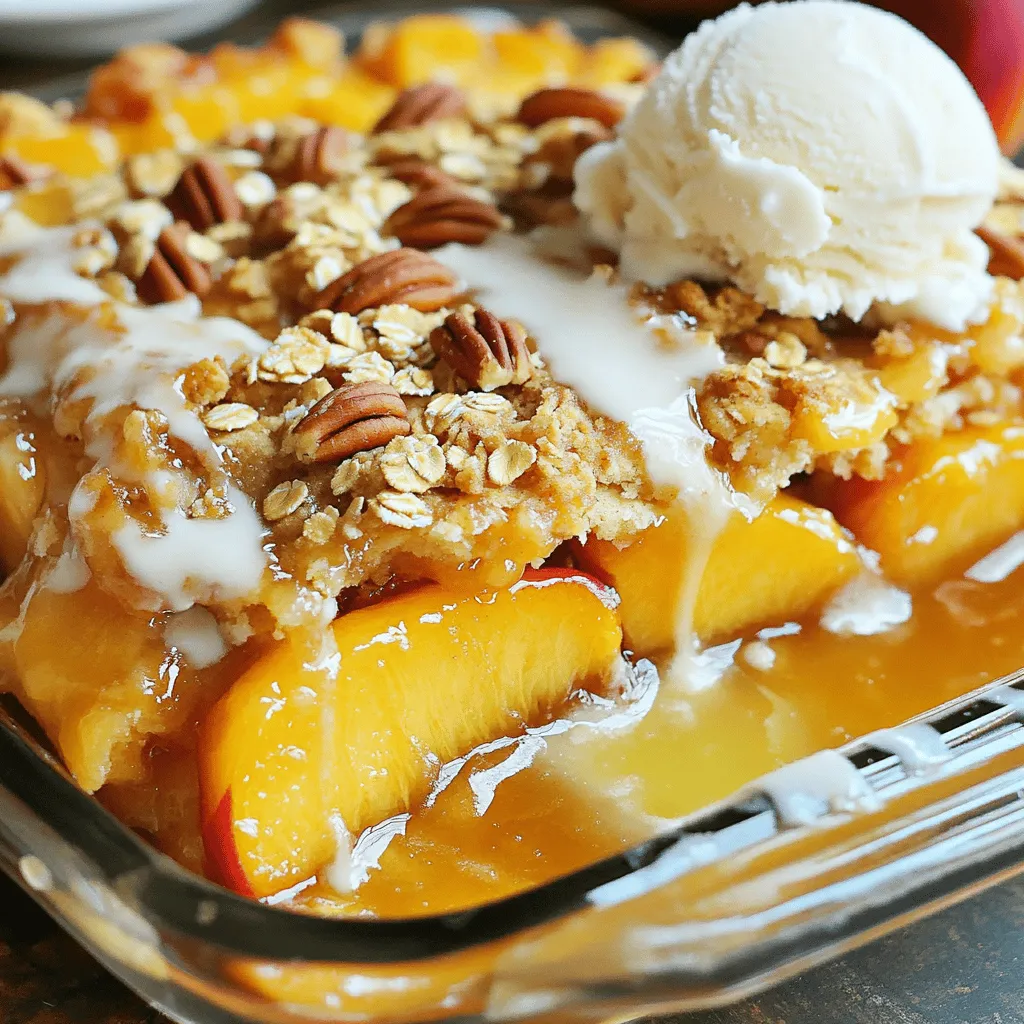 - 2 (15 oz) cans sliced peaches in syrup - 1 cup brown sugar - 1 teaspoon ground cinnamon - 1 box yellow cake mix (15.25 oz) - 1 cup unsalted butter, melted - 1/2 cup rolled oats - 1/2 cup chopped pecans (optional) - Vanilla ice cream (for serving, optional) This recipe uses simple, tasty ingredients. The sliced peaches make it sweet and juicy. Brown sugar adds a rich flavor. Ground cinnamon gives a warm spice that pairs well with the peaches. The yellow cake mix creates a fluffy, soft texture. Melted butter is key. It helps the cake mix absorb flavors and adds moisture. Rolled oats add a nice crunch. Chopped pecans, if you choose to use them, give an extra layer of texture. Lastly, serving with vanilla ice cream is a great option. The ice cream melts and mixes with the warm cake. This makes every bite extra special. Gather these ingredients, and you’re ready to create a delightful dessert that everyone will love. - Preheat your oven to 350°F (175°C) and grease a 9x13-inch baking dish. - Drain the sliced peaches, reserving about 1/4 cup of the syrup. - In a medium bowl, combine the peaches, brown sugar, and cinnamon. Pour this mixture into the prepared baking dish. - Sprinkle the yellow cake mix evenly over the peach mixture. Make sure all the peaches are covered. - Drizzle the melted butter over the cake mix and let it soak in. This adds flavor and moisture. - If you like, top with rolled oats and chopped pecans for added crunch. - Bake for 30-35 minutes until golden brown and bubbly on the edges. You want it to look delicious! This process is simple but results in a delightful dessert. It’s the perfect treat for any occasion. - Use fresh peaches for a more robust flavor if available. Fresh fruit gives the dish a vibrant taste and smell. - Adjust sugar according to your sweetness preference. Taste the peaches first; they can be sweet or tart. - Let the cake cool slightly for better serving consistency. This helps the cake set up nicely and makes it easier to serve. - Serve warm with vanilla ice cream on top. The creaminess of the ice cream balances the warm, sweet peaches. - Pair with whipped cream or fresh fruit for added flavor. A dollop of cream adds richness and freshness to each bite. {{image_2}} You can switch the yellow cake mix for white cake mix. This gives a lighter taste. If you want a new crunch, try using chopped almonds or walnuts instead of pecans. Each nut brings its own flavor and texture. To make your dump cake extra special, add a splash of vanilla extract. Almond extract also works well. These give a nice depth to the flavor. For added warmth, mix in a pinch of nutmeg with the cinnamon. This small change makes a big difference in taste. Enjoy experimenting with these variations! After you enjoy your peach cobbler dump cake, store any leftovers properly. Keep it covered at room temperature for 1-2 days. This works well if you plan to eat it soon. If you want it to last longer, refrigerate the cake. It can stay fresh for up to 5 days when chilled. Just make sure to cover it tightly to keep moisture in. When you're ready to enjoy your leftovers, reheating is key. For the best taste and texture, reheat in the oven. Set it to 350°F (175°C) and warm it for 10-15 minutes. This method helps regain the crispy top. If you're in a hurry, the microwave is an option. But be aware, it may soften the cake a bit. So, choose the method that fits your time and mood! Can I use frozen peaches instead of canned? Yes, you can use frozen peaches. Just thaw them first. Drain any extra liquid. This keeps the cake from being too soggy. How can I make this recipe gluten-free? To make it gluten-free, swap the yellow cake mix with a gluten-free cake mix. Many brands offer great options. Is it possible to make well in advance and freeze? Yes, you can freeze it. Bake the cake and let it cool completely. Then, wrap it tightly and freeze for up to three months. Can I replace the butter with coconut oil? Yes, coconut oil works well as a substitute for butter. Use the same amount for a tasty twist. What other fruits can be used in a dump cake? You can use many fruits! Try apples, cherries, or blueberries. Each fruit gives a unique flavor to the cake. What is the origin of cobbler desserts? Cobbler desserts come from the American South. They started in the 1800s as a way to use fresh fruit. The name "cobbler" comes from the way the topping looks, resembling a cobbled street. This guide covered all you need to know for making a peach cobbler dump cake. You learned about the essential ingredients, step-by-step instructions, and handy tips. The options for variations and serving suggestions help make this dish fun and customizable. Remember, this cake is best warm and pairs well with ice cream. With a few easy storage tips, you can enjoy leftovers too. I hope you feel inspired to try this tasty dessert! Happy baking!