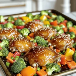 - 4 chicken thighs, bone-in and skin-on - ¼ cup honey - 3 cloves garlic, minced - 2 tablespoons soy sauce (or tamari for gluten-free) - 1 tablespoon olive oil - 1 teaspoon fresh ginger, grated - 1 teaspoon paprika - Salt and pepper to taste - 2 cups mixed vegetables (such as bell peppers, broccoli, and carrots) - Sesame seeds for garnish - Chopped green onions for garnish The first step to this recipe is selecting your ingredients. I love using bone-in, skin-on chicken thighs. They stay juicy and flavorful. The honey adds a nice sweetness, while garlic gives a punch of flavor. Soy sauce enhances the dish with a savory touch. You will need fresh ginger for a hint of warmth. Paprika gives a nice color and a mild spice. Don't forget your mixed vegetables! Bell peppers, broccoli, and carrots bring color and crunch. For garnishes, sesame seeds and chopped green onions are perfect. They add a fresh finish to your dish. First, set your oven to 400°F (200°C). This ensures the chicken cooks evenly. In a small bowl, whisk together ¼ cup honey, 3 minced garlic cloves, 2 tablespoons soy sauce, 1 tablespoon olive oil, 1 teaspoon fresh ginger, 1 teaspoon paprika, salt, and pepper. Mix until smooth and well combined. This honey garlic sauce adds a sweet and savory flavor to the dish. Next, take 4 chicken thighs and place them on a large sheet pan. Make sure they have enough space. Pour half of that honey garlic mixture over the thighs. Use a brush or spoon to coat the chicken evenly. This helps each bite be full of flavor. Now, choose 2 cups of mixed vegetables. Bell peppers, broccoli, and carrots work great. Wash and chop them into bite-sized pieces. Arrange the veggies around the chicken on the same sheet pan. Drizzle the rest of the honey garlic sauce over the vegetables. Use your hands or a spatula to toss the veggies, ensuring they are well coated. This step makes sure every part of the dish gets that tasty sauce. Place the sheet pan in the preheated oven. Bake for 30 to 35 minutes. Keep an eye on the chicken, aiming for an internal temperature of 165°F (74°C). The skin should be crispy, and the edges will caramelize. Stir the vegetables halfway through baking for even cooking. Once the dish is done, take it out of the oven. Let it rest for a few minutes. This helps the juices settle in the chicken. For a nice presentation, garnish with sesame seeds and chopped green onions. This adds a pop of color and flavor to your dish. To get that crispy skin on your chicken thighs, I have some solid tips. First, make sure the skin is dry before cooking. Pat it with paper towels. The drier the skin, the better. Next, bake the chicken at a high temperature, like 400°F (200°C). This helps the fat render out quickly and gives you that nice crunch. To avoid sogginess, do not crowd the pan with chicken or veggies. Leave some space for air to flow. Stir the veggies halfway through cooking. This way, they cook evenly and stay crisp. Marinating is key for flavor. Use a mixture of honey, garlic, soy sauce, and olive oil. This blend makes the chicken juicy and full of taste. You should let the chicken marinate for at least 30 minutes. For best results, marinate for 2 hours in the fridge. The longer it sits, the more flavor it absorbs. Pair your honey garlic chicken thighs with simple sides. Rice or quinoa makes a great base. Steamed broccoli or a fresh salad adds nice color and crunch. For presentation, slice the chicken thighs before serving. Arrange them on a platter and sprinkle with sesame seeds and chopped green onions. This adds a pop of color and makes the dish look stunning! {{image_2}} You can swap chicken thighs for other proteins. Try using pork chops or tofu. Pork gives a nice richness and pairs well with honey. If you prefer tofu, choose firm or extra-firm for the best texture. Cut it into cubes and marinate like the chicken. Both options work great with the honey garlic sauce. Seasonal veggies add fun to this dish. Use zucchini, asparagus, or green beans in the spring. In the fall, try butternut squash or Brussels sprouts. Each vegetable adds different colors and textures. You can mix them up based on what you like or have on hand. This keeps the meal fresh and exciting. For spice lovers, add chili sauce or sriracha to the honey garlic mix. This adds heat and excitement. You can also switch up the sauce. Use teriyaki for a sweet and savory twist or barbecue for a smoky flavor. Each variant creates a new taste experience, making your meal different each time. After you enjoy your honey garlic chicken thighs, store any leftovers in the fridge. Place the chicken and mixed veggies in an airtight container. Make sure the lid seals well to keep the flavor locked in. The dish can stay fresh for up to three days in the fridge. If you want to save leftovers for later, freezing is a great option. Place the cooled chicken and veggies in a freezer-safe bag. Squeeze out as much air as you can before sealing. This helps prevent freezer burn. When you are ready to eat, thaw in the fridge overnight. Reheat in the oven or microwave until hot. In the fridge, your honey garlic dish lasts about three days. In the freezer, it stays good for up to three months. Just remember to label your containers with the date. This way, you always know when to use them for the best taste. Yes, you can use boneless chicken thighs. They cook faster than bone-in thighs. Adjust your cooking time to about 25-30 minutes. Check the internal temperature to reach 165°F (74°C). Boneless thighs will soak up the honey garlic flavor well. If you don’t have honey, use maple syrup or agave nectar. Both add sweetness and work well in this dish. Use the same amount as the recipe states for honey. You can also mix brown sugar with water for a similar taste. To make this recipe gluten-free, use tamari instead of soy sauce. It has a similar taste and works great. Check your mixed vegetables to ensure they are also gluten-free. Many fresh or frozen vegetables are safe to use. Serve honey garlic chicken thighs with rice or quinoa. Steamed broccoli or a fresh salad makes a great side too. You can also try mashed potatoes for a comforting option. If you have leftovers, chop the chicken and toss it into a wrap for lunch! This recipe for honey garlic chicken thighs is simple and tasty. You learned how to prepare the chicken, mix in colorful veggies, and bake it all to perfection. I shared tips for crispy skin and marinating. You can also explore variations with different proteins or spicy flavors. Storing leftovers is easy, too. Remember, even small changes can add more fun to your dish. Enjoy creating this meal with your own personal touch! Happy cooking!