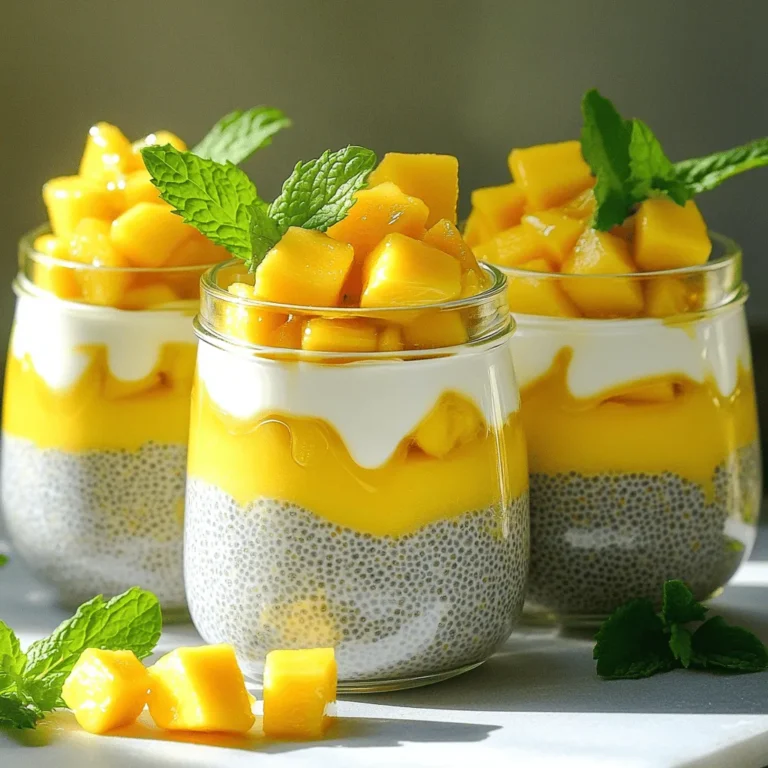 - 1 cup coconut milk - 1/2 cup almond milk (or more coconut milk for a richer flavor) - 1/4 cup chia seeds - 2 tablespoons maple syrup (or honey) - 1 ripe mango, diced - 1/2 teaspoon vanilla extract - A pinch of salt - Fresh mint leaves for garnish (optional) Coconut milk brings a smooth, creamy base. It adds a rich taste and healthy fats. Almond milk offers a lighter option. You can mix both for a perfect balance. Chia seeds are tiny but mighty. They swell when soaked and add fiber and protein. These seeds help keep you full. They also provide omega-3 fatty acids, which are good for your heart. For sweetening, you can use maple syrup or honey. Maple syrup has a nice, earthy flavor. Honey is sweeter and pairs well with mango. Choose based on your taste. Mango is the star here. It is juicy and tropical. It gives vitamins A and C. These are great for your skin and immune system. Vanilla extract adds warmth and depth. It makes the pudding more inviting. You can also add cinnamon or nutmeg for extra flavor. Finally, fresh mint leaves make a lovely garnish. They add color and a fresh taste. You can use them to brighten your dish visually and in flavor. With these ingredients, you create a delicious and nutritious treat that is easy to whip up! 1. Mixing the base ingredients Start by taking a large mixing bowl. Add 1 cup of coconut milk and 1/2 cup of almond milk. Then, pour in 2 tablespoons of maple syrup and 1/2 teaspoon of vanilla extract. Add a pinch of salt for taste. Whisk these together until they blend well. 2. Incorporating chia seeds without clumps Next, slowly stir in 1/4 cup of chia seeds. Make sure to mix well as you add them. This helps prevent clumps from forming. Stir until you see no chia seeds floating on top. 3. Refrigeration time for proper consistency Once mixed, cover the bowl and place it in the fridge. Let it chill for at least 4 hours or overnight. This allows the chia seeds to soak up the liquid and thicken properly. 4. Achieving the desired creamy texture After chilling, take the pudding out. Stir it again to break up any clumps. You want a smooth, creamy texture. If it seems too thick, you can add a bit more milk to achieve your preferred consistency. 1. Layering the pudding and mango To serve, take clear bowls or glasses. Start by adding a layer of chia pudding at the bottom. Next, add a layer of diced mango. Repeat these layers until the glass is full. End with a layer of mango on top. 2. Presentation suggestions for serving For a beautiful look, use clear glass jars. This way, everyone can see the pretty layers. You can also top it with extra mango slices or a drizzle of coconut milk. 3. Creative serving ideas in jars or glasses Use small jars for single servings. They are fun and easy to grab. You can also serve the pudding at parties in larger bowls for sharing. Don’t forget to add fresh mint leaves for a pop of color and taste! To make the best chia pudding, get the chia seed-to-liquid ratio right. Use 1/4 cup of chia seeds for every 1.5 cups of liquid. This ratio gives you a thick and creamy pudding. To prevent clumps, mix the chia seeds in slowly. Stir them in gradually while whisking the liquid. This way, they will blend well without sticking together. Refrigerate your pudding for at least 4 hours. For the best results, let it chill overnight. This allows the seeds to soak up the liquid and swell properly. You can experiment with sweeteners to find what you like best. Maple syrup adds a nice flavor, but honey works well too. Try adjusting the sweetness based on your taste. Consider adding coconut flakes for a fun texture. They give a nice crunch and enhance the coconut flavor. You can sprinkle some on top for extra fun. Always taste your pudding before serving. Adjust the sweetness if needed. This way, you can make sure it is just right for you. {{image_2}} You can change up the mango coconut chia pudding in fun ways. Try adding other fruits like pineapple or passionfruit for a tropical twist. If you love chocolate, mix in cocoa powder for a chocolate coconut chia pudding. You can also switch to nut milks to keep it dairy-free. Almond milk works well, but coconut milk adds a richer taste. If you follow a vegan diet, swap maple syrup for honey. You can also use less sweetener to make a low-sugar version. For nut allergies, just use coconut milk and avoid almond milk. This way, everyone can enjoy the pudding. These simple changes help cater to different diets while keeping the pudding delicious. To keep your mango coconut chia pudding fresh, refrigerate leftovers right away. It will stay good for about 4 to 5 days in the fridge. If you want to store it longer, you can freeze it. Just know that freezing may change the texture. The pudding might become a bit grainy after thawing. You can get creative with leftover pudding. Try blending it into smoothies for added creaminess. It also works great as a topping for desserts or breakfast items. You can even spoon it into a bowl with granola for a quick snack. This way, nothing goes to waste, and you enjoy new flavors! How long does it take to thicken chia pudding? Chia pudding takes about 4 hours to thicken. I often let it sit overnight for the best texture. The chia seeds soak up the liquid and create a nice, creamy pudding. Can I use other types of milk? Yes, you can use other types of milk. Almond milk and soy milk work well. If you want a richer taste, stick with coconut milk. The flavor will still be great! Is chia pudding healthy? Chia pudding is very healthy. Chia seeds are packed with fiber, protein, and omega-3 fatty acids. Plus, the mango adds vitamins and antioxidants. It's a guilt-free treat! How can I make it less sweet? To make it less sweet, reduce the maple syrup or honey. You can also skip the sweetener completely. The natural flavor of mango is sweet enough for many people. Can I make it ahead of time? Absolutely! You can make it a day or two ahead. Just store it in the fridge in an airtight container. It stays fresh and ready to enjoy. What is the nutritional value of Mango Coconut Chia Pudding? Mango Coconut Chia Pudding is rich in nutrients. It has healthy fats, fiber, and protein. Each serving contains around 200 calories, depending on the sweetener used. Chia seeds boost your health with calcium and antioxidants. How to adjust servings for larger groups? To adjust servings, simply multiply the ingredients by the number of people you want to serve. For example, double the recipe for eight servings. Use larger bowls or jars to hold the pudding. Tips for achieving a vegan version of the recipe? To make it vegan, use maple syrup instead of honey. Stick with coconut milk and almond milk as your base. This keeps the dish plant-based and just as tasty! In this post, we explored a delicious chia pudding recipe using coconut milk and mango. We covered ingredient choices, step-by-step preparation, and serving ideas. I shared tips for perfecting texture and flavor, plus creative variations. Remember to store leftovers properly to maximize freshness. Chia pudding is easy to customize and nutritious, making it a great option for any meal. Enjoy experimenting to find your perfect mix of flavors and textures!