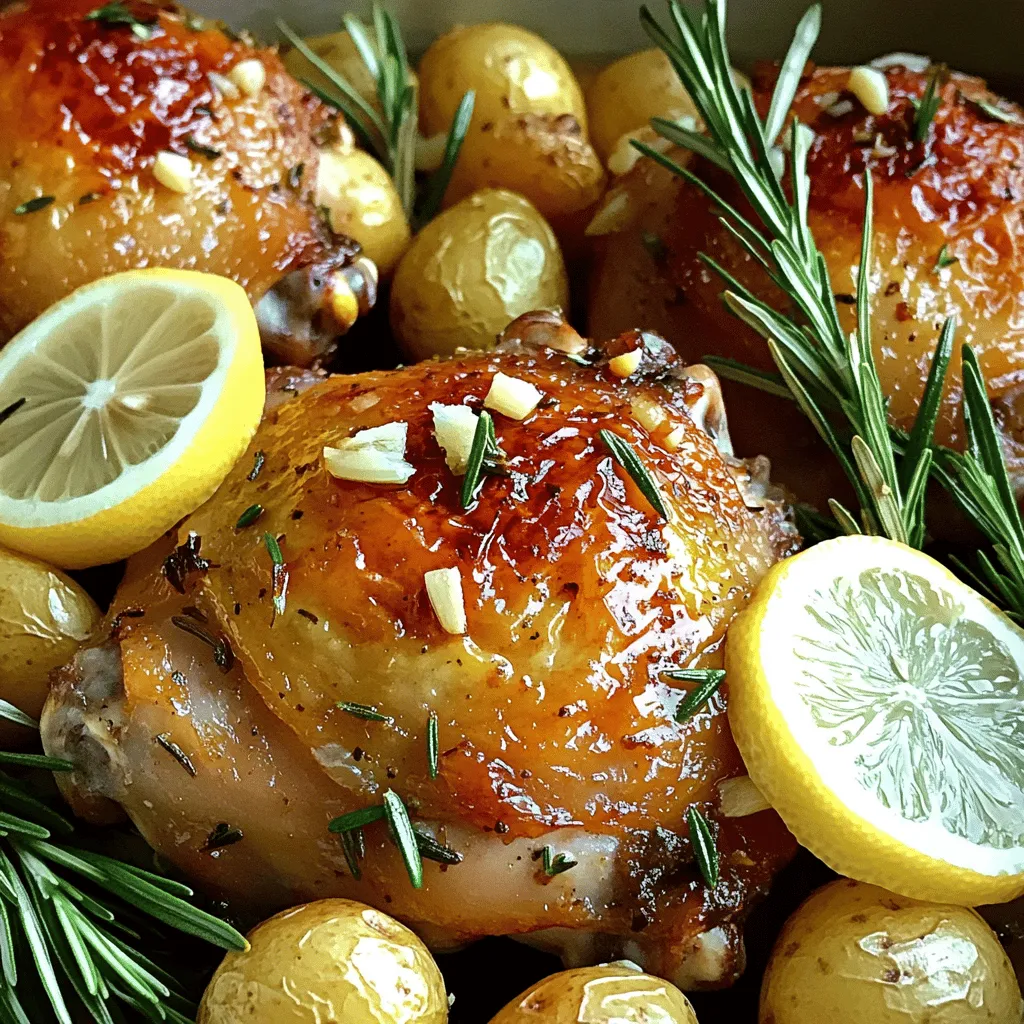 - 4 bone-in, skin-on chicken thighs - 4 cloves garlic, minced - 2 tablespoons fresh rosemary, chopped - 1 tablespoon olive oil - 1 teaspoon lemon zest - Salt and pepper to taste - 1 cup chicken broth - 1 lemon, sliced - 1 cup baby potatoes, halved - Fresh rosemary sprigs for garnish The main ingredients for this dish are simple yet flavorful. The chicken thighs are the star of the show. Their skin holds in moisture and flavor. Garlic adds a punch that blends well with chicken. Fresh rosemary gives a lovely aroma and taste. You can really taste the herbs in each bite. The other ingredients help boost the flavor. Olive oil keeps the chicken moist and helps the skin crisp. Lemon zest adds a bright note that cuts through the richness. Salt and pepper are a must for seasoning. Chicken broth keeps the meat juicy while it cooks. You can add optional ingredients for more texture. Sliced lemon gives a fresh taste and looks great. Baby potatoes soak up the broth’s flavor and make a nice side. A sprig of fresh rosemary brightens up the plate before serving. These ingredients come together to create a savory delight that you will love. - Preheat the oven to 425°F (220°C). - Pat the chicken thighs dry with paper towels. This step is key. It helps the skin get crispy. - In a small bowl, combine: - 4 cloves garlic, minced - 2 tablespoons fresh rosemary, chopped - 1 tablespoon olive oil - 1 teaspoon lemon zest - Salt and pepper to taste - Mix these ingredients well. This creates a flavorful paste. - Rub the garlic-rosemary mixture all over the chicken thighs. Make sure to get under the skin. This boosts flavor. - In a large oven-safe skillet, arrange the chicken thighs skin-side up. - Add lemon slices around the chicken. If you like, scatter halved baby potatoes on top. - Pour 1 cup of chicken broth into the skillet. This keeps the chicken moist. - Roast the chicken in the oven for 35-40 minutes. Look for a golden brown color. - The chicken must reach an internal temperature of 165°F (75°C). - Once done, remove the skillet from the oven. Let the chicken rest for 5 minutes before serving. This helps the juices settle. To get crispy skin, dry the chicken thighs well. Moisture can make the skin soggy. Use paper towels to pat them dry before seasoning. Cooking at the right temperature is key. Set your oven to 425°F (220°C). This high heat helps the skin crisp up nicely. For better flavor, marinate the chicken thighs for at least 30 minutes. This allows the garlic and rosemary to soak in. You can also add other herbs, like thyme or oregano, for extra taste. Experiment with spices like paprika or crushed red pepper for a kick. Pair your rosemary garlic roasted chicken thighs with sides like roasted vegetables or a fresh salad. Creamy mashed potatoes work well too. For a beautiful presentation, garnish with fresh rosemary sprigs and lemon slices. This adds color and a hint of freshness to the dish. {{image_2}} You can change the herbs in this dish for new flavors. Thyme and oregano work well. They both add a nice touch to the chicken. Just swap in the same amount as the rosemary. This keeps the balance of flavors strong. If you want to switch things up, try grilling the chicken. Grilling gives it a smoky flavor. Just be sure to use a grill-safe pan or foil to catch the drippings. Another great option is a slow cooker. Just season the chicken as before and place it in the slow cooker. Add the broth and lemon slices. Cook on low for about 6 hours. This method makes the chicken very tender and juicy. You can also use chicken breasts instead of thighs. Breasts cook faster, so check them sooner. They should reach the same internal temperature of 165°F. Feel free to change up the veggies too. Instead of baby potatoes, you can use carrots or green beans. You can also swap chicken broth for vegetable broth for a lighter taste. This makes the dish flexible and fun to make! To keep your rosemary garlic roasted chicken thighs fresh, store them in the fridge. Place the chicken in an airtight container. This helps seal in moisture and flavor. You can also wrap the chicken tightly in plastic wrap or foil. Make sure to eat the leftovers within three to four days for the best taste. The best storage containers are glass or BPA-free plastic. They help prevent any unwanted smells in your fridge. If you have a lot of leftovers, consider using smaller containers. This way, you can grab a single serving easily. For reheating, the oven is the best method. Preheat your oven to 350°F (175°C). Place the chicken on a baking sheet and cover it with foil. Heat for about 15 to 20 minutes. This keeps the chicken juicy and warm. If you’re in a hurry, use the microwave. Place the chicken on a microwave-safe plate. Cover it with a damp paper towel. Heat for 1 to 2 minutes, checking to make sure it does not dry out. To freeze leftovers, let the chicken cool completely first. Then, wrap each piece tightly in plastic wrap. Place them in a freezer-safe bag or container. This method helps prevent freezer burn. You can freeze the chicken for up to three months. When you're ready to eat, thaw the chicken in the fridge overnight. For a quicker method, you can use the microwave’s defrost setting. Once thawed, reheat it in the oven or microwave as mentioned above. Enjoy your delicious meal even after freezing! Cook chicken thighs until they reach an internal temperature of 165°F (75°C). This usually takes about 35 to 40 minutes in a preheated oven at 425°F (220°C). It is important to use a meat thermometer to check. This way, you ensure they are safe to eat. The skin should be golden brown and crispy. Yes, you can use boneless chicken thighs. They cook faster, around 25 to 30 minutes. However, the flavors may differ. Bone-in thighs tend to be juicier and more flavorful due to the bone. Boneless thighs are convenient and great for quick meals. Pair the chicken with a variety of sides. Here are some ideas: - Roasted vegetables, like carrots and Brussels sprouts - Creamy mashed potatoes - A light salad with mixed greens and vinaigrette - Garlic bread for a tasty touch These sides complement the chicken's savory flavors well. Yes, you can prepare this dish in advance. Season the chicken and refrigerate for up to 24 hours. When ready, just roast it as usual. You can also cook it ahead and reheat it. To keep it fresh, store in an airtight container in the fridge. Enjoy your meal without the last-minute rush! Roasting chicken thighs with garlic and rosemary is easy and delicious. You learned about key ingredients and steps to prepare this dish. I shared tips for getting crispy skin and enhancing flavor. You can even try variations and make it your own. Store leftovers correctly and reheat with care. Enjoy this simple meal with your favorite sides. Cooking can be fun, so dive in and let these flavors shine!
