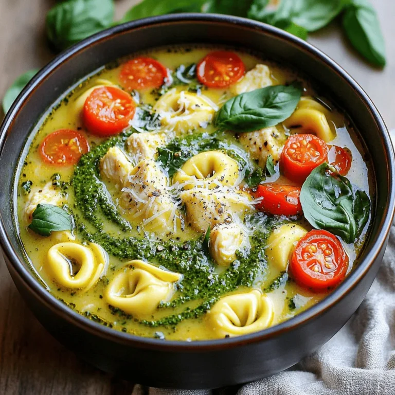 To make creamy pesto chicken tortellini soup, gather these simple ingredients: - 2 tablespoons olive oil - 1 pound boneless, skinless chicken breast, diced - 1 onion, diced - 3 cloves garlic, minced - 4 cups chicken broth - 2 cups heavy cream - 1 cup basil pesto (store-bought or homemade) - 1 package (9 oz) cheese tortellini - 1 cup cherry tomatoes, halved - 2 cups fresh spinach - Salt and pepper to taste - Grated Parmesan cheese for serving - Fresh basil leaves for garnish Choose ingredients with care for the best taste. Here are some tips: - Chicken: Look for bright pink chicken. Avoid any that looks dull or gray. - Onion: Pick firm onions with smooth skin. They should feel heavy for their size. - Garlic: Choose garlic bulbs that are firm and dry. Avoid any with green sprouts. - Spinach: Select fresh spinach with vibrant green leaves. Avoid wilted or yellowing leaves. - Tomatoes: Choose firm, bright cherry tomatoes. They should smell sweet and fruity. - Pesto: If using store-bought pesto, check the label for fresh ingredients. If you can't find an ingredient, here are some easy swaps: - Chicken: Use diced turkey or cooked sausage instead of chicken. - Cream: Substitute coconut cream for a dairy-free option. - Pesto: You can use sun-dried tomato paste for a different flavor. - Tortellini: Try using gnocchi or any small pasta if tortellini is not available. - Spinach: Kale or Swiss chard makes a great substitute for spinach. These tips help you make the best creamy pesto chicken tortellini soup. Happy cooking! Start by gathering all your ingredients. You need olive oil, diced chicken, onion, garlic, chicken broth, heavy cream, basil pesto, cheese tortellini, cherry tomatoes, fresh spinach, salt, pepper, Parmesan cheese, and basil leaves. Next, prepare your workspace. Dice the chicken and onion. Mince the garlic. Halving the cherry tomatoes is next. Set everything aside in bowls for easy access. Heat the olive oil in a large pot over medium heat. Add the diced chicken. Cook it for about 5-7 minutes until it turns light brown. Now, add the diced onion and minced garlic to the pot. Sauté for 3-4 minutes until the onion looks clear and smells great. Pour in the chicken broth. Bring it to a gentle boil, then lower the heat to a simmer. Stir in the heavy cream and basil pesto. Mix well until everything blends nicely. Add the tortellini to the pot. Cook them according to the package instructions. They usually take about 3-5 minutes to float to the top. When the tortellini are cooked, add the halved cherry tomatoes and fresh spinach. Stir and cook for another 2-3 minutes until the spinach wilts. Taste the soup and season with salt and pepper. Adjust it to your liking. Serve the hot soup in deep bowls. For a special touch, drizzle a little extra pesto on top. Garnish with grated Parmesan cheese and fresh basil leaves. This adds color and flavor. Enjoy your delicious creamy pesto chicken tortellini soup! To get the best creamy texture, use heavy cream. It adds richness and smoothness. When you add the cream, stir gently to blend it well with the broth. If you want it even creamier, try blending some soup and adding it back in. This makes the soup thick and velvety. Seasoning makes your soup shine. Start with salt and pepper. Taste as you go. If you want more flavor, add Italian herbs or a pinch of red pepper flakes. Fresh basil is also a great choice to boost the flavor. For a twist, a squeeze of lemon juice adds brightness. One mistake is overcooking the tortellini. Follow the package instructions closely. If overcooked, they turn mushy. Another tip is to add spinach at the end. This keeps it bright and fresh. Finally, don’t skip the garnish. Grated Parmesan and fresh basil make a big difference in taste and look. {{image_2}} You can easily make a vegetarian version of this soup. Start by swapping the chicken for extra veggies. Use mushrooms, zucchini, or bell peppers for great texture. Replace the chicken broth with vegetable broth to keep the flavor rich. This way, you still get a creamy, tasty soup without meat. If you want to change the protein, you have options. You can use diced turkey or shrimp. Each choice adds a unique flavor. Just remember to cook the protein until it's fully done. Adjust cooking times as needed. This keeps the soup fun and fresh each time you make it. Herbs can transform this soup into something special. Fresh herbs like thyme or rosemary add depth. Simply toss them in when you add the broth. You can also use dried herbs if fresh ones aren’t available. Just be careful with amounts, as dried herbs are stronger. A little goes a long way! To keep your creamy pesto chicken tortellini soup fresh, store it in an airtight container. Make sure the soup cools down to room temperature first. Place it in the fridge if you plan to eat it within three days. If you want it to last longer, consider freezing it. When reheating, do it slowly on the stove over low heat. Stir often to prevent sticking. If the soup thickens too much, add a splash of chicken broth or cream. You can also microwave it in short bursts. Stir between each burst to heat evenly. To freeze, pour the cooled soup into freezer-safe bags or containers. Leave some space at the top, as soup expands when frozen. Label the bags with the date. It can last up to three months in the freezer. Thaw it overnight in the fridge before reheating. Yes, you can use frozen tortellini. Just add it straight to the soup. Cook it for about 5-7 minutes. Check the package for specific times. Frozen tortellini works well in this creamy pesto chicken tortellini soup. It saves time and is easy to find. To make this soup dairy-free, swap heavy cream for coconut milk or almond milk. Use a dairy-free pesto too. You can find many brands in stores. Make sure to check the labels. This change keeps the soup creamy while being friendly for dairy-free diets. Serve the soup hot in deep bowls. Add a sprinkle of grated Parmesan on top for flavor. Garnish with fresh basil leaves for color and aroma. Drizzle a bit of extra pesto on top for a nice touch. This makes the soup look fancy and appetizing. Enjoy it with crusty bread for a complete meal. This blog post covered the key steps to make a delicious soup. We discussed ingredients, cooking instructions, and tips to improve flavor. You learned how to avoid common mistakes and adapt the recipe to your taste. I also shared storage tips to keep your soup fresh. In conclusion, using the right ingredients and techniques makes a great meal. Enjoy experimenting with variations to find your favorite. Happy cooking!