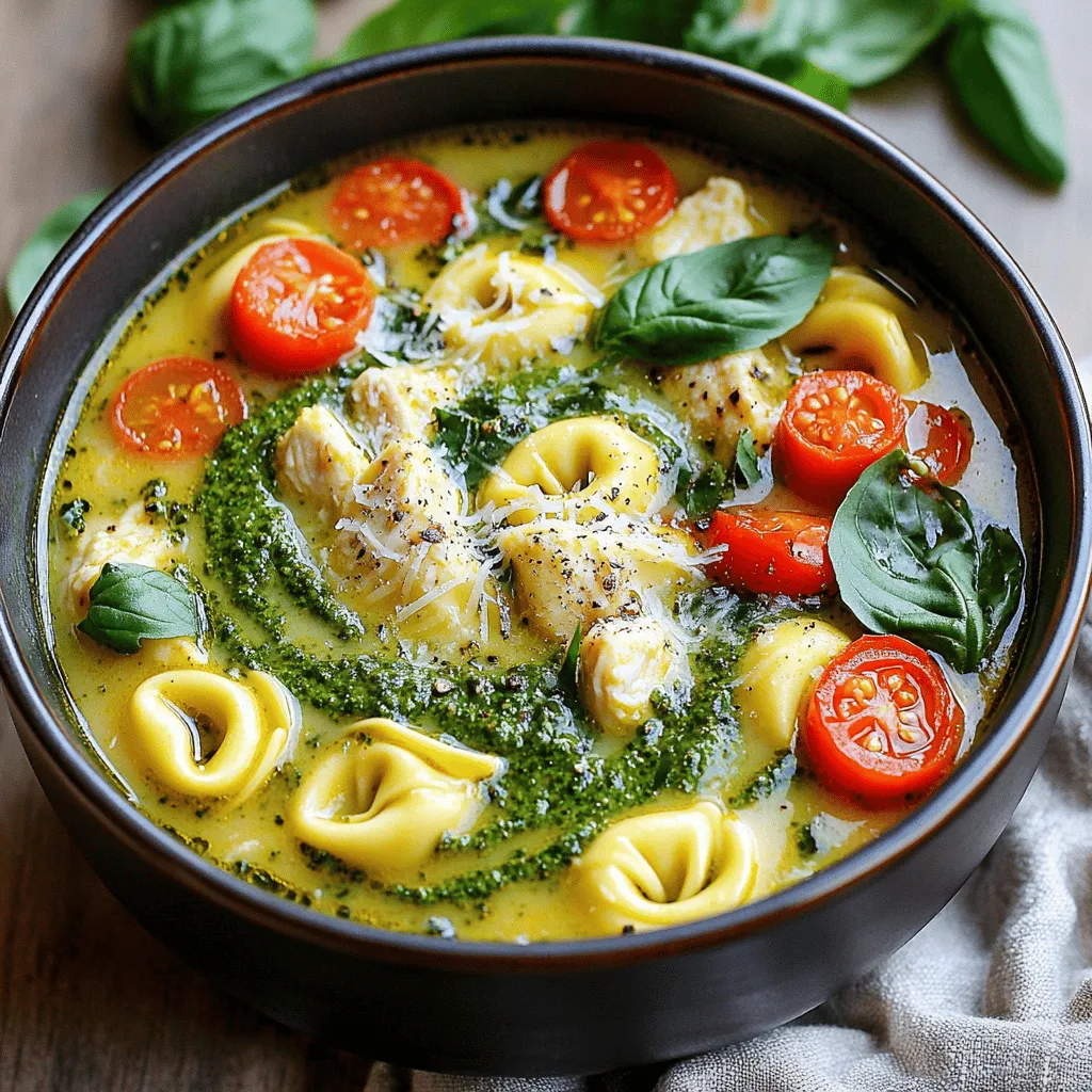 To make creamy pesto chicken tortellini soup, gather these simple ingredients: - 2 tablespoons olive oil - 1 pound boneless, skinless chicken breast, diced - 1 onion, diced - 3 cloves garlic, minced - 4 cups chicken broth - 2 cups heavy cream - 1 cup basil pesto (store-bought or homemade) - 1 package (9 oz) cheese tortellini - 1 cup cherry tomatoes, halved - 2 cups fresh spinach - Salt and pepper to taste - Grated Parmesan cheese for serving - Fresh basil leaves for garnish Choose ingredients with care for the best taste. Here are some tips: - Chicken: Look for bright pink chicken. Avoid any that looks dull or gray. - Onion: Pick firm onions with smooth skin. They should feel heavy for their size. - Garlic: Choose garlic bulbs that are firm and dry. Avoid any with green sprouts. - Spinach: Select fresh spinach with vibrant green leaves. Avoid wilted or yellowing leaves. - Tomatoes: Choose firm, bright cherry tomatoes. They should smell sweet and fruity. - Pesto: If using store-bought pesto, check the label for fresh ingredients. If you can't find an ingredient, here are some easy swaps: - Chicken: Use diced turkey or cooked sausage instead of chicken. - Cream: Substitute coconut cream for a dairy-free option. - Pesto: You can use sun-dried tomato paste for a different flavor. - Tortellini: Try using gnocchi or any small pasta if tortellini is not available. - Spinach: Kale or Swiss chard makes a great substitute for spinach. These tips help you make the best creamy pesto chicken tortellini soup. Happy cooking! Start by gathering all your ingredients. You need olive oil, diced chicken, onion, garlic, chicken broth, heavy cream, basil pesto, cheese tortellini, cherry tomatoes, fresh spinach, salt, pepper, Parmesan cheese, and basil leaves. Next, prepare your workspace. Dice the chicken and onion. Mince the garlic. Halving the cherry tomatoes is next. Set everything aside in bowls for easy access. Heat the olive oil in a large pot over medium heat. Add the diced chicken. Cook it for about 5-7 minutes until it turns light brown. Now, add the diced onion and minced garlic to the pot. Sauté for 3-4 minutes until the onion looks clear and smells great. Pour in the chicken broth. Bring it to a gentle boil, then lower the heat to a simmer. Stir in the heavy cream and basil pesto. Mix well until everything blends nicely. Add the tortellini to the pot. Cook them according to the package instructions. They usually take about 3-5 minutes to float to the top. When the tortellini are cooked, add the halved cherry tomatoes and fresh spinach. Stir and cook for another 2-3 minutes until the spinach wilts. Taste the soup and season with salt and pepper. Adjust it to your liking. Serve the hot soup in deep bowls. For a special touch, drizzle a little extra pesto on top. Garnish with grated Parmesan cheese and fresh basil leaves. This adds color and flavor. Enjoy your delicious creamy pesto chicken tortellini soup! To get the best creamy texture, use heavy cream. It adds richness and smoothness. When you add the cream, stir gently to blend it well with the broth. If you want it even creamier, try blending some soup and adding it back in. This makes the soup thick and velvety. Seasoning makes your soup shine. Start with salt and pepper. Taste as you go. If you want more flavor, add Italian herbs or a pinch of red pepper flakes. Fresh basil is also a great choice to boost the flavor. For a twist, a squeeze of lemon juice adds brightness. One mistake is overcooking the tortellini. Follow the package instructions closely. If overcooked, they turn mushy. Another tip is to add spinach at the end. This keeps it bright and fresh. Finally, don’t skip the garnish. Grated Parmesan and fresh basil make a big difference in taste and look. {{image_2}} You can easily make a vegetarian version of this soup. Start by swapping the chicken for extra veggies. Use mushrooms, zucchini, or bell peppers for great texture. Replace the chicken broth with vegetable broth to keep the flavor rich. This way, you still get a creamy, tasty soup without meat. If you want to change the protein, you have options. You can use diced turkey or shrimp. Each choice adds a unique flavor. Just remember to cook the protein until it's fully done. Adjust cooking times as needed. This keeps the soup fun and fresh each time you make it. Herbs can transform this soup into something special. Fresh herbs like thyme or rosemary add depth. Simply toss them in when you add the broth. You can also use dried herbs if fresh ones aren’t available. Just be careful with amounts, as dried herbs are stronger. A little goes a long way! To keep your creamy pesto chicken tortellini soup fresh, store it in an airtight container. Make sure the soup cools down to room temperature first. Place it in the fridge if you plan to eat it within three days. If you want it to last longer, consider freezing it. When reheating, do it slowly on the stove over low heat. Stir often to prevent sticking. If the soup thickens too much, add a splash of chicken broth or cream. You can also microwave it in short bursts. Stir between each burst to heat evenly. To freeze, pour the cooled soup into freezer-safe bags or containers. Leave some space at the top, as soup expands when frozen. Label the bags with the date. It can last up to three months in the freezer. Thaw it overnight in the fridge before reheating. Yes, you can use frozen tortellini. Just add it straight to the soup. Cook it for about 5-7 minutes. Check the package for specific times. Frozen tortellini works well in this creamy pesto chicken tortellini soup. It saves time and is easy to find. To make this soup dairy-free, swap heavy cream for coconut milk or almond milk. Use a dairy-free pesto too. You can find many brands in stores. Make sure to check the labels. This change keeps the soup creamy while being friendly for dairy-free diets. Serve the soup hot in deep bowls. Add a sprinkle of grated Parmesan on top for flavor. Garnish with fresh basil leaves for color and aroma. Drizzle a bit of extra pesto on top for a nice touch. This makes the soup look fancy and appetizing. Enjoy it with crusty bread for a complete meal. This blog post covered the key steps to make a delicious soup. We discussed ingredients, cooking instructions, and tips to improve flavor. You learned how to avoid common mistakes and adapt the recipe to your taste. I also shared storage tips to keep your soup fresh. In conclusion, using the right ingredients and techniques makes a great meal. Enjoy experimenting with variations to find your favorite. Happy cooking!