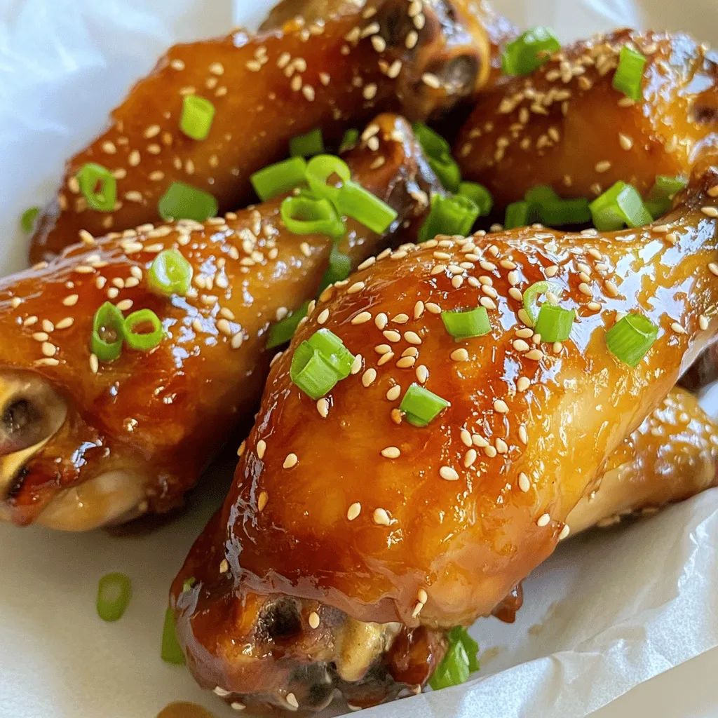 - 10 chicken drumsticks - 1/4 cup honey - 1/4 cup soy sauce - 2 tablespoons sesame oil - 4 cloves garlic, minced - 1 inch fresh ginger, grated - 1/2 teaspoon black pepper - 1/2 teaspoon salt To make sesame honey chicken drumsticks, you need fresh chicken drumsticks. I choose 10 pieces for this recipe. The marinade is vital. It consists of honey, soy sauce, sesame oil, garlic, ginger, black pepper, and salt. Each ingredient adds depth and flavor to the dish. - Honey - Soy Sauce - Sesame Oil - Garlic and Ginger Honey gives a sweet taste that balances the saltiness of soy sauce. Use 1/4 cup of each. Sesame oil adds a nutty flavor. Minced garlic and grated ginger give a spicy kick. They enhance the overall taste of the drumsticks. - Chopped Green Onions - Toasted Sesame Seeds For garnish, I like to add chopped green onions and toasted sesame seeds. They not only look great but also add texture. The green onions provide a fresh crunch. The sesame seeds bring a slight nuttiness. Use them to finish your dish beautifully. - Preheat the oven to 400°F (200°C). - Prepare a baking sheet with parchment paper. Start by turning on your oven. Set it to the right temperature so your chicken cooks well. While the oven heats, take your baking sheet. Parchment paper helps keep the drumsticks from sticking. This makes cleanup easier too! - Combining the marinade ingredients. - Tossing drumsticks in the marinade. In a large bowl, mix the honey, soy sauce, sesame oil, minced garlic, grated ginger, black pepper, and salt. Stir until all the ingredients blend well. Once the marinade is ready, add the drumsticks. Toss them in the mix until they are coated all over. Cover your bowl and let it sit. You can leave it for 30 minutes or up to 2 hours in the fridge. The longer they sit, the more flavorful they become. - Baking time and temperature. - Flipping and toasting the sesame seeds. Place the coated drumsticks on the baking sheet. Make sure they have space between them for even cooking. Bake in the oven for 30 to 35 minutes. Flip them halfway through cooking to ensure they brown nicely. The chicken should reach an internal temperature of 165°F (74°C). In the last five minutes, sprinkle sesame seeds over the drumsticks. This toasts them and adds a nice crunch. Once done, remove them from the oven. Let them rest a few minutes before serving. Marinating chicken drumsticks boosts flavor. I find the best time is at least 30 minutes. For deeper taste, try marinating for up to 2 hours. If you need more marinade, just double the ingredients. This ensures every drumstick gets a good soak. For even cooking, space drumsticks on the baking sheet. This allows heat to circulate well. Flip them halfway through cooking for a nice color. Check if the chicken is done by using a meat thermometer. It should reach 165°F (74°C) in the thickest part. Pair these drumsticks with rice or steamed vegetables for a great meal. You can also serve them with a fresh salad. For plating, stack the drumsticks neatly and sprinkle sesame seeds on top. Finish with green onions for color and crunch. {{image_2}} You can switch up the chicken type. Chicken thighs or wings work great too. Each part has its unique flavor and texture. You can also try vegetarian options. Tofu or tempeh are fantastic substitutes. They soak up the marinade well, giving you a tasty dish. Want to spice things up? Add chili flakes for a kick! This will give your sesame honey chicken a nice heat. If you prefer something fresh, try citrus. Adding lime or orange zest brightens the dish. It brings a zesty twist that pairs well with the sweetness. You can grill or bake the drumsticks. Grilling adds a smoky flavor, while baking is easier. Both methods yield juicy chicken. If you want to try something slow, use a slow cooker. This method makes the chicken tender and allows the flavors to meld beautifully. After enjoying your sesame honey chicken drumsticks, store any leftovers right away. Cool the drumsticks to room temperature first. Place them in an airtight container. Use a container that is safe for the fridge. Glass or BPA-free plastic work well. Refrigerate within two hours to keep them fresh. Properly stored, they last up to four days. To enjoy your leftovers, reheating is key. The best way is using an oven. Preheat your oven to 350°F (175°C). Place the drumsticks on a baking sheet. Heat for about 15-20 minutes or until hot. This method keeps the chicken juicy and crispy. Avoid using a microwave, as it might make them rubbery. If you want to save some drumsticks for later, freezing is a great option. Wrap each drumstick in plastic wrap. Then, place them in a freezer bag. Press out air before sealing. Label the bag with the date. They can stay frozen for up to three months. When ready to eat, thaw them in the fridge overnight. This helps retain flavor and texture. You can use skinless chicken drumsticks. However, the flavor will change. Skin adds rich taste and helps keep the meat juicy. Without skin, the drumsticks may dry out faster during cooking. You should check them often. Cooking time may also be shorter, so keep an eye on them. To check if the chicken is done, look for a few signs. The skin should be golden brown. The meat should not be pink near the bone. The best way is to use a meat thermometer. Insert it into the thickest part. The chicken should reach 165°F or 74°C to be safe to eat. Yes, you can prepare these drumsticks in advance. Marinating them overnight in the fridge will add lots of flavor. Just keep them in a sealed container. You can also store cooked drumsticks in the fridge for up to four days. Reheat them in the oven to keep them crispy. This blog post covered how to prepare tasty chicken drumsticks. We discussed key ingredients like honey and soy sauce, plus tips for marinating and cooking. I shared garnish ideas and helpful storage info. Remember, you can switch up ingredients or cooking methods to fit your tastes. Experimenting makes cooking fun. With these steps, you can enjoy delicious drumsticks anytime. Dive in and enjoy your cooking adventure!