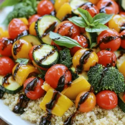 To start, gather these fresh veggies: - 1 cup cherry tomatoes, halved - 1 red bell pepper, diced - 1 yellow bell pepper, diced - 1 zucchini, sliced - 1 red onion, sliced - 2 cups broccoli florets Each of these adds color and taste. Cherry tomatoes burst with sweetness. Bell peppers bring crunch. Zucchini adds a soft texture. Red onion gives a nice bite. Broccoli florets offer a hearty feel. Next, we need to make a zesty balsamic dressing. Here’s what you need: - 3 tablespoons balsamic vinegar - 2 tablespoons olive oil - 1 teaspoon garlic powder - 1 teaspoon dried thyme - Salt and pepper to taste This dressing is easy to whip up. The balsamic vinegar gives a tangy kick. Olive oil smooths it out. Garlic powder adds depth. Thyme enhances the flavor with earthy notes. Don’t forget a pinch of salt and pepper. For a little extra flair, consider these toppings: - 1 cup cooked quinoa (for serving) - Fresh basil leaves, for garnish Quinoa adds protein and makes the bowl filling. Fresh basil gives a bright and fragrant touch. You can also drizzle more balsamic vinegar on top for extra flavor. Start by washing all your vegetables well. I love using cherry tomatoes, bell peppers, zucchini, red onion, and broccoli. Cut the cherry tomatoes in half. Dice the red and yellow bell peppers into small pieces. Slice the zucchini and red onion thinly. Finally, break the broccoli into small florets. Make sure each piece is about the same size. This helps them cook evenly. Grab a small mixing bowl. In it, add 3 tablespoons of balsamic vinegar and 2 tablespoons of olive oil. Then, sprinkle in 1 teaspoon of garlic powder and 1 teaspoon of dried thyme. Add salt and pepper to taste. Whisk everything together until it looks smooth. This dressing adds a lot of flavor to the veggies. Preheat your oven to 425°F (220°C). Line a large baking sheet with parchment paper. In a big bowl, toss your prepped vegetables with the balsamic dressing. Make sure every piece gets coated. Spread the veggies in a single layer on the baking sheet. Roast them for 20-25 minutes. Stir them halfway through for even cooking. When they are tender and slightly caramelized, they are ready. Remove them from the oven and let them cool a bit before serving. To get the best roasted veggies, cut them into even sizes. This helps them cook at the same rate. Use a mix of colors for a bright look. The cherry tomatoes, bell peppers, and broccoli add great flavor and texture. Make sure to toss them well with the balsamic mixture. This ensures every piece is coated and tasty. Roast them at 425°F for 20 to 25 minutes. Stir halfway through for even browning. Let them caramelize a bit for sweetness. I love serving these bowls warm, right from the oven. Divide the cooked quinoa into bowls first. Then, top with the roasted veggies. Add fresh basil leaves for a nice touch. You can also drizzle extra balsamic vinegar on top for more flavor. This dish works well for lunch or dinner. It’s great for meal prep, too. Enjoy with friends or family for a colorful feast! Want more flavor? Try adding garlic or onion powder to the veggies. Fresh herbs like thyme or rosemary can amp up the taste. You can also mix in some cheese for a creamy finish. Feta or goat cheese would taste amazing. For a bit of heat, toss in some red pepper flakes. This adds a fun kick. Feel free to experiment with flavors that you love! {{image_2}} You can add protein to your veggie bowls for more energy. Try cooked chicken, shrimp, or tofu. Just toss them in with your veggies before roasting. For a plant-based option, chickpeas are a great choice. They add protein and flavor to the mix. Feel free to swap or add different vegetables. Carrots, sweet potatoes, or asparagus work well. You can also use cauliflower or brussels sprouts for a unique taste. Just remember to cut them into even pieces for even cooking. You can easily adjust this recipe for various diets. For a gluten-free meal, make sure to choose gluten-free grains like rice or quinoa. If you're low-carb, skip the grains and add more veggies. For a dairy-free option, omit any cheese toppings and use a plant-based dressing. To keep your balsamic roasted veggies fresh, store them in an airtight container. Make sure to cool them first before sealing. This helps prevent moisture build-up, which can make them soggy. If you have leftover quinoa, store it separately. This keeps both fresh and tasty. Reheat your roasted veggies in the oven for the best taste. Set your oven to 350°F (175°C). Spread the veggies on a baking sheet and heat for about 10 minutes. You can also use the microwave. Place the veggies in a bowl, cover with a lid, and heat for 1-2 minutes. Stir halfway through to warm evenly. Leftovers can last up to five days in the fridge. Be sure to check for any signs of spoilage before eating. If you want to keep them longer, consider freezing. Roasted veggies can freeze well for about three months. Just thaw them in the fridge overnight before reheating. Yes, you can easily make this recipe vegan. The main ingredients are already plant-based. The balsamic vinegar and olive oil are also vegan. Just ensure the side items you use for garnishing are vegan-friendly too. Roasted veggies can last about 3 to 5 days in the fridge. Store them in an airtight container for best results. When you want to enjoy them again, just reheat them in the oven or microwave. If you need a substitute for quinoa, try brown rice or couscous. Both options work well and still give you a nice texture. You can also use farro or bulgur for a different flavor. This post covered fresh veggies, tasty balsamic dressing, and optional toppings. I shared steps for prepping, mixing, and roasting. Tips for perfect veggies and serving ideas can enhance your meal. Explore variations like adding proteins or switching vegetables for different diets. Proper storage helps keep leftovers fresh longer. Remember, cooking can be fun and simple. Enjoy your delicious roasted veggies!