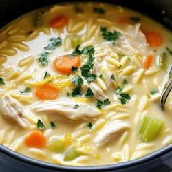 - 1 tablespoon olive oil - 1 medium onion, diced - 2 cloves garlic, minced - 2 medium carrots, chopped - 2 celery stalks, chopped - 1 pound boneless, skinless chicken breasts, diced - 6 cups chicken broth - 1 cup orzo pasta - 1 teaspoon dried thyme - 1 teaspoon oregano - 1 lemon, zested and juiced - 1 cup heavy cream (or coconut milk for a lighter option) - Salt and pepper to taste - Fresh parsley, chopped (for garnish) Each ingredient plays a role in the soup's flavor. Olive oil adds richness. If you're out, you can use butter or vegetable oil. The onion is key for a base flavor. Shallots can work if you prefer a sweeter taste. Garlic gives great aroma, so always use fresh. The carrots and celery add crunch and sweetness. For the chicken, boneless, skinless breasts are great. You can substitute with thighs for more flavor. Chicken broth adds depth. If you want a lighter broth, use vegetable broth. Orzo is perfect for this soup, but you can swap it out for any small pasta, like ditalini or even rice. Lemon brightens the soup. Make sure to zest and juice it for full flavor. Heavy cream makes it rich, but coconut milk offers a lighter option. Lastly, fresh parsley adds color and freshness. If you don’t have it, you can skip it or use dried parsley. I love garnishing with fresh parsley. It adds a pop of color and flavor. You could also add a sprinkle of grated Parmesan cheese for extra richness. A few lemon slices on top can make it look beautiful. If you want a little heat, red pepper flakes can add a nice kick. First, gather all your ingredients. You will need olive oil, onion, garlic, carrots, celery, chicken, chicken broth, orzo, herbs, lemon, cream, salt, and pepper. Chop the onion, garlic, carrots, and celery. Dice the chicken into small pieces. Zest and juice the lemon. Heat the olive oil in a large pot over medium heat. Add the diced onion. Sauté for about 3-4 minutes until it turns clear. Next, stir in the minced garlic, chopped carrots, and celery. Cook for 5 minutes until the veggies soften. Now, add the diced chicken. Season it with salt and pepper. Cook until the chicken turns white, about 5-7 minutes. Pour in the chicken broth and let it boil gently. Once boiling, add the orzo, thyme, and oregano. Lower the heat and simmer for 10-12 minutes until the orzo is tender. After cooking, stir in the lemon zest, lemon juice, and heavy cream or coconut milk. Mix well and heat for another 2-3 minutes. Taste the soup and adjust the salt, pepper, or lemon juice as needed. Serve hot and top with fresh chopped parsley for a bright finish. Enjoy your creamy lemon orzo chicken soup! To make the best One-Pot Creamy Lemon Orzo Chicken Soup, follow these tips: - Use fresh ingredients for the best flavor. - Dice the chicken into small pieces for even cooking. - Sauté your veggies until they soften to boost taste. - Adjust the lemon juice to your liking. More juice means more zest! - Stir the soup gently to keep the orzo intact. Feel free to customize your soup with these ideas: - Swap the orzo for rice or quinoa for a different texture. - Add spinach or kale for extra greens and nutrients. - Use different herbs like basil or dill for unique flavors. - Try chickpeas instead of chicken for a plant-based option. - Substitute heavy cream with Greek yogurt for a lighter touch. You will need a few key items for this recipe: - A large pot or Dutch oven works best for even cooking. - A sharp knife and cutting board for chopping veggies and chicken. - A ladle helps serve the soup without spills. - A whisk is handy for mixing in the cream smoothly. - Use measuring cups and spoons to ensure accurate ingredient amounts. {{image_2}} You can make this soup lighter by swapping heavy cream for coconut milk. Coconut milk adds a rich, creamy texture while lowering the calories. It also brings a hint of sweetness that pairs well with the lemon. Just use one cup of coconut milk in place of heavy cream. This change keeps the dish flavorful and satisfying without the extra fat. If you want a vegetarian version, skip the chicken. Instead, use more veggies like mushrooms, bell peppers, or zucchini. Add a can of chickpeas for protein. Replace the chicken broth with vegetable broth to keep the flavor rich. You can still use orzo and all the spices. This way, you create a hearty soup that is full of nutrients and flavor. To boost the flavor, add fresh herbs like basil or dill. These herbs add brightness and depth. You can also sprinkle in spices like smoked paprika or red pepper flakes for a kick. A splash of soy sauce or a teaspoon of miso can add umami. These small changes can transform your soup, making it even more delicious and exciting. After enjoying your One-Pot Creamy Lemon Orzo Chicken Soup, let it cool to room temperature. Then, transfer the soup into airtight containers. This keeps it fresh and safe. Store in your fridge for up to three days. If you have extra soup, you can keep it for later. To reheat, pour the soup into a pot over medium heat. Stir it often until it warms through. If the soup thickens too much, add a splash of chicken broth or water. You can also microwave it. Use a microwave-safe bowl and heat in one-minute bursts, stirring in between. For long-term storage, freeze the soup. Make sure it’s completely cool before you freeze it. Use freezer-safe containers, leaving some space at the top. The soup can stay in the freezer for up to three months. When ready to eat, thaw it in the fridge overnight. Then, reheat as described. Yes, you can make this soup ahead of time. Cook it, then cool it down. Store it in an airtight container in the fridge. It will stay fresh for about three days. When you are ready to eat, just reheat it on the stove. Add a bit of broth if it seems too thick. This soup tastes even better the next day! If you don’t have orzo pasta, you can use other small pasta. Options like ditalini or small shells work well. Rice is another good substitute. If you choose rice, it will absorb more liquid, so you may need to add extra broth. To thicken your soup, there are a few easy tricks. You can mix a tablespoon of cornstarch with water and stir it in. Another option is to add more cream or let it simmer longer. This will help the soup reduce and become creamier. Just keep an eye on it so it doesn’t burn. Absolutely! Leftover chicken is perfect for this soup. Just shred or chop the chicken and add it in when you add the broth. This saves time and adds great flavor. It’s a smart way to use what you have and reduce waste. This blog post covered the key steps to make a delicious One-Pot Creamy Lemon Orzo Chicken Soup. We explored the ingredients, helpful tips, and fun variations to try. I shared how to prepare, cook, and serve the soup perfectly. You can use different ingredients and methods to make it your own. Remember, leftovers store well and heat up nicely. Enjoy making this soup today! It’s sure to become your new favorite dish.
