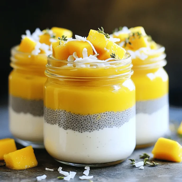 To make Mango Coconut Chia Pudding, you need just a few simple ingredients. Here’s what you will need: - 1 cup coconut milk (canned or carton) - 1 cup ripe mango, pureed (about 1 medium mango) - 1/4 cup chia seeds - 2 tablespoons honey or maple syrup (optional) - 1/2 teaspoon vanilla extract - A pinch of salt - Toppings: fresh mango cubes and shredded coconut Each ingredient plays a key role in the pudding. The coconut milk gives it a creamy texture and rich flavor. Pureed mango adds sweetness and vibrant color. Chia seeds are the magic ingredient that thickens the pudding while also providing fiber and nutrients. You can adjust the sweetness with honey or maple syrup, but this is totally up to your taste. A little vanilla and salt enhance all the flavors, making them pop. For toppings, I love using fresh mango cubes and shredded coconut. They not only look great but also add extra flavor and texture. This dish is not just easy to make but also super fun to enjoy! - In a mixing bowl, combine the coconut milk, mango puree, honey (or maple syrup), vanilla extract, and a pinch of salt. - Whisk until smooth. This creates a creamy base. - Stir in the chia seeds until evenly mixed. This step is key for the pudding's texture. - Cover the bowl with plastic wrap or transfer the mix to a jar. - Refrigerate for at least 4 hours or overnight. This allows the chia seeds to expand. They will make the mixture thick and pudding-like. - Before serving, stir the pudding. If it seems too thick, add more coconut milk. - Serve the pudding in bowls. Top with fresh mango cubes and a sprinkle of shredded coconut. This adds flavor and a nice texture. - For a fun twist, layer the pudding in clear glasses. It looks beautiful with yellow and white layers. To make your mango coconut chia pudding just right, you need to mix well. Ensure that the chia seeds blend evenly in the coconut milk and mango puree. This step prevents clumping, which can ruin the texture. If you like it sweeter, feel free to add honey or maple syrup. Taste as you go to find your perfect balance. First impressions matter! Layer the pudding in clear glasses. This way, you can see the pretty yellow mango and white coconut layers. For an extra touch, add a sprig of mint on top. It adds freshness and makes it look fancy! When picking mangoes, look for ripe ones. A ripe mango should feel slightly soft when you press it. Fresh mango gives the best flavor for your pudding, but frozen mango works too. Just remember to thaw it before using. Fresh or frozen, both are great options! {{image_2}} You can make your mango coconut chia pudding more fun by adding different fruits. Try mixing in pineapple or berries for new flavors. These fruits add sweetness and color, making your pudding pop. You can also add nut butters, like almond or peanut, for a creamy twist. A dash of cinnamon can enhance flavors too. While coconut milk is delicious, you can use other dairy-free milks. Almond milk, soy milk, or oat milk all work well. Each milk adds its own taste and texture. Choose what you enjoy most for a personalized touch. If you want to change how sweet your pudding is, try other sweeteners. Agave nectar or stevia are great choices. They offer sweetness without the extra calories. Adjust the amount to suit your taste. This way, you control the flavor while keeping it healthy. To keep your mango coconut chia pudding fresh, store it in the fridge. Use a jar with a lid or cover it tightly with plastic wrap. This pudding stays good for about five days. Check for signs of spoilage. If it smells sour or has a strange texture, toss it out. Fresh pudding should be creamy and smooth. Can you freeze chia pudding? Yes, you can! To freeze, pour it into an airtight container. Leave some space at the top, as it will expand when frozen. To thaw, move it to the fridge for several hours or overnight. Stir well before serving, adding a little coconut milk if needed. Got leftover chia pudding? Use it in smoothies for a creamy boost. Blend it with fruits like bananas or berries for a tasty drink. You can also layer it in desserts, like parfaits, with yogurt and granola. It adds a fun twist to your meals! Mango Coconut Chia Pudding can last up to five days in the fridge. Store it in an airtight container. Always check for any strange smells or changes in texture before eating. If you see separation, give it a good stir. Yes, this recipe can easily be made vegan. Simply replace honey with maple syrup. Use a plant-based coconut milk too. Check the labels to ensure there are no animal products. Chia seeds are tiny but mighty. They are high in fiber, which helps digestion. They also have omega-3 fatty acids, good for heart health. One serving has about 140 calories, 4 grams of protein, and 10 grams of fiber. They help keep you full for longer. To make the pudding thicker, add more chia seeds. If it’s too thick, mix in more coconut milk. Let it sit for a bit after adjusting to allow the chia seeds to expand. This way, you’ll get the right texture for your taste. In this blog post, we explored how to make Mango Coconut Chia Pudding. We covered the ingredients, preparation steps, and chilling process. You learned tips for perfecting your pudding and creative ways to serve it. Variations allow for personal touches, and we discussed storage tips to keep it fresh. Remember, this pudding is not just tasty; it's also packed with nutrients. Enjoy your delicious and healthy treat, and don't hesitate to experiment with flavors! Your kitchen adventures will shine through!