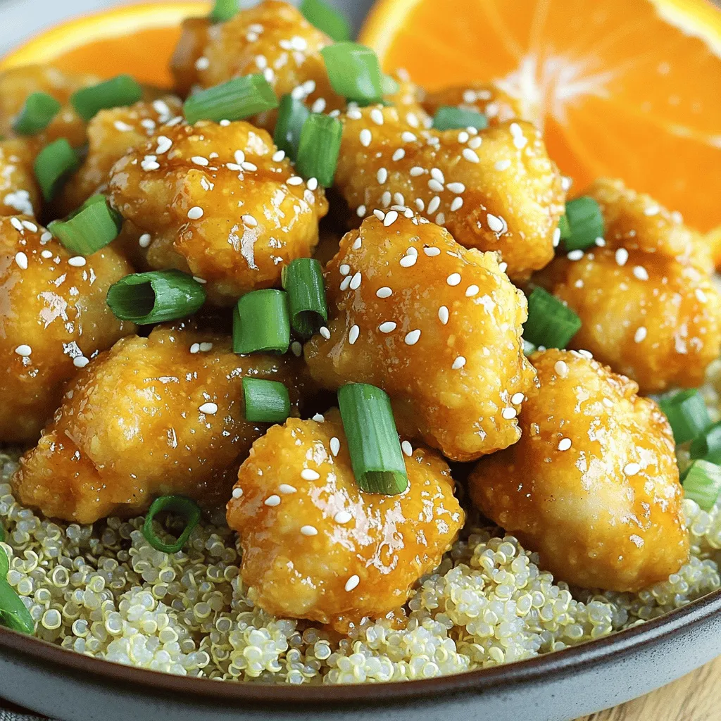 To make Sesame Orange Chicken, you'll need the following items: - 1 lb (450g) boneless, skinless chicken thighs, cut into bite-sized pieces - 1/4 cup cornstarch - 1/2 teaspoon salt - 1/4 teaspoon black pepper - 1/4 cup vegetable oil (for frying) - 1/2 cup fresh orange juice - Zest of 1 orange - 3 tablespoons soy sauce - 2 tablespoons honey - 1 tablespoon rice vinegar - 2 cloves garlic, minced - 1 teaspoon fresh ginger, grated - 1 tablespoon sesame oil - 2 tablespoons sesame seeds - 2 green onions, chopped (for garnish) You can swap some ingredients if needed: - Chicken thighs: Use chicken breast for a leaner option. - Cornstarch: Potato starch works well too. - Honey: Maple syrup can replace honey for a vegan option. - Soy sauce: Use tamari for a gluten-free choice. - Rice vinegar: Apple cider vinegar is a good substitute. - Fresh ginger: Ground ginger can be used, but use less. This dish serves four. Here’s a rough breakdown of the calories per serving: - Calories: 350 - Protein: 25g - Carbohydrates: 30g - Fat: 15g This meal gives you protein and flavor without too many carbs. Enjoy it with rice for a balanced meal! First, gather your ingredients. You need chicken thighs, cornstarch, salt, and pepper. Cut the chicken into bite-sized pieces. In a bowl, mix the cornstarch, salt, and black pepper. Toss the chicken pieces in this mix. Make sure they are fully coated. This step helps the chicken get crispy when cooked. Heat vegetable oil in a large skillet over medium-high heat. Once the oil is hot, add the chicken in batches. Do not crowd the pan. Cook for about 5-7 minutes until they turn golden brown and crispy. Use a slotted spoon to take them out. Place the chicken on a paper towel-lined plate to absorb extra oil. This keeps your chicken crispy and not soggy. In the same skillet, leave about one tablespoon of oil. Add minced garlic and grated ginger. Sauté for about 30 seconds until fragrant. Next, pour in fresh orange juice, orange zest, soy sauce, honey, rice vinegar, and sesame oil. Stir everything well. Let it simmer for 3-4 minutes until the sauce thickens a little. Finally, add the crispy chicken back to the skillet. Toss it in the orange sauce to coat well. Cook for another 2-3 minutes to heat through. Before serving, sprinkle sesame seeds on top and garnish with chopped green onions. To get the best chicken, use boneless, skinless thighs. They stay juicy and tender. Cut them into bite-sized pieces for even cooking. Coat the chicken well with cornstarch, salt, and pepper. This helps create a crispy crust. Fry the chicken in batches. This prevents overcrowding and keeps it crispy. To thicken your sauce, let it simmer. Simmering allows the flavors to blend and the sauce to reduce. If you want it thicker, mix a bit of cornstarch with water. Add this mix to your sauce while stirring. This will help the sauce become glossy and thick. Serving your sesame orange chicken well makes it look great. Start by placing the chicken over a bed of steamed rice or fluffy quinoa. Sprinkle sesame seeds on top for a nice crunch. Add chopped green onions for a pop of color. A slice of orange on the side adds a fresh touch. {{image_2}} You can easily spice up your Sesame Orange Chicken. To make it spicy, add red pepper flakes or hot sauce. I suggest adding one teaspoon of red pepper flakes to the sauce. This small change makes a big impact. You can adjust the heat level to your taste. If you love heat, go for more! The spicy version still keeps the sweet orange flavor. Adding vegetables boosts the dish's health and color. Try bell peppers, snap peas, or broccoli. Chop them into bite-sized pieces to make them easy to eat. You can sauté the veggies after cooking the chicken. Just add them to the pan for a few minutes until they are tender. They soak up the sauce well and add a nice crunch. You can switch the chicken for other proteins. Tofu is a great option for a vegetarian dish. Use firm or extra-firm tofu and cut it into cubes. You can also try shrimp or pork if you want variety. The cooking time may change based on the protein you choose. Always ensure your protein is cooked well for safety and flavor. After enjoying your Sesame Orange Chicken, you may have some left. To store it, let the chicken cool to room temperature. Place it in an airtight container. This keeps the flavors fresh. Store it in the fridge for up to three days. If you want to save it longer, consider freezing. To reheat, take the chicken out of the fridge. Place it in a skillet over medium heat. Add a splash of water or orange juice to keep it moist. Stir until heated through. This should take about 5-7 minutes. Avoid the microwave if you can. It may make the chicken dry. If you want to freeze your Sesame Orange Chicken, follow these steps. First, let it cool completely. Then, transfer it to a freezer-safe bag or container. Make sure to remove as much air as possible before sealing. Label the bag with the date. You can freeze it for up to three months. To use, thaw it in the fridge overnight before reheating. Yes, you can use chicken breast. Chicken breast is leaner and cooks faster. Keep an eye on cooking time. It may dry out if overcooked. If you choose breast, slice it into bite-sized pieces. This will help it cook evenly. If you need a soy sauce substitute, try tamari or coconut aminos. Both options have a similar taste. Tamari is gluten-free, while coconut aminos are lower in sodium. You can also mix equal parts of balsamic vinegar and water for a different flavor. To make this dish gluten-free, use tamari instead of soy sauce. Make sure the cornstarch is pure and does not contain gluten. Check all labels carefully when choosing ingredients. This way, you can enjoy the same great taste without gluten. This article covered everything you need for a tasty dish. We explored the ingredients, substitutions, and nutritional facts. I shared step-by-step instructions for preparing the chicken and making the orange sauce. You learned tips for perfecting your dish and ideas for fun variations. Finally, I provided smart ways to store and reheat leftovers. With these insights, you can create a delicious meal that impresses everyone. Try these ideas and enjoy cooking!
