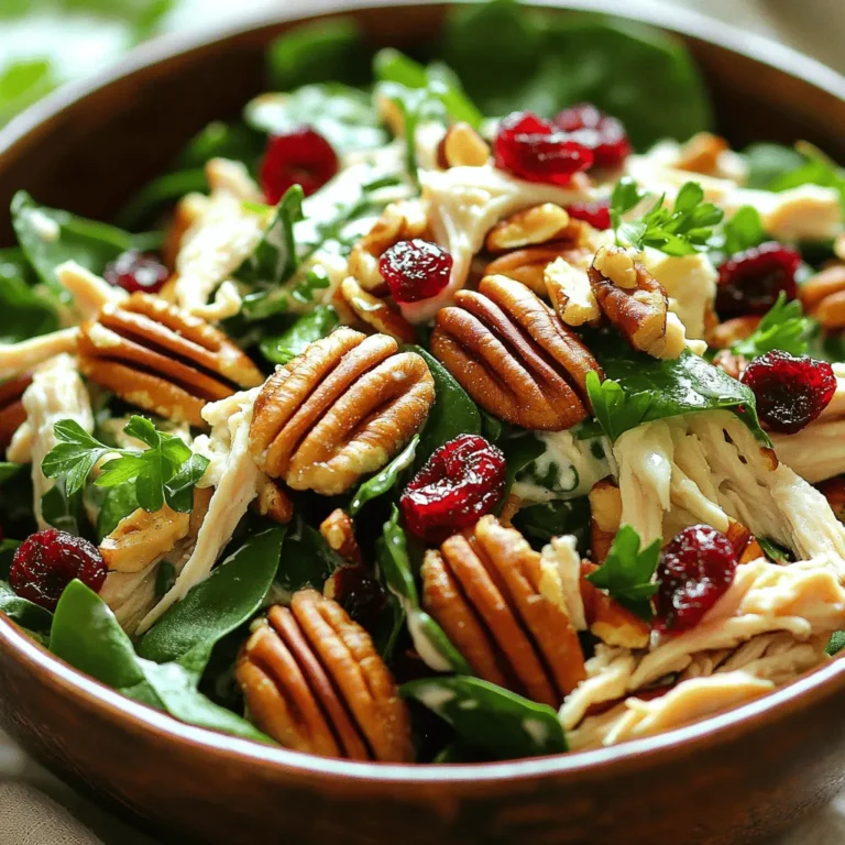To make a tasty cranberry pecan chicken salad, you need: - 2 cups cooked chicken, shredded or diced - 1 cup fresh spinach, chopped - 1/2 cup dried cranberries - 1/2 cup pecans, toasted and roughly chopped - 1/4 cup red onion, finely chopped - 1/2 cup Greek yogurt - 2 tablespoons honey - 1 tablespoon apple cider vinegar - Salt and pepper to taste - Optional: Fresh parsley for garnish Each ingredient plays a role. The chicken adds protein, and the spinach gives vitamins. Dried cranberries offer sweetness, while pecans add crunch. Red onion gives a sharp flavor. Greek yogurt is creamy and healthy. Honey brings in a touch of sweetness, and apple cider vinegar adds a tangy kick. Salt and pepper help enhance all the flavors. You can change things up with these ingredients: - Chopped celery for extra crunch - Sliced grapes for more sweetness - A sprinkle of feta cheese for a salty bite These options let you make your salad unique. You can mix and match based on your taste or what you have at home. This salad is not only delicious but also nutritious. - Calories: About 320 per serving - Protein: 30 grams - Fat: 18 grams - Carbohydrates: 20 grams - Fiber: 3 grams This salad is a great meal choice. It’s packed with protein and healthy fats, making it filling. The fiber from spinach and cranberries helps keep you full longer. Start by gathering your ingredients. You need cooked chicken, spinach, cranberries, pecans, and red onion. Chop the spinach and red onion into small pieces. Shred or dice the chicken if it’s not done yet. This step is quick and takes about five minutes. In a large bowl, combine the chicken, spinach, cranberries, pecans, and red onion. Mix them well. In a smaller bowl, whisk Greek yogurt, honey, apple cider vinegar, salt, and pepper until smooth. Pour this dressing over the chicken mixture. Gently fold the dressing in. Ensure everything is coated evenly. Taste and adjust the seasoning if needed. Chill the salad for at least 30 minutes. This helps the flavors blend together. Serve it cold for the best taste. You can garnish with fresh parsley for a pop of color. Pair it with whole-grain bread or crackers for a full meal. Enjoy your fresh and tasty Cranberry Pecan Chicken Salad! To make a great dressing, start with Greek yogurt. It adds creaminess and tang. Mix it with honey for sweetness. Honey balances the tartness of cranberries. Apple cider vinegar gives the dressing a nice kick. Whisk until smooth. Taste it; add salt and pepper to your liking. This simple dressing makes the salad shine. For this salad, use cooked chicken. You can bake, grill, or boil it. Baking gives a nice flavor. Grill it for a smoky touch. Boiling keeps it moist. Shred or dice the chicken into bite-sized pieces. This helps it mix well with other ingredients. Always let the chicken cool before adding it to the salad. You can make this salad a day ahead. Just store it in the fridge. The flavors blend better after chilling. Keep the dressing separate if you plan to store it longer. This keeps the salad fresh and crisp. If you want to meal prep, divide it into containers. This makes it easy to grab and go. Enjoy this tasty salad during the week! {{image_2}} You can make a great vegetarian version of this salad. Swap the chicken for chickpeas or diced tofu. Both options add protein and texture. You can also use roasted veggies like sweet potatoes for more flavor. Add extra spinach or even kale for a nice crunch. If you have nut allergies, skip the pecans. You can try sunflower seeds or pumpkin seeds instead. Both add a nice crunch without the nuts. For dairy-free options, replace Greek yogurt with a plant-based yogurt. Look for one that is thick and creamy for the best results. In spring and summer, add fresh fruits like strawberries or mango. They give a sweet twist and bright color. In fall, consider adding diced apples or pears. They pair well with the cranberries and pecans. For winter, you can use citrus fruits like orange or grapefruit. They add a refreshing taste to the salad. To store your Cranberry Pecan Chicken Salad, place it in an airtight container. Make sure the lid is tight. This keeps the salad fresh for up to three days. If you see any moisture, use a paper towel to soak it up first. This helps the salad stay crisp. You can freeze this chicken salad, but it may change the texture. Place the salad in a freezer-safe container. Leave some space at the top for expansion. It can last up to three months in the freezer. When ready to eat, move it to the fridge overnight to thaw. To reheat, I suggest adding a bit more Greek yogurt. This helps bring back moisture. Warm it in the microwave for about 30 seconds. Stir it well and check the temperature. If it’s not warm enough, heat it for another 15 seconds. Enjoy your salad chilled or warm, depending on your taste! You can use sour cream or plain yogurt as a substitute for Greek yogurt. Both options give a similar creamy texture. If you want a dairy-free option, try silken tofu or vegan yogurt. These choices keep the salad smooth and tasty. Remember, each option may change the taste slightly, so pick what you like best. Yes, rotisserie chicken works great in this recipe! It saves time and adds flavor. Just shred or dice the chicken before mixing it in. This makes your salad quick to prepare and still delicious. You can enjoy the added seasoning from the rotisserie chicken too. Cranberry Pecan Chicken Salad stays fresh for about three to four days in the fridge. Be sure to store it in an airtight container. This keeps it safe to eat and helps maintain its flavor. If you notice any change in smell or texture, it's best to toss it. In this blog post, we explored the key ingredients and step-by-step instructions for making a delicious Cranberry Pecan Chicken Salad. We shared tips for perfecting the dressing, cooking chicken, and even meal prep ideas. You can also find variations and storage info to suit your needs. Making this salad is easy, and you can customize it to your taste. Enjoy this fresh dish, whether you follow the recipe or adapt it. It’s tasty, versatile, and great for any occasion!