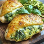 - 4 boneless, skinless chicken breasts - 2 cups fresh spinach, chopped - 1 cup cream cheese, softened - 1 cup shredded mozzarella cheese - 1/2 cup grated Parmesan cheese - 2 cloves garlic, minced - 1 teaspoon Italian seasoning - Salt and pepper to taste - 1 tablespoon olive oil - 1/2 teaspoon red pepper flakes (optional for heat) Gathering the right ingredients is key to making cheesy spinach stuffed chicken. You start with chicken breasts, which are lean and juicy. Fresh spinach brings bright color and nutrients. Cream cheese adds creaminess, while mozzarella and Parmesan give a rich, cheesy flavor. The garlic gives a wonderful aroma and taste. Italian seasoning adds depth, while salt and pepper help bring it all together. Olive oil is great for sautéing the garlic and spinach. If you like a little heat, add red pepper flakes. Using fresh and quality ingredients will make your dish shine. Enjoy the process of gathering everything! Cooking is fun, and these ingredients will lead to a great meal. 1. Preheat the oven: Start by preheating your oven to 375°F (190°C). This will ensure that your stuffed chicken cooks evenly. 2. Sauté garlic and spinach: In a pan over medium heat, add a tablespoon of olive oil. Toss in two cloves of minced garlic. Cook until fragrant, about one minute. Then, add two cups of chopped spinach. Stir and cook until it wilts, which takes about two to three minutes. Once done, remove the pan from heat and let it cool slightly. 3. Prepare cheese mixture: In a large mixing bowl, combine one cup of softened cream cheese, one cup of shredded mozzarella cheese, and half a cup of grated Parmesan cheese. Add the sautéed spinach and garlic, one teaspoon of Italian seasoning, and salt and pepper to taste. If you like a kick, add half a teaspoon of red pepper flakes. Mix all the ingredients until well combined. 1. Butterfly chicken breasts: Take four boneless, skinless chicken breasts. Slice each chicken breast horizontally, but be careful not to cut all the way through. This creates a pocket for stuffing. 2. Stuff with cheesy spinach mixture: Take the cheesy spinach mixture and stuff it into each chicken breast pocket. If needed, use toothpicks to seal the openings. 3. Sear and bake the stuffed chicken: Season the outside of each stuffed chicken with salt and pepper. Heat a skillet over medium-high heat. Sear each stuffed chicken breast for three to four minutes on each side until golden brown. Then, transfer the seared chicken to a baking dish and cover it with foil. Bake in the preheated oven for 20 to 25 minutes until the internal temperature reaches 165°F (74°C). Let the chicken rest for five minutes before serving. - How to perfectly sear chicken: Start with a hot skillet. Add olive oil and wait until it shimmers. Place the chicken carefully in the pan. Cook for 3-4 minutes until golden brown. Flip it and sear the other side. This gives a nice crust. - Tips for ensuring chicken is cooked through: Use a meat thermometer. The chicken needs to reach an internal temperature of 165°F (74°C). This shows it's safe to eat. Let it rest for five minutes after cooking. This makes it juicy. - Best ways to seal chicken pockets: Use toothpicks to close the openings. This keeps the filling inside. You can also press the edges down with a fork. Make sure to remove the toothpicks before serving. - Ideal side dishes: Pair the chicken with sautéed zucchini noodles or a fresh salad. Both add color and crunch. Consider serving it with roasted vegetables for extra flavor. - Presentation tips for a beautiful dish: Place the stuffed chicken on a plate with a drizzle of olive oil. Garnish with fresh basil leaves for a pop of color. This makes the dish eye-catching and inviting. - Pairing suggestions (wine or beverage): A light white wine, like Sauvignon Blanc, complements the flavors well. For a non-alcoholic option, serve sparkling water with lemon. Both refresh your palate. {{image_2}} You can switch up the cheese for fun flavors. Try using gouda or feta instead of mozzarella. Each cheese gives a different taste. You can even mix cheeses for a richer flavor. If you want a creamy touch, use cream cheese alternatives. Consider ricotta or mascarpone. These options add smoothness while keeping the dish light. Just make sure you stick to the same amount as the cream cheese. You can add more greens to your stuffed chicken. Kale or Swiss chard works great. They provide a different texture and taste. Plus, they give you more nutrients. For extra nutrition, think about adding sun-dried tomatoes or bell peppers. Chop them small and mix them in with the spinach. These veggies not only add color but also boost flavor. You can get creative and use any veggies you love! To keep your cheesy spinach stuffed chicken fresh, store it in an airtight container. Make sure to let it cool down first. This helps avoid condensation inside the container. Leftovers can stay in the fridge for up to 3 days. If you want to enjoy it later, freezing works too. For reheating, the oven is best. Preheat it to 350°F (175°C). Place the chicken in a baking dish and cover it with foil. Heat for about 15-20 minutes, or until warm. You can also use a microwave, but this may make the chicken dry. Yes, you can freeze cheesy spinach stuffed chicken. Wrap each piece tightly in plastic wrap, then place it in a freezer bag. It can last up to 3 months in the freezer. When ready to eat, thaw it in the fridge overnight before reheating. Can I use frozen spinach instead of fresh? Yes, you can use frozen spinach. Just make sure to thaw it and squeeze out excess water. This helps keep your cheesy mixture from getting too watery. How do I know when the chicken is done cooking? To check if the chicken is done, use a meat thermometer. The inside should reach 165°F (74°C). You can also cut into it; the meat should be white, not pink. What can I substitute if I don’t have certain cheeses? If you lack cream cheese, try ricotta or goat cheese. For mozzarella, you can use provolone or gouda. These will still give you a tasty stuffed chicken. Is this recipe gluten-free? Yes, this recipe is gluten-free. All the ingredients used are safe for a gluten-free diet. Nutritional info: calories, protein, and fat content per serving - Calories: About 375 - Protein: Approximately 40g - Fat: Roughly 22g This makes it a hearty and filling meal option. Enjoy! In this blog post, we explored how to make cheesy spinach stuffed chicken from scratch. We covered the key ingredients, including chicken, spinach, and various cheeses. I shared detailed cooking steps and valuable tips to ensure great results. You can also tweak the recipe with different cheeses and veggies. Final thoughts: This dish is not just delicious but also versatile. Enjoy experimenting with flavors and serving it your way!