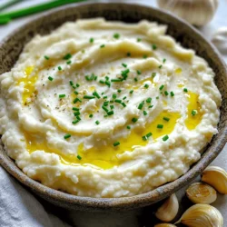 - 1 large head of cauliflower, cut into florets - 6 cloves of garlic, unpeeled - 3 tablespoons olive oil - 1/2 cup cream cheese, softened - 1/2 cup unsweetened almond milk (or regular milk) - Salt and pepper to taste - 1/4 teaspoon nutmeg (optional) - Fresh chives, chopped (for garnish) To make creamy roasted garlic mashed cauliflower, gather these fresh ingredients. Start with a large head of cauliflower. This veggie is the star of the dish. Use six cloves of garlic for a rich flavor. The garlic will roast and turn sweet as it cooks. You will need three tablespoons of olive oil. This adds healthy fat and helps with roasting. Next, grab half a cup of cream cheese. It gives the mash a smooth and creamy texture. Almond milk, or regular milk, is also needed. Use half a cup to adjust the creaminess. Season with salt and pepper to taste. You can also add nutmeg for a warm flavor. Finally, chop some fresh chives to garnish. They add a nice pop of color and taste. Each ingredient plays a role in making this dish rich and delicious. Enjoy the process of creating this tasty side! 1. Preheating the oven: Start by preheating your oven to 400°F (200°C). This step helps cook the cauliflower and garlic evenly. 2. Preparing the cauliflower and garlic: Cut one large head of cauliflower into florets. Place these florets on a large baking sheet. For garlic, take six cloves and leave them unpeeled. This keeps the garlic sweet during roasting. 3. Seasoning tips: Drizzle three tablespoons of olive oil over the cauliflower and garlic. Sprinkle salt and pepper to taste. Toss everything together to coat evenly. This adds flavor and helps with roasting. - Timing and temperature details: Roast the cauliflower and garlic in the oven for 25-30 minutes. Check if the cauliflower is fork-tender and the garlic is soft. This means they are ready to come out of the oven. 1. Mixing roasted garlic and cauliflower: Once out of the oven, let them cool for a few minutes. Squeeze the roasted garlic from the skins into a mixing bowl. Add the cauliflower florets to that bowl. 2. Using an immersion blender vs. potato masher: Add half a cup of softened cream cheese and half a cup of unsweetened almond milk to the bowl. You can use either an immersion blender or a potato masher to mix this. Puree until smooth and creamy. If it’s too thick, add more almond milk to reach your desired consistency. Taste and adjust salt and pepper if needed. To boost the taste, add fresh herbs like thyme or rosemary. You can also sprinkle in spices such as paprika or garlic powder. A squeeze of lemon juice can brighten the dish too. Experiment to find your perfect blend! If your mashed cauliflower is too thick, stir in more almond milk. Start with a tablespoon at a time. For a thicker mash, use less almond milk. Adjust until you reach the creamy texture you love. For a smooth finish, I recommend using an immersion blender. It blends quickly and easily right in the bowl. A good potato masher works well too if you prefer a chunkier texture. Both tools help you achieve a delightful dish! {{image_2}} You can easily make this dish dairy-free. Instead of cream cheese, try using cashew cream. Blend soaked cashews with a bit of water to create a smooth mix. For milk, unsweetened almond milk works well. You can also use oat milk or coconut milk. These swaps keep the dish creamy and delicious without dairy. Want to change the flavor? Add fresh herbs or spices! Try mixing in thyme or rosemary for a fragrant touch. For a spicy kick, add red pepper flakes or smoked paprika. You can also stir in some fresh lemon juice for brightness. Each of these options brings a new twist to your creamy dish. Busy days call for make-ahead meals. You can roast the cauliflower and garlic the night before. Just store them in the fridge. When you're ready to serve, blend and heat them up. You can also store the finished mash in the fridge for up to three days. This makes mealtime easy and stress-free! To store your creamy roasted garlic mashed cauliflower, let it cool first. Transfer it into an airtight container. This keeps moisture in and prevents drying. You can also use plastic wrap over a bowl. Make sure it touches the surface to reduce air exposure. When reheating, use a microwave or a stovetop. If using a microwave, heat on medium power. Stir every minute to keep it even. If you use a stovetop, add a splash of almond milk. Stir gently to maintain a creamy texture. Avoid high heat to prevent sticking. In the fridge, your mashed cauliflower lasts about 3 to 5 days. If you want to keep it longer, freeze it. It can last for up to 3 months in the freezer. Just remember to label your container for easy tracking. Yes, you can freeze mashed cauliflower. First, let it cool completely. Then, scoop it into an airtight container. You can also use freezer bags. Press out as much air as possible. Label the bag with the date before putting it in the freezer. When you're ready to eat it, thaw it in the fridge overnight. Reheat it gently on the stove or in the microwave. If it seems dry, add a splash of almond milk for creaminess. Mashed cauliflower is lower in carbs and calories than mashed potatoes. A cup of mashed cauliflower has about 140 calories, while mashed potatoes have around 210 calories. Cauliflower also has more fiber and vitamins. It’s rich in Vitamin C and K. This makes it a great choice if you want to eat healthier. Plus, it is easier on the digestive system. If you want to cut calories, mashed cauliflower is an excellent option. To make vegan mashed cauliflower, swap out the cream cheese and milk. Use vegan cream cheese or cashew cream in place of cream cheese. For milk, you can use any plant-based milk. Almond milk, coconut milk, or soy milk works well. Just ensure that the plant-based options are unsweetened. This keeps the taste savory. Follow the same steps in the recipe for a creamy, vegan delight. Enjoy the same rich flavors without the dairy! In this article, we explored how to make delicious mashed cauliflower. We covered key ingredients like cauliflower, garlic, and cream cheese. You learned clear steps for prep and roasting. I also shared tips for flavor and consistency, plus variations for everyone. Remember, you can store leftovers easily and reheat them well. Mashed cauliflower is a tasty, healthier option. It can fit any meal and satisfy your cravings. Now, it’s time for you to try it! Enjoy cooking!