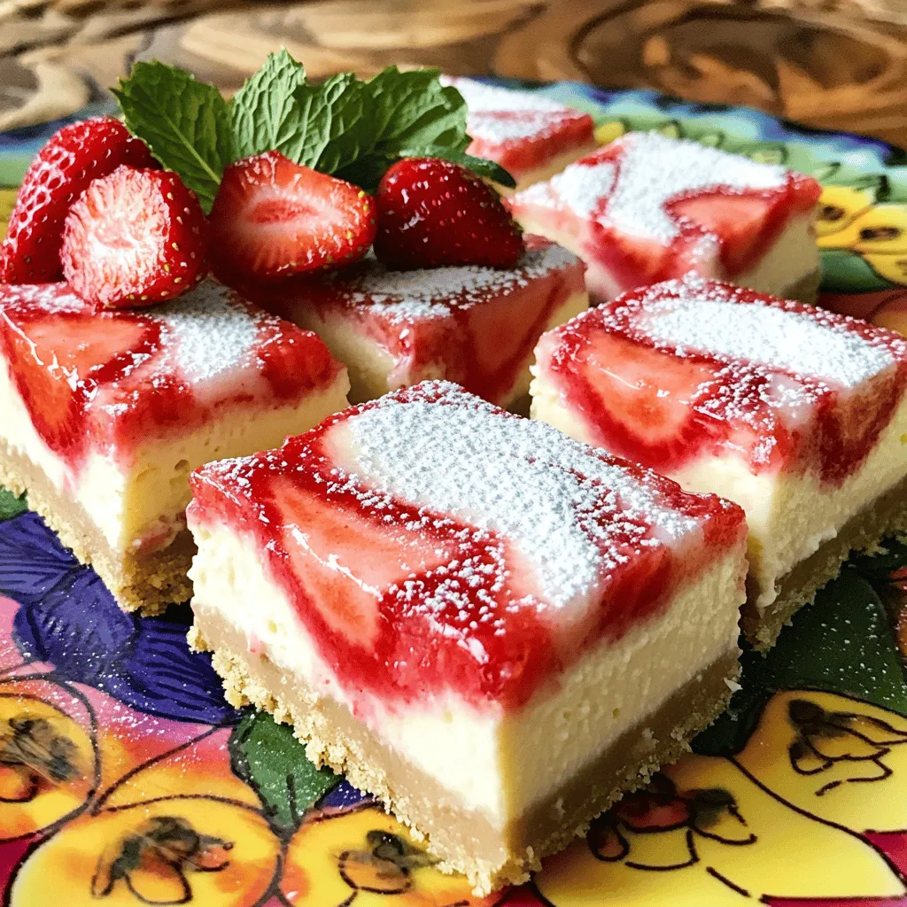 To make Strawberry Lemon Cheesecake Bars, gather these fresh ingredients. Each one plays a key role in creating a tasty treat. - 1 ½ cups graham cracker crumbs - ½ cup unsalted butter, melted - 2 tablespoons sugar - 2 (8-ounce) packages cream cheese, softened - 1 cup granulated sugar - 3 large eggs - 1 teaspoon vanilla extract - 1 tablespoon lemon zest - ½ cup fresh lemon juice - 1 cup fresh strawberries, pureed - 2 tablespoons powdered sugar (for topping) These ingredients combine to form a delightful mix of flavors. The graham cracker crumbs and butter create a buttery crust that is both rich and crunchy. The cream cheese and sugar form a creamy filling that balances the tartness of lemons and strawberries. Fresh lemon juice and zest add bright flavor. Pureed strawberries give a sweet twist to each bite. The powdered sugar dusting adds a nice touch for presentation. Each ingredient plays its part in making these bars a hit at any gathering. Preheating the Oven and Preparing the Pan First, preheat your oven to 350°F (175°C). This step warms the oven for even baking. Next, take a 9x9 inch baking pan. Grease it well or line it with parchment paper. This helps you remove the bars easily later. Mixing Ingredients for the Crust In a medium bowl, combine 1 ½ cups of graham cracker crumbs, ½ cup of melted unsalted butter, and 2 tablespoons of sugar. Mix these ingredients well until the mixture looks like wet sand. This forms the base of your cheesecake bars. Baking the Crust Now, press the graham cracker mixture evenly into the bottom of your prepared pan. Make sure it is compact. Bake this in the oven for 10 minutes. Once baked, remove it and let it cool slightly while you prepare the filling. Beating the Cream Cheese and Sugar In a large mixing bowl, take 2 packages of softened cream cheese and add 1 cup of granulated sugar. Beat these together until the mixture is smooth and creamy. This step is key for a rich filling. Adding the Eggs and Flavorings Add the eggs one at a time, mixing well after each addition. Then, add 1 teaspoon of vanilla extract, 1 tablespoon of lemon zest, and ½ cup of fresh lemon juice. Mix until everything is combined. This adds flavor and a nice tang to your cheesecake. Layering the Cheesecake Mixture and Strawberry Puree Pour about half of the cheesecake mixture over your cooled graham cracker crust. Next, spoon 1 cup of fresh strawberry puree over this layer. The puree adds sweetness and color. Creating the Marbled Effect Use a knife or toothpick to gently swirl the strawberry puree into the cheesecake layer. This creates a beautiful marbled effect. Take care not to mix too much; you want to see both layers. Baking the Cheesecake Bars Pour the remaining cheesecake mixture on top and smooth it out with a spatula. Bake in the oven for 30-35 minutes. The edges should set while the center has a slight jiggle when done. Once baked, remove the bars and let them cool to room temperature. Refrigerate for at least 4 hours or overnight for best results. Softened cream cheese is key for a smooth filling. Cold cream cheese makes lumps. Leave it out for an hour before mixing. This helps it blend easily with sugar. Checking for doneness is simple. Bake until the edges set and the center jiggles slightly. It will firm up as it cools. Overbaking makes the texture dry. Dusting with powdered sugar adds a nice touch. It makes the bars look fancy. Use a small sieve for even coverage. This step is quick but makes a big difference. Serve the bars on a colorful plate for fun. Add fresh strawberry slices and mint leaves. This makes each bite refreshing. Your guests will love the bright colors and flavors! {{image_2}} You can change the fruit to make this dessert your own. Try using different fruit purees. For example, raspberry or blueberry add a fun twist. These fruits mix well with the creamy filling. They also bring a nice color to the bars. Just swap the strawberry puree for your choice. The taste will be just as good! If you want a vegan option, there are great substitutes. Use vegan cream cheese instead of regular cream cheese. You can replace eggs with flaxseed meal or unsweetened applesauce. You can also use maple syrup for sugar. These swaps keep the taste rich while making it plant-based. The crust is an important part of these bars. You can try a nut-based crust for a new flavor. Use crushed almonds or pecans instead of graham crackers. Mix them with melted coconut oil for a tasty twist. This option is perfect for nut lovers. If you need a gluten-free alternative, use gluten-free graham crackers. They work just like regular ones. You can also use almond flour mixed with coconut oil. This keeps the texture nice and crumbly while being safe for those with gluten issues. To keep your cheesecake bars fresh, you should store them in the fridge. Place them in an airtight container. This helps avoid drying out. They will stay good for up to five days. You can also cover them tightly with plastic wrap. If you want to store them longer, consider freezing. Cut the bars into squares before freezing for easy serving later. Wrap each square in plastic wrap, then place them in a freezer-safe bag. They can last up to three months in the freezer. When you want to enjoy these bars again, avoid using the microwave. This can change the texture. Instead, let them sit at room temperature for about 30 minutes before serving. This helps the flavors return. Enjoy your bars cold or at room temperature for the best taste. Yes, you can use frozen strawberries. Just thaw them first and drain any excess liquid. This keeps the cheesecake bars from being too watery. The taste will still be great! However, fresh strawberries do provide a brighter flavor and better texture. These bars last about five days in the fridge. Make sure to cover them well. This keeps them fresh and tasty. If you want to enjoy them longer, you might consider freezing them. Absolutely! Making them a day in advance is a great idea. It gives the flavors more time to blend. Just refrigerate them overnight after baking. This way, you can serve them cold and ready to enjoy the next day. You learned about making Strawberry Lemon Cheesecake Bars. We covered the key ingredients, like graham crackers, cream cheese, and fresh strawberries. You now have step-by-step instructions for the crust and filling. I shared tips to perfect your dessert and make it look great. You can even try fun variations and know how to store leftovers. Enjoy creating these tasty bars, and share them with your friends!