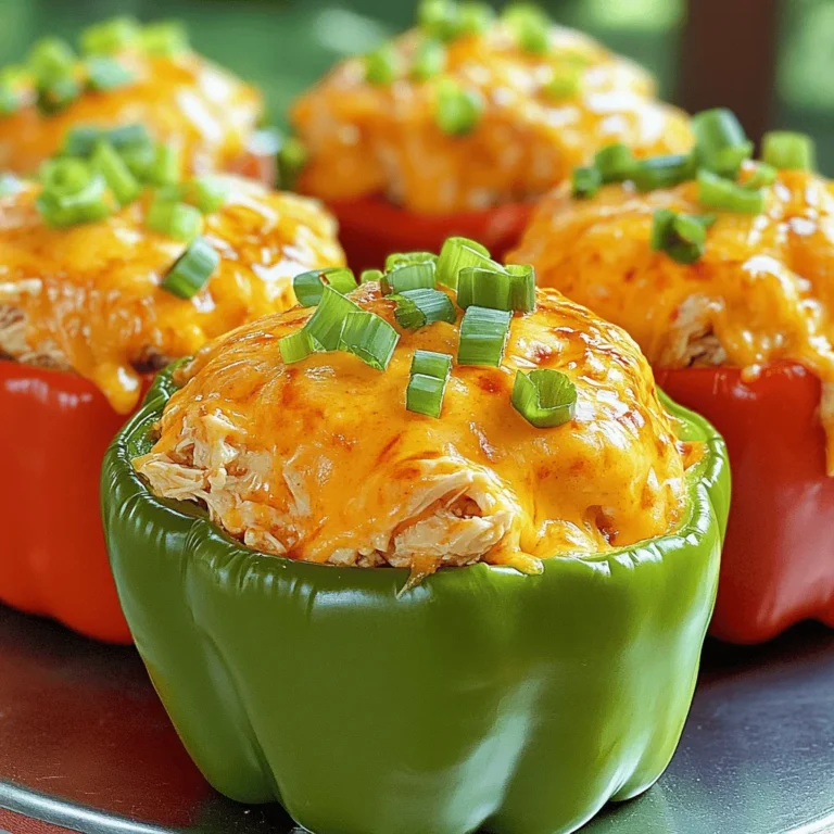 To make delicious Buffalo chicken stuffed peppers, you need some key items. Here’s what you will need: - 4 large bell peppers (any color) - 2 cups cooked chicken, shredded - 1/2 cup hot buffalo sauce - 1/2 cup cream cheese, softened - 1/2 cup shredded cheddar cheese - 1/4 cup blue cheese crumbles (optional) - 1/4 cup green onions, chopped - Salt and pepper to taste - Olive oil (for drizzling) These ingredients create a tasty blend of flavors and textures. The bell peppers serve as a crunchy vessel for the spicy filling. You can add your own twist to the dish with some optional ingredients. Here are a few ideas: - Extra veggies like diced tomatoes or corn - Different kinds of cheese, like mozzarella or pepper jack - A sprinkle of garlic powder or onion powder for more flavor - Some hot peppers if you want extra heat Feel free to mix and match these extras to suit your taste. If you don’t have some ingredients, don’t worry! Here are some easy swaps: - Use rotisserie chicken instead of cooking your own - Swap cream cheese with Greek yogurt for a lighter option - Replace blue cheese with feta or skip it entirely - Try quinoa or rice instead of chicken for a vegetarian option These substitutions keep the dish tasty while making it fit your needs. First, you need to wash your bell peppers. I use four large ones. Next, slice off the tops and remove the seeds. This step is key for a clean stuffing. Drizzle the outside and inside with olive oil. Sprinkle a pinch of salt inside each pepper. Place them upright in a baking dish. This helps them hold the filling well. In a large bowl, combine the shredded chicken with the hot buffalo sauce. I like to add half a cup of soft cream cheese for creaminess. Then, mix in half a cup of shredded cheddar cheese. If you enjoy blue cheese, toss in a quarter cup of those crumbles. Don't forget to add half of the chopped green onions! Mix it all up until it’s well combined. This filling packs a big flavor punch! Now, it’s time to stuff those peppers! Use a spoon to fill each one with the buffalo chicken mixture. Press down slightly to pack it in. Top each pepper with the remaining cheddar cheese for a gooey finish. Cover the baking dish with aluminum foil. Bake in a preheated oven at 375°F (190°C) for 20 minutes. After that, take off the foil and bake for another 10 to 15 minutes. You want the peppers to be tender and the cheese golden brown. Once done, let them cool a bit and add the rest of the green onions for a fresh touch. To get the best flavor, use good quality chicken. Shredded rotisserie chicken works well. Mix in the buffalo sauce to give your dish a kick. Cream cheese adds creaminess and balances the heat. The cheddar cheese brings a rich taste that melts nicely. If you like blue cheese, add it for a tangy touch. Chopped green onions add freshness and color. Always taste your mixture and adjust as needed. If you want less heat, use a milder buffalo sauce. You can also mix in some ranch dressing to tone it down. For those who love spice, try extra hot sauce. Adding more cheese can help balance the spice too. Always start slow, then add more heat until you find the right level for you. Make sure to press the filling down as you stuff the peppers. This helps the filling stay inside while baking. Fill each pepper generously, but don’t overstuff them. Leave a little space at the top. This way, the cheese can melt and create a nice crust. Drizzle olive oil on the outside of the peppers for added flavor and to help them cook evenly. {{image_2}} You can change the protein in Buffalo Chicken Stuffed Peppers. Use cooked turkey instead of chicken. Ground beef or shredded pork works well too. For a spicier kick, try adding chorizo. Each protein brings its own flavor. This keeps the dish fresh and exciting. You can make a great vegetarian version. Replace chicken with cooked quinoa or lentils. Add more veggies like black beans, corn, and diced tomatoes. Cream cheese can be swapped with vegan cream cheese. This makes the dish creamy without the meat. These swaps keep it hearty and satisfying. Want to experiment with flavors? Change the sauce! Instead of buffalo sauce, try barbecue sauce or teriyaki sauce. For a different twist, use ranch seasoning or Greek yogurt. You can also add spices like cumin or chili powder for more depth. These changes create a whole new dish. Each option provides a unique taste experience. To store leftover Buffalo Chicken Stuffed Peppers, let them cool down first. Then, place them in an airtight container. This keeps them fresh and tasty. You can keep them in the fridge for up to three days. Just make sure they are fully cooled before sealing the container. If you want to save some for later, freezing is a great option. Wrap each stuffed pepper in plastic wrap, then place them in a freezer-safe bag. This way, they won't get freezer burn. You can freeze them for up to three months. Just label the bags with the date for easy tracking. When you're ready to enjoy your stuffed peppers again, preheat your oven to 350°F (175°C). Place the peppers in a baking dish. Cover with foil to keep them moist. Heat for about 20-25 minutes or until they are warmed through. You can also microwave them if you’re in a hurry. Just heat for 2-3 minutes, checking to make sure they are hot all the way through. The best way to cook stuffed peppers is to bake them. Start by preheating your oven to 375°F (190°C). Then, prepare the peppers by cutting off the tops and removing the seeds. Lightly coat them with olive oil and season with salt. Once you fill them with your Buffalo chicken mixture, cover the dish with foil. This traps steam and cooks the peppers evenly. Baking them for 20 minutes with the foil, then uncovered for another 10-15 minutes, gives you tender peppers with bubbly cheese on top. Yes, you can make Buffalo Chicken Stuffed Peppers ahead of time. Prepare the filling and stuff the peppers as directed. Instead of baking, cover them and store in the fridge for up to 24 hours. When ready to serve, simply bake them. This makes it easy for busy days or gatherings. You can also freeze them for later. Just make sure to thaw them in the fridge before baking. Buffalo Chicken Stuffed Peppers pair well with many sides. For a simple meal, serve them with a fresh salad. A crunchy cucumber salad or coleslaw adds a nice touch. You might also enjoy them with some tortilla chips and salsa. If you're feeling indulgent, serve with ranch or blue cheese dip for extra flavor. Each of these options complements the spicy, creamy filling perfectly. Buffalo Chicken Stuffed Peppers are fun and easy to make. You learned essential and optional ingredients to fill your peppers. Following the step-by-step guide ensures your dish will turn out tasty. Tips on flavor and spice will help your dish shine. With variations for different diets, everyone can enjoy. Lastly, storing leftovers is easy, making this a practical meal. Now, you have all you need to create your own delicious Buffalo Chicken Stuffed Peppers! Enjoy cooking!