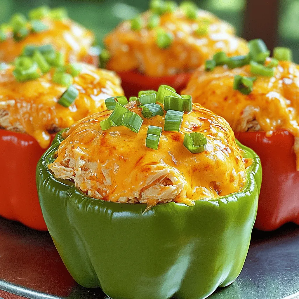 To make delicious Buffalo chicken stuffed peppers, you need some key items. Here’s what you will need: - 4 large bell peppers (any color) - 2 cups cooked chicken, shredded - 1/2 cup hot buffalo sauce - 1/2 cup cream cheese, softened - 1/2 cup shredded cheddar cheese - 1/4 cup blue cheese crumbles (optional) - 1/4 cup green onions, chopped - Salt and pepper to taste - Olive oil (for drizzling) These ingredients create a tasty blend of flavors and textures. The bell peppers serve as a crunchy vessel for the spicy filling. You can add your own twist to the dish with some optional ingredients. Here are a few ideas: - Extra veggies like diced tomatoes or corn - Different kinds of cheese, like mozzarella or pepper jack - A sprinkle of garlic powder or onion powder for more flavor - Some hot peppers if you want extra heat Feel free to mix and match these extras to suit your taste. If you don’t have some ingredients, don’t worry! Here are some easy swaps: - Use rotisserie chicken instead of cooking your own - Swap cream cheese with Greek yogurt for a lighter option - Replace blue cheese with feta or skip it entirely - Try quinoa or rice instead of chicken for a vegetarian option These substitutions keep the dish tasty while making it fit your needs. First, you need to wash your bell peppers. I use four large ones. Next, slice off the tops and remove the seeds. This step is key for a clean stuffing. Drizzle the outside and inside with olive oil. Sprinkle a pinch of salt inside each pepper. Place them upright in a baking dish. This helps them hold the filling well. In a large bowl, combine the shredded chicken with the hot buffalo sauce. I like to add half a cup of soft cream cheese for creaminess. Then, mix in half a cup of shredded cheddar cheese. If you enjoy blue cheese, toss in a quarter cup of those crumbles. Don't forget to add half of the chopped green onions! Mix it all up until it’s well combined. This filling packs a big flavor punch! Now, it’s time to stuff those peppers! Use a spoon to fill each one with the buffalo chicken mixture. Press down slightly to pack it in. Top each pepper with the remaining cheddar cheese for a gooey finish. Cover the baking dish with aluminum foil. Bake in a preheated oven at 375°F (190°C) for 20 minutes. After that, take off the foil and bake for another 10 to 15 minutes. You want the peppers to be tender and the cheese golden brown. Once done, let them cool a bit and add the rest of the green onions for a fresh touch. To get the best flavor, use good quality chicken. Shredded rotisserie chicken works well. Mix in the buffalo sauce to give your dish a kick. Cream cheese adds creaminess and balances the heat. The cheddar cheese brings a rich taste that melts nicely. If you like blue cheese, add it for a tangy touch. Chopped green onions add freshness and color. Always taste your mixture and adjust as needed. If you want less heat, use a milder buffalo sauce. You can also mix in some ranch dressing to tone it down. For those who love spice, try extra hot sauce. Adding more cheese can help balance the spice too. Always start slow, then add more heat until you find the right level for you. Make sure to press the filling down as you stuff the peppers. This helps the filling stay inside while baking. Fill each pepper generously, but don’t overstuff them. Leave a little space at the top. This way, the cheese can melt and create a nice crust. Drizzle olive oil on the outside of the peppers for added flavor and to help them cook evenly. {{image_2}} You can change the protein in Buffalo Chicken Stuffed Peppers. Use cooked turkey instead of chicken. Ground beef or shredded pork works well too. For a spicier kick, try adding chorizo. Each protein brings its own flavor. This keeps the dish fresh and exciting. You can make a great vegetarian version. Replace chicken with cooked quinoa or lentils. Add more veggies like black beans, corn, and diced tomatoes. Cream cheese can be swapped with vegan cream cheese. This makes the dish creamy without the meat. These swaps keep it hearty and satisfying. Want to experiment with flavors? Change the sauce! Instead of buffalo sauce, try barbecue sauce or teriyaki sauce. For a different twist, use ranch seasoning or Greek yogurt. You can also add spices like cumin or chili powder for more depth. These changes create a whole new dish. Each option provides a unique taste experience. To store leftover Buffalo Chicken Stuffed Peppers, let them cool down first. Then, place them in an airtight container. This keeps them fresh and tasty. You can keep them in the fridge for up to three days. Just make sure they are fully cooled before sealing the container. If you want to save some for later, freezing is a great option. Wrap each stuffed pepper in plastic wrap, then place them in a freezer-safe bag. This way, they won't get freezer burn. You can freeze them for up to three months. Just label the bags with the date for easy tracking. When you're ready to enjoy your stuffed peppers again, preheat your oven to 350°F (175°C). Place the peppers in a baking dish. Cover with foil to keep them moist. Heat for about 20-25 minutes or until they are warmed through. You can also microwave them if you’re in a hurry. Just heat for 2-3 minutes, checking to make sure they are hot all the way through. The best way to cook stuffed peppers is to bake them. Start by preheating your oven to 375°F (190°C). Then, prepare the peppers by cutting off the tops and removing the seeds. Lightly coat them with olive oil and season with salt. Once you fill them with your Buffalo chicken mixture, cover the dish with foil. This traps steam and cooks the peppers evenly. Baking them for 20 minutes with the foil, then uncovered for another 10-15 minutes, gives you tender peppers with bubbly cheese on top. Yes, you can make Buffalo Chicken Stuffed Peppers ahead of time. Prepare the filling and stuff the peppers as directed. Instead of baking, cover them and store in the fridge for up to 24 hours. When ready to serve, simply bake them. This makes it easy for busy days or gatherings. You can also freeze them for later. Just make sure to thaw them in the fridge before baking. Buffalo Chicken Stuffed Peppers pair well with many sides. For a simple meal, serve them with a fresh salad. A crunchy cucumber salad or coleslaw adds a nice touch. You might also enjoy them with some tortilla chips and salsa. If you're feeling indulgent, serve with ranch or blue cheese dip for extra flavor. Each of these options complements the spicy, creamy filling perfectly. Buffalo Chicken Stuffed Peppers are fun and easy to make. You learned essential and optional ingredients to fill your peppers. Following the step-by-step guide ensures your dish will turn out tasty. Tips on flavor and spice will help your dish shine. With variations for different diets, everyone can enjoy. Lastly, storing leftovers is easy, making this a practical meal. Now, you have all you need to create your own delicious Buffalo Chicken Stuffed Peppers! Enjoy cooking!