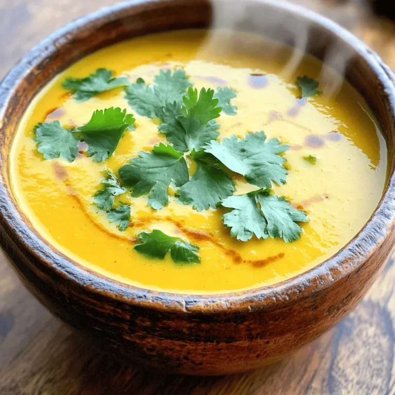 To make Coconut Curry Butternut Soup, gather these simple ingredients: - 1 medium butternut squash, peeled and diced - 1 tablespoon olive oil - 1 onion, chopped - 3 cloves garlic, minced - 1 tablespoon fresh ginger, grated - 2 tablespoons red curry paste - 4 cups vegetable broth - 1 can (14 oz) coconut milk - 1 tablespoon maple syrup (optional for sweetness) - Salt and black pepper to taste - Juice of 1 lime - Fresh cilantro leaves for garnish If you don't have something on hand, here are some easy swaps: - Butternut squash: You can use sweet potatoes or pumpkin instead. - Olive oil: Feel free to use coconut oil for a richer flavor. - Red curry paste: Try yellow curry paste if you want a milder taste. - Vegetable broth: Chicken broth works if you prefer a non-vegetarian version. - Coconut milk: Use almond milk or cashew cream for a lighter option. - Maple syrup: Honey can replace it if you like. Using fresh ingredients gives the best flavor. Fresh butternut squash has a nice texture and taste. Peel and dice it before cooking. Canned coconut milk offers convenience and creaminess. It saves time and still tastes great. If you choose fresh garlic and ginger, your soup will have more vibrant flavors. For garlic and ginger, use minced fresh instead of powdered for the best results. To start, gather all your ingredients. You need: - 1 medium butternut squash, peeled and diced - 1 tablespoon olive oil - 1 onion, chopped - 3 cloves garlic, minced - 1 tablespoon fresh ginger, grated - 2 tablespoons red curry paste - 4 cups vegetable broth - 1 can (14 oz) coconut milk - 1 tablespoon maple syrup (optional for sweetness) - Salt and black pepper to taste - Juice of 1 lime - Fresh cilantro leaves for garnish First, peel and dice the butternut squash. Use a sturdy knife. It can be tough to cut, so take your time. Next, chop the onion and mince the garlic. Grate the ginger too. This mix of flavors will be the base of your soup. In a large pot, heat the olive oil over medium heat. Once hot, add the chopped onion. Sauté for about 5 minutes until the onion is soft and clear. Then, add the minced garlic and grated ginger. Cook for 1-2 minutes. You want to smell those amazing scents! Next, add the diced butternut squash to the pot. Stir in the red curry paste. Make sure all the squash gets coated. Pour in the vegetable broth and bring everything to a boil. Once boiling, lower the heat, cover the pot, and let it simmer for about 20-25 minutes. This helps the squash get tender. After simmering, remove the pot from heat. It's time to blend! If you have an immersion blender, use it directly in the pot. Blend until the soup is smooth. If you don't have one, carefully transfer the soup to a regular blender. Blend in batches if needed. Once blended, pour the soup back into the pot. Now, stir in the coconut milk and maple syrup if you want a touch of sweetness. Season with salt, black pepper, and lime juice to taste. Warm the soup on low heat for about 5 minutes to let the flavors mix well. Serve your soup hot! Garnish with fresh cilantro leaves on top. Enjoy this warm, creamy delight. To make your soup shine, start with fresh ingredients. Use a ripe butternut squash for a sweet base. Peel and dice it evenly so it cooks well. Sauté the onions until they are soft. This step builds a rich flavor. When adding garlic and ginger, stir gently. Let them cook until fragrant but not brown. This helps keep their bright flavors. Use a good quality red curry paste. It adds depth and warmth. Blend the soup until smooth but not too thin. You want a creamy texture. If it's too thick, add a bit more broth. To enhance the soup, try adding a splash of lime juice. It brightens the dish and balances the curry's heat. You can also add a tablespoon of maple syrup for sweetness. This gives a nice contrast to the spices. Fresh herbs are key! Garnish with cilantro for a fresh finish. You can also add a pinch of cayenne pepper for heat. One common mistake is overcooking the butternut squash. If it’s too soft, it can lose its flavor. Watch the cooking time. Another mistake is not blending enough. Make sure it’s smooth. Chunks can ruin the creamy feel. Lastly, be careful with salt. Always taste before adding more. You can always add, but you can’t take away! {{image_2}} You can easily add protein to your Coconut Curry Butternut Soup. Some great choices are cooked chicken, shrimp, or chickpeas. - For chicken: Use shredded rotisserie chicken for a quick option. - For shrimp: Add peeled, deveined shrimp during the last few minutes of cooking. - For chickpeas: Add a can of drained chickpeas for a hearty vegan option. These proteins will make your soup more filling and nutritious. This soup is already vegetarian and can be vegan with a few tweaks. - Use vegetable broth to keep it vegetarian. - Ensure your red curry paste is vegan. Some brands add shrimp paste. - Skip the maple syrup if you want a savory soup. By making these changes, you can enjoy a tasty and plant-based version. Changing spices and herbs can take your soup to new levels. - Add a pinch of cumin for warmth. - Try turmeric for a vibrant golden color. - Fresh basil or mint can add a refreshing twist. These simple tweaks will enhance the flavor and keep your soup exciting every time you make it. Once you finish your meal, let the soup cool down. Pour it into an airtight container. This helps keep the soup fresh. Store the container in the fridge. The soup will stay good for up to five days. Always check for any signs of spoilage before eating. If you want to save the soup for later, freezing is a great option. Use a freezer-safe container or a zip-top bag. Leave some space at the top because soup expands when it freezes. Label the container with the date. The soup can last for up to three months in the freezer. When you are ready to eat, just thaw it in the fridge overnight. To reheat, pour the soup into a pot. Heat it on medium until it’s hot. Stir it often to avoid sticking. If the soup is too thick, add a splash of water or broth. You can also use a microwave. Place the soup in a microwave-safe bowl. Heat it for one minute at a time, stirring in between. Enjoy your warm, tasty soup! Coconut curry butternut soup lasts about 4-5 days in the fridge. Store it in an airtight container. Make sure it cools down before you put it in the fridge. When you want to eat it, just reheat on the stove. Stir it well to blend the flavors again. Yes, you can use fresh butternut squash instead of frozen. Fresh squash gives a great taste and texture. Just peel and dice it into small pieces. The cooking time remains the same. Fresh squash helps to keep the soup vibrant and tasty. Yes, you can make this soup in a slow cooker. Just add all the ingredients to the slow cooker. Set it on low for 6-8 hours or high for 3-4 hours. Blend the soup when it’s done cooking. This method allows the flavors to deepen and meld nicely. In this post, we explored key ingredients for coconut curry butternut soup. We covered details on substitutions and the choice between fresh and canned items. The step-by-step instructions made preparation and cooking simple. I shared tips to enhance flavors and avoid common mistakes. You can even adapt the recipe with proteins or spices. Finally, we discussed storage and reheating. With this guide, you can enjoy a delicious soup that's easy to make and full of flavor. Dive in and enjoy your cooking journey!