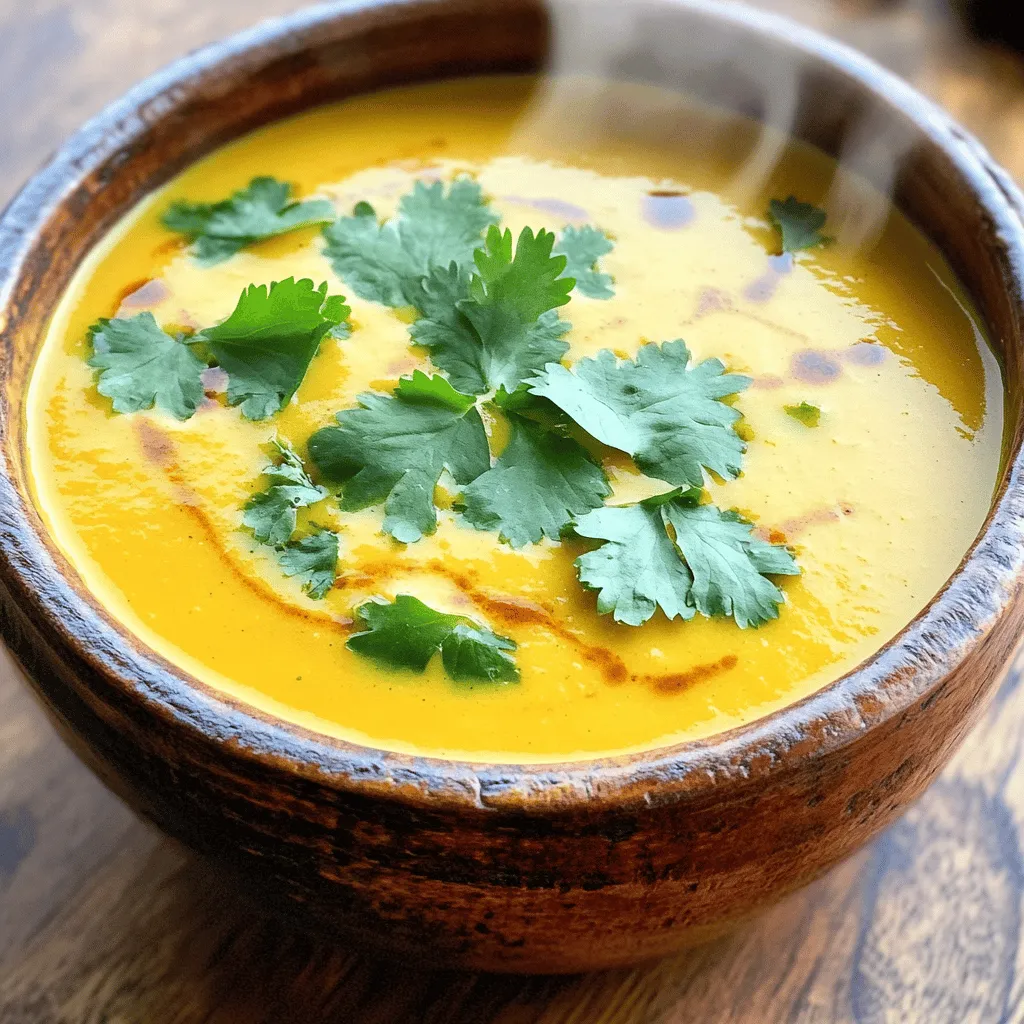 To make Coconut Curry Butternut Soup, gather these simple ingredients: - 1 medium butternut squash, peeled and diced - 1 tablespoon olive oil - 1 onion, chopped - 3 cloves garlic, minced - 1 tablespoon fresh ginger, grated - 2 tablespoons red curry paste - 4 cups vegetable broth - 1 can (14 oz) coconut milk - 1 tablespoon maple syrup (optional for sweetness) - Salt and black pepper to taste - Juice of 1 lime - Fresh cilantro leaves for garnish If you don't have something on hand, here are some easy swaps: - Butternut squash: You can use sweet potatoes or pumpkin instead. - Olive oil: Feel free to use coconut oil for a richer flavor. - Red curry paste: Try yellow curry paste if you want a milder taste. - Vegetable broth: Chicken broth works if you prefer a non-vegetarian version. - Coconut milk: Use almond milk or cashew cream for a lighter option. - Maple syrup: Honey can replace it if you like. Using fresh ingredients gives the best flavor. Fresh butternut squash has a nice texture and taste. Peel and dice it before cooking. Canned coconut milk offers convenience and creaminess. It saves time and still tastes great. If you choose fresh garlic and ginger, your soup will have more vibrant flavors. For garlic and ginger, use minced fresh instead of powdered for the best results. To start, gather all your ingredients. You need: - 1 medium butternut squash, peeled and diced - 1 tablespoon olive oil - 1 onion, chopped - 3 cloves garlic, minced - 1 tablespoon fresh ginger, grated - 2 tablespoons red curry paste - 4 cups vegetable broth - 1 can (14 oz) coconut milk - 1 tablespoon maple syrup (optional for sweetness) - Salt and black pepper to taste - Juice of 1 lime - Fresh cilantro leaves for garnish First, peel and dice the butternut squash. Use a sturdy knife. It can be tough to cut, so take your time. Next, chop the onion and mince the garlic. Grate the ginger too. This mix of flavors will be the base of your soup. In a large pot, heat the olive oil over medium heat. Once hot, add the chopped onion. Sauté for about 5 minutes until the onion is soft and clear. Then, add the minced garlic and grated ginger. Cook for 1-2 minutes. You want to smell those amazing scents! Next, add the diced butternut squash to the pot. Stir in the red curry paste. Make sure all the squash gets coated. Pour in the vegetable broth and bring everything to a boil. Once boiling, lower the heat, cover the pot, and let it simmer for about 20-25 minutes. This helps the squash get tender. After simmering, remove the pot from heat. It's time to blend! If you have an immersion blender, use it directly in the pot. Blend until the soup is smooth. If you don't have one, carefully transfer the soup to a regular blender. Blend in batches if needed. Once blended, pour the soup back into the pot. Now, stir in the coconut milk and maple syrup if you want a touch of sweetness. Season with salt, black pepper, and lime juice to taste. Warm the soup on low heat for about 5 minutes to let the flavors mix well. Serve your soup hot! Garnish with fresh cilantro leaves on top. Enjoy this warm, creamy delight. To make your soup shine, start with fresh ingredients. Use a ripe butternut squash for a sweet base. Peel and dice it evenly so it cooks well. Sauté the onions until they are soft. This step builds a rich flavor. When adding garlic and ginger, stir gently. Let them cook until fragrant but not brown. This helps keep their bright flavors. Use a good quality red curry paste. It adds depth and warmth. Blend the soup until smooth but not too thin. You want a creamy texture. If it's too thick, add a bit more broth. To enhance the soup, try adding a splash of lime juice. It brightens the dish and balances the curry's heat. You can also add a tablespoon of maple syrup for sweetness. This gives a nice contrast to the spices. Fresh herbs are key! Garnish with cilantro for a fresh finish. You can also add a pinch of cayenne pepper for heat. One common mistake is overcooking the butternut squash. If it’s too soft, it can lose its flavor. Watch the cooking time. Another mistake is not blending enough. Make sure it’s smooth. Chunks can ruin the creamy feel. Lastly, be careful with salt. Always taste before adding more. You can always add, but you can’t take away! {{image_2}} You can easily add protein to your Coconut Curry Butternut Soup. Some great choices are cooked chicken, shrimp, or chickpeas. - For chicken: Use shredded rotisserie chicken for a quick option. - For shrimp: Add peeled, deveined shrimp during the last few minutes of cooking. - For chickpeas: Add a can of drained chickpeas for a hearty vegan option. These proteins will make your soup more filling and nutritious. This soup is already vegetarian and can be vegan with a few tweaks. - Use vegetable broth to keep it vegetarian. - Ensure your red curry paste is vegan. Some brands add shrimp paste. - Skip the maple syrup if you want a savory soup. By making these changes, you can enjoy a tasty and plant-based version. Changing spices and herbs can take your soup to new levels. - Add a pinch of cumin for warmth. - Try turmeric for a vibrant golden color. - Fresh basil or mint can add a refreshing twist. These simple tweaks will enhance the flavor and keep your soup exciting every time you make it. Once you finish your meal, let the soup cool down. Pour it into an airtight container. This helps keep the soup fresh. Store the container in the fridge. The soup will stay good for up to five days. Always check for any signs of spoilage before eating. If you want to save the soup for later, freezing is a great option. Use a freezer-safe container or a zip-top bag. Leave some space at the top because soup expands when it freezes. Label the container with the date. The soup can last for up to three months in the freezer. When you are ready to eat, just thaw it in the fridge overnight. To reheat, pour the soup into a pot. Heat it on medium until it’s hot. Stir it often to avoid sticking. If the soup is too thick, add a splash of water or broth. You can also use a microwave. Place the soup in a microwave-safe bowl. Heat it for one minute at a time, stirring in between. Enjoy your warm, tasty soup! Coconut curry butternut soup lasts about 4-5 days in the fridge. Store it in an airtight container. Make sure it cools down before you put it in the fridge. When you want to eat it, just reheat on the stove. Stir it well to blend the flavors again. Yes, you can use fresh butternut squash instead of frozen. Fresh squash gives a great taste and texture. Just peel and dice it into small pieces. The cooking time remains the same. Fresh squash helps to keep the soup vibrant and tasty. Yes, you can make this soup in a slow cooker. Just add all the ingredients to the slow cooker. Set it on low for 6-8 hours or high for 3-4 hours. Blend the soup when it’s done cooking. This method allows the flavors to deepen and meld nicely. In this post, we explored key ingredients for coconut curry butternut soup. We covered details on substitutions and the choice between fresh and canned items. The step-by-step instructions made preparation and cooking simple. I shared tips to enhance flavors and avoid common mistakes. You can even adapt the recipe with proteins or spices. Finally, we discussed storage and reheating. With this guide, you can enjoy a delicious soup that's easy to make and full of flavor. Dive in and enjoy your cooking journey!