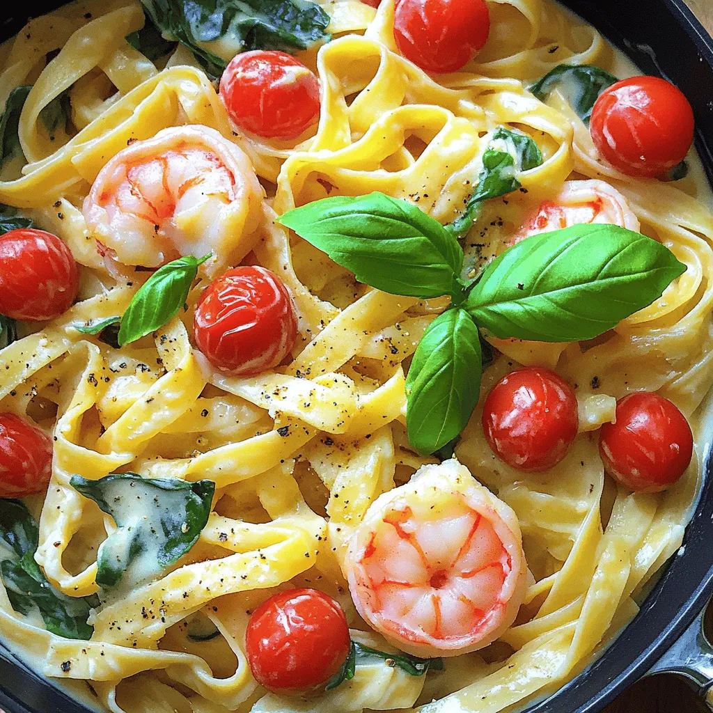 - 12 oz fettuccine pasta - 1 lb shrimp, peeled and deveined - 2 tablespoons olive oil - 3 cloves garlic, minced - 1 cup cherry tomatoes, halved - 2 cups fresh spinach - 1 cup heavy cream - 1/2 cup grated Parmesan cheese - 1 teaspoon Italian seasoning - Salt and pepper to taste - Fresh basil for garnish To create a creamy Tuscan shrimp pasta, you need simple yet fresh ingredients. Fettuccine pasta forms a lovely base. Shrimp adds a tasty protein that pairs well with the sauce. Olive oil is key for sautéing and flavor. Garlic gives a strong, savory punch. Cherry tomatoes add sweetness and color. Fresh spinach brings a nice green touch. Heavy cream makes the sauce rich and smooth. Grated Parmesan cheese adds a salty, nutty flavor. Don’t forget Italian seasoning for that authentic taste. Lastly, salt and pepper help to enhance all the flavors. Fresh basil is perfect for a bright finish. You can find these ingredients at most grocery stores, making it easy to whip up this dish. Enjoy gathering your fresh ingredients as you prepare for a delightful cooking experience! Start by boiling a large pot of salted water. Use enough water to allow the pasta to move freely. Once the water boils, carefully add 12 oz of fettuccine pasta. Cook it according to the package instructions, usually around 8-10 minutes. Your goal is to achieve al dente texture, which means it should be firm yet tender. To check, bite a piece; it should have a slight chew. When done, drain the pasta and set it aside. In a large skillet, heat 2 tablespoons of olive oil over medium heat. Wait until the oil shimmers, then add 1 lb of peeled and deveined shrimp. Season with salt and pepper. Cook the shrimp for about 2-3 minutes on each side. They should turn pink and opaque when cooked through. Remove the shrimp from the skillet and set them aside. Using the same skillet, add 3 cloves of minced garlic. Sauté for about 30 seconds until it smells great. Next, add 1 cup of halved cherry tomatoes. Cook them for 3-4 minutes until they start to soften. Then, stir in 2 cups of fresh spinach. Cook until it wilts. Pour in 1 cup of heavy cream and add 1/2 cup of grated Parmesan cheese. Stir until the cheese melts and the sauce thickens. Season with 1 teaspoon of Italian seasoning, salt, and pepper to taste. Now, add the cooked fettuccine and sautéed shrimp back into the skillet with the creamy sauce. Toss everything together gently. Make sure the pasta and shrimp are well coated with the sauce. This step ensures every bite is rich and flavorful. To serve, plate the creamy Tuscan shrimp pasta with care. Garnish with fresh basil leaves for a pop of color and flavor. This simple touch makes the dish look beautiful and inviting. Enjoy your delightful dinner! To ensure shrimp are perfectly cooked, watch the color closely. Raw shrimp are gray. Cooked shrimp turn pink and opaque. This change means they are ready to eat. Sauté them for about 2-3 minutes on each side. Overcooked shrimp become tough and rubbery. For best results, remove them from the heat as soon as they change color. To achieve a creamy sauce, use heavy cream. This ingredient gives the sauce the richness it needs. If the sauce is too thick, add a splash more cream. For flavor enhancements, add Italian seasoning and a pinch of salt. Fresh herbs like basil also boost flavor. Consider garlic for an extra kick. For ideal side dishes, serve with a crisp salad or garlic bread. A light white wine pairs well, enhancing the meal's flavors. When it comes to presentation, plate the pasta neatly. Garnish with fresh basil for a pop of color. This makes the dish look more inviting and special. {{image_2}} You can switch fettuccine for other pasta types. Penne or spaghetti work well. These options change the texture but keep the flavor. For shrimp, you can use chicken or tofu instead. Cook chicken until it is golden brown. For tofu, press it first, then sauté until crispy. Both choices give new tastes and protein. To boost flavor, add spices like garlic powder or Italian herbs. Fresh herbs also add brightness. Try mixing in bell peppers or zucchini. These vegetables add color and taste. Want some heat? Mix in red pepper flakes for a spicy kick. Start with a pinch and add more if you like it hotter. If you need gluten-free options, choose gluten-free pasta. Many brands taste great and hold sauce well. To make it dairy-free, swap heavy cream for coconut milk or cashew cream. Use a dairy-free cheese for a cheesy flavor. These swaps keep the dish creamy without dairy. To store your creamy Tuscan shrimp pasta, let it cool first. Place it in an airtight container. This helps keep it fresh. Store in the fridge for up to three days. Make sure to label it with the date. When you reheat leftovers, avoid the microwave if possible. Microwaving can make the pasta soggy. Instead, use a skillet. Heat it on low. Add a splash of cream or broth to refresh it. Stir gently to keep the texture nice. Freezing this dish is easy. First, let it cool completely. Then, divide it into portions. Use freezer-safe bags or containers. Remove as much air as you can. This helps prevent freezer burn. It can stay fresh in the freezer for up to three months. To defrost, move it to the fridge overnight. For reheating, use the skillet method again. Add a little cream for a creamy texture. Enjoy the taste of fresh pasta even after freezing! It takes about 30 minutes to make Creamy Tuscan Shrimp Pasta. You will spend 15 minutes prepping and 15 minutes cooking. This dish comes together quickly, making it perfect for busy nights. Yes, you can use frozen shrimp. Just remember to thaw them first. To thaw, place the shrimp in a bowl of cold water for about 15-20 minutes. Cook them as directed in the recipe. They will taste great! If you want a lighter option, try using half-and-half or whole milk. You can also use coconut cream for a dairy-free choice. Keep in mind that the sauce may not be as thick, but it will still be tasty. Absolutely! To make it more kid-friendly, you can adjust the seasoning. Use less salt and keep the garlic mild. You can also add more spinach or tomatoes for extra color and nutrients. Yes, you can make it ahead of time. Cook the pasta and shrimp, then store them separately in the fridge. When ready to eat, heat them together in a pan with the sauce. This keeps everything fresh and tasty! This blog post guides you through making Creamy Tuscan Shrimp Pasta. We covered ingredients, cooking steps, and tips to perfect your dish. Remember to check for al dente pasta and properly season your shrimp. Feel free to explore substitutes, enhance your flavors, and make it your own. Use the storage and reheating tips to enjoy your meal later. With a few simple tweaks, you can impress anyone at your table. Happy cooking!