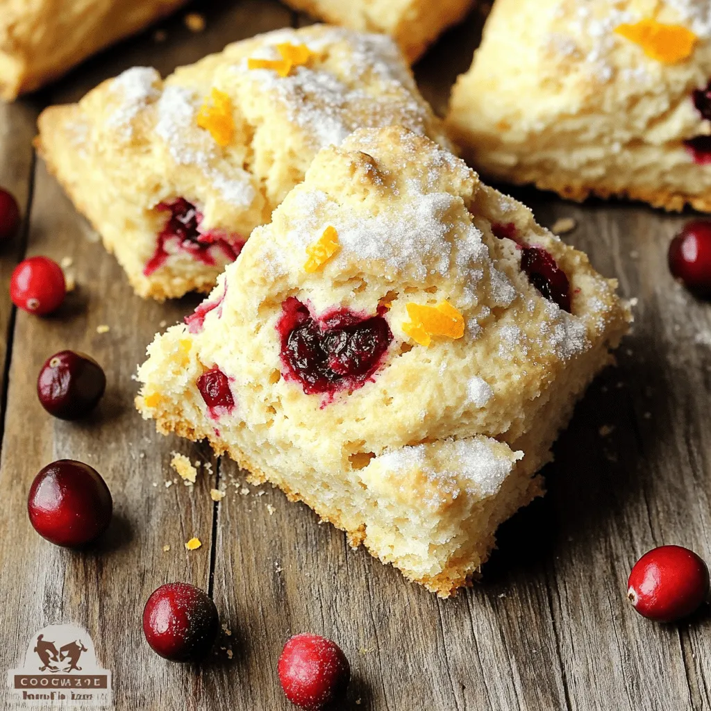 To make delightful cranberry orange scones, gather these simple ingredients: - 2 cups all-purpose flour - 1/3 cup granulated sugar - 1 tablespoon baking powder - 1/2 teaspoon salt - 1/4 cup unsalted butter, cold and cubed - 1/2 cup fresh cranberries, roughly chopped - Zest of 1 large orange - 1/2 cup heavy cream - 1 large egg - 1 teaspoon vanilla extract - Extra sugar for sprinkling Each ingredient plays a key role in the final taste. The all-purpose flour gives structure, while granulated sugar adds sweetness. Baking powder helps the scones rise, and salt balances the flavor. Using cold butter is crucial. It creates flaky layers in the scone. Fresh cranberries add bursts of tartness. The orange zest brightens the flavor, making every bite refreshing. Heavy cream provides richness, while the egg adds moisture and helps bind everything together. Finally, the vanilla extract enhances the overall flavor. The extra sugar on top adds a delightful crunch. With these ingredients ready, you’re all set to bake a batch of tasty scones! Start by preheating your oven to 400°F (200°C). This ensures your scones bake evenly. Next, line a baking sheet with parchment paper. This helps the scones not stick and makes cleanup easy. In a large bowl, combine the dry ingredients. Add 2 cups of all-purpose flour, 1/3 cup of granulated sugar, 1 tablespoon of baking powder, and 1/2 teaspoon of salt. Use a whisk to mix them well. This step is key for even flavor. Now it's time to add the butter. Take 1/4 cup of unsalted butter, cold and cubed, and add it to the dry mix. Use a pastry cutter or your fingers to cut the butter into the flour. You want it to look like coarse crumbs. This helps make your scones flaky. Next, mix in the cranberries and orange zest. You need 1/2 cup of fresh cranberries, roughly chopped, and the zest of 1 large orange. Stir well to ensure they are evenly spread through the mix. This adds a bright, fresh taste. In a separate bowl, whisk together the wet ingredients. Use 1/2 cup of heavy cream, 1 large egg, and 1 teaspoon of vanilla extract. Pour this mix into the dry ingredients. Stir gently until just combined. Don't overmix; the dough will be slightly sticky. Turn the dough out onto a lightly floured surface. Knead it gently a few times until it comes together. Pat the dough into a circle about 1-inch thick. This shape helps the scones rise nicely. Cut the circle into 8 wedges and place them on the prepared baking sheet. For a sweet touch, sprinkle some extra sugar on top of each scone. Bake them for 15-20 minutes. They should be golden brown and fully cooked. Let them cool slightly before moving them to a wire rack. Enjoy your warm, tasty scones! Cold butter is key to great scones. When you use cold butter, it helps create a flaky texture. This happens because the butter melts in the oven, leaving small pockets of air. These pockets make the scones rise and become light. To get cold butter, keep it in the fridge until you are ready to use it. Cut it into small cubes before mixing it with the flour. This way, you will have the best texture. Fresh cranberries bring a bright, tart taste to your scones. They burst while baking, releasing their juices. This adds a lovely flavor. Dried cranberries are sweeter and do not provide the same freshness. If you prefer a sweeter scone, you can use dried cranberries. Just remember, fresh ones will give you the best taste. The right tools make baking easier. A pastry cutter helps you mix butter and flour well. A large mixing bowl is great for combining ingredients. Use a baking sheet lined with parchment paper to prevent sticking. An oven thermometer ensures your oven is at the right temperature. This helps the scones bake evenly. With the right tools, you will make perfect cranberry orange scones every time. {{image_2}} You can make these scones gluten-free with simple swaps. Use gluten-free all-purpose flour. This flour blends well and keeps the taste great. You can also add a bit of xanthan gum. This helps mimic the texture of regular flour. Making these scones vegan is easy. Replace the butter with coconut oil or vegan butter. For the egg, use a flax egg. Mix one tablespoon of flaxseed meal with three tablespoons of water. Let it sit until thickened. Use this in place of the egg for binding. Want to add more flavor? Consider adding chopped nuts like walnuts or pecans. You can also mix in some chocolate chips for a sweet twist. For a warm spice, try adding cinnamon or nutmeg. Each of these options brings something new and exciting to your scones. Store your scones at room temperature for up to two days. Place them in an airtight container to keep them fresh. Avoid stacking the scones; this prevents them from getting soggy. A paper towel inside the container can help absorb moisture. For longer storage, freeze the scones. First, let them cool completely after baking. Then, wrap each scone in plastic wrap. Place the wrapped scones in a freezer bag or container. They can last for up to three months in the freezer. To enjoy your scones warm, preheat your oven to 350°F (175°C). Place the scones on a baking sheet and heat for about 5 to 10 minutes. This method keeps them crisp on the outside and warm inside. You can also microwave a scone for about 15 to 20 seconds, but it may lose some crispness. How do I make scones lighter and fluffier? To make scones lighter, use cold butter. This helps create air pockets. Also, avoid overmixing the dough. Mixing just until combined keeps the scones fluffy. Can I use frozen cranberries in the recipe? Yes, you can use frozen cranberries. Just chop them while frozen. They may add a bit of moisture, so adjust the flour slightly if needed. Frozen cranberries work well and keep the scones fresh. What’s the best way to serve cranberry orange scones? Serve cranberry orange scones warm. They are great plain or with butter. You can also enjoy them with jam or cream. Pair with tea or coffee for a delightful treat. You now have a clear path to make delicious cranberry orange scones. I detailed essential ingredients, step-by-step instructions, and valuable tips. Remember to use cold butter for the best texture and fresh cranberries for great flavor. Don't hesitate to try gluten-free or vegan variations. Store them properly to keep them fresh and tasty. With practice, you can perfect this recipe. Enjoy the baking process and the delightful results awaiting you!