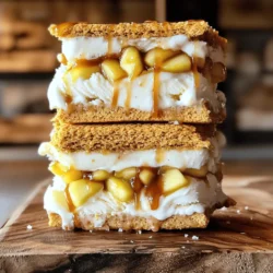 - 2 cups graham cracker crumbs - 1/2 cup unsalted butter, melted - 1/3 cup granulated sugar - 1/2 teaspoon ground cinnamon - 1 quart vanilla ice cream - 1 cup cream cheese, softened - 1/2 cup powdered sugar - 1 teaspoon vanilla extract - 2 cups finely diced apples (preferably Granny Smith) - 1/2 cup caramel sauce (plus extra for drizzling) - Sea salt for garnish Gathering the right ingredients is key for making Caramel Apple Cheesecake Ice Cream Sandwiches. Start with graham crackers. They form the base. Use unsalted butter to bind the crumbs. Granulated sugar adds sweetness. Ground cinnamon gives a warm spice to the crust. For the creamy filling, you need cream cheese and powdered sugar. They mix together for a smooth texture. Add vanilla extract for flavor. Apples bring a fresh crunch. Granny Smith apples work best because they are tart. Finally, the caramel sauce adds richness. You also want some sea salt. It balances the sweetness. With these ingredients, you create a tasty treat that everyone will love. Gather these items before you start cooking. To start, you need to make the cookie base. In a large bowl, combine the graham cracker crumbs, melted butter, granulated sugar, and ground cinnamon. Mix it until it looks like wet sand. Next, take a 9x13 inch baking dish and line it with parchment paper. Press the crumb mixture firmly into the bottom of the dish. You want it even and smooth. Bake this in a preheated oven at 350°F (175°C) for 10 minutes. Keep an eye on it until it turns lightly golden. Once it's ready, remove it and let it cool completely. Now, let’s move on to the cheesecake layer. In a medium bowl, beat the softened cream cheese, powdered sugar, and vanilla extract together. Mix this until it’s smooth and creamy. Then, fold in your diced apples and half of the caramel sauce. Be gentle when folding so you keep the apples intact. This mix adds a nice tartness and sweetness. With the cookie base cooled, spread the cheesecake mixture over the crust evenly. Use an ice cream scoop to add dollops of vanilla ice cream on top. Spread the ice cream gently to cover everything. Next, drizzle the remaining caramel sauce over the ice cream. Use a knife to swirl it in for a beautiful marbled effect. Cover the dish with plastic wrap and freeze it for at least 4 hours. This helps everything set into one delicious treat. When you’re ready to serve, take the sandwich out of the freezer. Let it sit for about 10 minutes to soften a bit. This makes cutting easier. Cut into squares or bars. Drizzle with extra caramel sauce and sprinkle a pinch of sea salt on top. For a great touch, serve on a wooden board with fresh apple slices. Enjoy each bite of this delightful treat! To get a great texture for your ice cream sandwiches, focus on the crust. Press the graham cracker mixture firmly into the pan. This will help it hold together well. Bake it until it's just golden, about 10 minutes. Let it cool completely before adding layers. This step is key for a sturdy base. When making the cheesecake layer, ensure your cream cheese is soft. This helps it blend smoothly. Beat it well with the sugar and vanilla. Then, fold in the diced apples gently. This keeps the apples intact. You want to taste the crunch in every bite. For a twist, try different ice cream flavors. Cinnamon or caramel ice cream pairs nicely with the apple taste. If you want a lighter option, consider using Greek yogurt instead of cream cheese. It adds creaminess but with less fat. For healthier toppings, use chopped nuts or fresh fruit. Sliced almonds or walnuts add crunch. You can also sprinkle cinnamon for extra flavor. These options will keep your dessert tasty and satisfying. {{image_2}} You can make this treat even more special with different flavors. Try adding spices like nutmeg or ginger to the graham cracker crust. These spices can give it a warm, cozy taste. You can also add flavored extracts. A bit of almond or maple extract can enhance the dessert. Using different types of apples can change the flavor too. While Granny Smith apples work best, you can try Honeycrisps for sweetness. Fuji apples add a nice crunch and flavor, too. Each apple brings its own unique taste to the dish. For parties, you can serve these ice cream sandwiches in fun ways. Arrange them on a wooden board for a rustic look. Drizzle extra caramel sauce over each piece for added flair. Add fresh apple slices around the sandwiches for color and freshness. For a creative touch, stack two sandwiches on top of each other. This makes for an eye-catching dessert. Use small bowls for caramel sauce for dipping. These ideas will impress your guests and make your dessert stand out. To store your caramel apple cheesecake ice cream sandwiches, wrap them tightly in plastic wrap. Place them in an airtight container or a resealable plastic bag. This method keeps them fresh and tasty. If you make them ahead of time, they can last in the freezer for up to a month. To maintain freshness and flavor, avoid leaving them exposed to air. Air can cause freezer burn, which affects taste and texture. If you plan to enjoy them later, label the container with a date to track how long they've been in the freezer. When you're ready to serve, remove the sandwiches from the freezer. Let them sit at room temperature for about 10 minutes. This short wait softens them just enough for easy cutting. If you want them a bit softer, you can also place them in the microwave. Heat them for about 10-15 seconds. Be careful not to overheat, as you don't want to melt the ice cream. Enjoy these delightful treats when they are perfectly soft! Can I use store-bought caramel sauce? Yes, you can use store-bought caramel sauce. It saves time and taste great. Just drizzle it over the ice cream before serving. If you want, you can warm it slightly to make it easier to drizzle. How long can I keep these ice cream sandwiches in the freezer? You can keep these ice cream sandwiches in the freezer for up to two weeks. Make sure to wrap them tightly in plastic wrap to prevent freezer burn. You want them to stay fresh and tasty. What can I do to prevent the apples from browning? To keep the apples from browning, soak them in a mix of lemon juice and water for a few minutes. Drain and pat them dry. This simple step keeps your apples looking fresh and bright in the cheesecake. Can I make this recipe gluten-free? Yes, you can make this recipe gluten-free. Use gluten-free graham crackers or swap them for almond flour. Just make sure all other ingredients are also gluten-free. Enjoy the same great taste without the gluten! This blog covered how to make delicious ice cream sandwiches with a cookie base and cheesecake filling. We explored key ingredients, step-by-step instructions, and helpful tips. You learned about flavor variations and how to store them for later enjoyment. In summary, these sandwiches blend creamy and crunchy in each bite. Enjoy experimenting with flavors and sharing them at gatherings. Your friends and family will love your tasty treats!