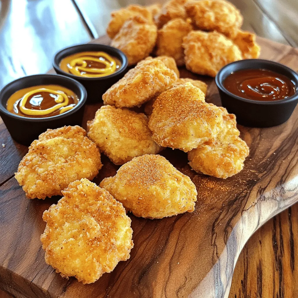 To recreate those tasty nuggets, you need the following key ingredients: - 1 lb boneless, skinless chicken breasts, cut into bite-sized pieces - 1 cup pickle juice - 1 cup milk - 1 large egg - 1 cup all-purpose flour These items form the base of your nuggets. Chicken breasts give a nice bite. Pickle juice adds a tangy flavor. Milk and egg create a moist coating. To make your nuggets extra delicious, include these spices: - 1/2 teaspoon paprika - 1/2 teaspoon garlic powder - 1/2 teaspoon onion powder - 1 teaspoon salt - 1/2 teaspoon black pepper - 1/4 teaspoon cayenne pepper (optional for heat) These spices enhance the flavor. They make the nuggets taste close to the original. Paprika adds color, while garlic and onion powders bring depth. Cayenne pepper gives a nice kick, but it’s optional. If you need to make changes, consider these options: - Use chicken thighs for a juicier bite. - Substitute almond milk or oat milk for dairy-free needs. - Use gluten-free flour if you need a gluten-free option. These swaps keep the recipe flexible. You can still enjoy tasty nuggets no matter your needs. Don't hesitate to experiment! Start by cutting 1 pound of boneless, skinless chicken breasts into bite-sized pieces. Place these pieces in a medium bowl. Pour in 1 cup of pickle juice. This brine adds flavor and keeps the chicken tender. Cover the bowl and refrigerate for at least 30 minutes. This step is key for juicy nuggets. While the chicken marinates, prepare the breading. In a separate bowl, whisk together 1 cup of milk and 1 large egg. This mixture helps the flour stick to the chicken. In another bowl, combine 1 cup of all-purpose flour, 1/2 teaspoon paprika, 1/2 teaspoon garlic powder, 1/2 teaspoon onion powder, 1 teaspoon salt, 1/2 teaspoon black pepper, and 1/4 teaspoon cayenne pepper if you want some heat. Mix well until everything is evenly distributed. After marinating, drain the chicken well from the pickle juice. Dip each piece into the milk mixture. Let the excess drip off, then roll it in the seasoned flour until fully coated. Heat 1 cup of peanut oil in a deep skillet over medium heat. The oil is ready when a small piece of chicken sizzles upon contact. Fry the chicken nuggets in batches. Do not overcrowd the pan. Cook for about 3-4 minutes on each side until they are golden brown and cooked through. Use a thermometer to check that the internal temperature reaches 165°F. Once cooked, remove the nuggets using a slotted spoon. Place them on a paper towel-lined plate to drain excess oil. Serve the nuggets hot with your favorite dipping sauces, like honey mustard or barbecue sauce. Enjoy your homemade copycat Chick-fil-A nuggets! To get that perfect crispiness, use peanut oil. It has a high smoke point. Heat the oil until it sizzles when you add chicken. Fry in small batches. This avoids crowding, which makes them soggy. Cook until they are golden brown. This usually takes 3-4 minutes on each side. One common mistake is skipping the brine. Pickle juice makes the chicken juicy and tasty. Another mistake is not letting the oil heat enough. If the oil isn’t hot, the nuggets soak up too much oil. Lastly, don’t skip the seasoning in the flour. It adds great flavor to each bite. For the best flavor, marinate the chicken for at least 30 minutes. The longer, the better! You can also try adding more spices. Consider using smoked paprika or even a dash of cayenne pepper for heat. Pair the nuggets with honey mustard or barbecue sauce. These dips complement the chicken well. {{image_2}} If you like a kick, add cayenne pepper. Just mix 1/4 teaspoon into your flour mix. This small change gives your nuggets a nice heat. The spice level is up to you. Feel free to add more cayenne if you love it spicy! It pairs well with honey or ranch dressing. For a healthier option, try baking the nuggets. Preheat your oven to 400°F (200°C). After breading the chicken, place the nuggets on a baking sheet. Spray them lightly with cooking oil. Bake for 20-25 minutes until golden. Flip them halfway for even cooking. This method cuts down on oil but still gives great flavor. You can make these nuggets gluten-free easily. Swap all-purpose flour for a gluten-free blend. Many stores sell good gluten-free flours. Just make sure they are all-purpose blends. Follow the same steps for breading and frying. You’ll still enjoy delicious nuggets without gluten! To keep your chicken nuggets fresh, store them in an airtight container. Let them cool down first. Place a paper towel in the container to absorb any moisture. This helps keep the nuggets crispy. Store them in the fridge for up to three days. To reheat your chicken nuggets, use an oven for best results. Preheat your oven to 375°F (190°C). Place the nuggets on a baking sheet. Heat them for about 10-15 minutes. This method keeps them crispy. You can also use an air fryer. Set it to 375°F and cook for 5-7 minutes. You can freeze chicken nuggets for later. Allow them to cool completely first. Place them in a single layer on a baking sheet. Freeze them for about 1-2 hours. Once frozen, transfer them to a freezer bag. Label the bag with the date. They can last up to three months in the freezer. To cook them, bake from frozen. Cook for about 15-20 minutes at 375°F (190°C). Enjoy your nuggets anytime! To make these nuggets healthier, you can use several tips. First, swap some or all of the chicken breast for a leaner cut. You can also use whole wheat flour instead of all-purpose flour. If you bake the nuggets instead of frying, you can cut down on fat. Try using an air fryer for a crispy texture with less oil. You can also add spices like paprika and garlic powder without adding calories. Yes, you can use chicken thighs! Chicken thighs are juicier and have more flavor. Just make sure to cut them into similar-sized pieces. This ensures even cooking. The cooking time may vary slightly, so check for an internal temperature of 165°F (75°C) to be safe. There are many great sauces for chicken nuggets. Honey mustard is a classic choice. Barbecue sauce adds a nice smoky flavor. Ranch dressing is creamy and cool. You can also try buffalo sauce for some heat. For a twist, mix ketchup with a bit of hot sauce! You can store leftover nuggets in the fridge for up to three days. Make sure to place them in an airtight container. When you're ready to eat, reheat them in the oven or air fryer for best results. This keeps them crispy and delicious. This article covered how to make copycat Chick-fil-A nuggets at home. You learned about key ingredients, step-by-step cooking, and tips for crispy results. We also explored variations, storage tips, and answered common questions. Homemade nuggets can be fun and tasty. Now, you have the tools to impress family and friends. Enjoy crafting your delicious nuggets and experimenting with flavors. Your kitchen journey starts here!