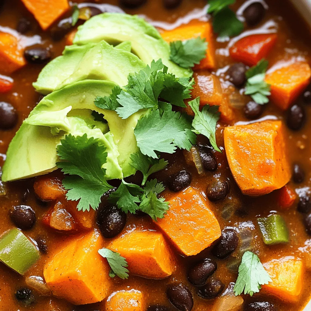 - 2 medium sweet potatoes, peeled and diced - 1 can (15 oz) black beans, drained and rinsed - 1 can (14.5 oz) diced tomatoes (with juices) - 1 cup vegetable broth - 1 large onion, chopped - 2 cloves garlic, minced - 1 red bell pepper, chopped - 1 green bell pepper, chopped - 1 tablespoon chili powder - 1 teaspoon cumin - 1 teaspoon smoked paprika - ½ teaspoon salt - ½ teaspoon black pepper - 1 tablespoon olive oil - Fresh cilantro, for garnish - Avocado slices, for serving (optional) Sweet potatoes are rich in vitamins A and C. They boost your immune system and help your skin. Black beans provide protein and fiber, keeping you full. They also support heart health. Tomatoes are full of antioxidants that protect your cells. Onions and garlic can improve heart health and fight inflammation. Bell peppers add vitamins A and C, making this dish even healthier. If you can't find sweet potatoes, try using butternut squash. You can swap black beans for kidney beans. If you want a lower sodium option, use low-sodium vegetable broth. For a milder taste, use yellow bell peppers instead of red or green. If you prefer fresh tomatoes, use about 2 cups chopped tomatoes instead of canned. First, gather all your ingredients. You need sweet potatoes, black beans, diced tomatoes, and more. This makes cooking easier. Peel and dice the sweet potatoes. Chop the onion and bell peppers. Mince the garlic. This prep takes about 15 minutes. Heat olive oil in a large pot over medium heat. Add chopped onion and sauté for 5 minutes. The onion should be soft and clear. Next, add minced garlic and both bell peppers. Cook them for 3 to 4 minutes until they are soft. Now, stir in the spices: chili powder, cumin, smoked paprika, salt, and black pepper. Cook this mix for about 1 minute. It will smell great! Add the diced sweet potatoes, black beans, diced tomatoes, and vegetable broth. Mix everything well. Bring the chili to a boil. Once boiling, reduce heat to low and cover the pot. Let it simmer for 25 to 30 minutes. Stir it occasionally to stop sticking. After 30 minutes, check if the sweet potatoes are soft. Taste the chili and adjust the seasoning if needed. If you want it thicker, let it simmer uncovered for 5 to 10 more minutes. Serve the chili hot. Add fresh cilantro on top and avocado slices if you like. Enjoy your hearty meal! To boost the flavor of your chili, try these tips: - Use fresh spices. Fresh spices give a rich taste. - Add a squeeze of lime juice. This brings brightness to the dish. - Stir in a spoonful of maple syrup. It adds a nice sweetness. - Toss in some chopped jalapeños for heat. Adjust it to your taste. - Consider adding a dash of hot sauce. This can bring a new kick. Serve your chili in fun ways: - Top with fresh cilantro. It adds a burst of flavor. - Add slices of avocado on top. This gives a creamy texture. - Serve with warm corn tortillas. They are great for dipping. - Pair your chili with a side salad. It keeps the meal light. - Try it over rice or quinoa. This makes it heartier. Avoid these mistakes for the best chili: - Don’t skip the sautéing step. It builds flavor in the base. - Avoid overcooking the sweet potatoes. They should be tender, not mushy. - Don’t forget to taste as you go. Adjust the spices to your liking. - Avoid using canned beans without rinsing. This helps reduce sodium. - Don’t rush the simmering time. Letting it simmer helps flavors meld. {{image_2}} You can boost the protein in Sweet Potato Black Bean Chili. Tofu and tempeh are great choices. Cut tofu into small cubes. Sauté it with the onions and peppers for added flavor. Tempeh also works well. Crumble it and add it when you stir in the sweet potatoes. Both options make the chili heartier and more filling. If you like heat, make a spicy version. Add chopped jalapeños or serrano peppers. You can mix these in with the onions and peppers. For a smoky kick, add cayenne pepper or crushed red pepper flakes. Adjust the amount based on your spice level. You’ll enjoy a warming bowl that packs a punch! Serving the chili over rice or quinoa adds texture and makes it more filling. Cook the rice or quinoa while the chili simmers. Serve a scoop of chili on top of the grains. This combo makes a complete meal. Plus, the grains soak up the chili’s rich flavors. Enjoy this hearty and healthy dish any night of the week! To keep your sweet potato black bean chili fresh, let it cool first. Once cool, pour it into an airtight container. Store it in the fridge for up to five days. This meal tastes even better the next day as the flavors mix. You can freeze this chili for later. Use a freezer-safe container or a zip-top bag. Leave some space for expansion. It will keep well for up to three months. When you’re ready to eat, just thaw it in the fridge overnight. Reheat the chili on the stove over medium heat. Stir it often to keep it from sticking. You can also use a microwave. Heat it in short bursts, stirring in between. Add a splash of vegetable broth if it’s too thick. Enjoy your meal hot! Yes, you can! To make this chili in a slow cooker, start by sautéing the onion, garlic, and peppers in a pan. This step builds flavor. Then, add all the ingredients to the slow cooker. Stir well to mix everything. Cook on low for about 6 to 8 hours or on high for 3 to 4 hours. The sweet potatoes will become tender, and the flavors will meld beautifully. Yes, this recipe is gluten-free. All the ingredients are naturally gluten-free. The black beans, sweet potatoes, and spices do not contain gluten. Just be sure to check the labels on your vegetable broth and canned goods. Some brands may add gluten as a thickener. This chili lasts about 4 to 5 days in the fridge. Store it in an airtight container to keep it fresh. Make sure it cools down before you put it in the fridge. If you want to keep it longer, consider freezing it. This blog post covered the key ingredients, step-by-step cooking, and helpful tips for Sweet Potato Black Bean Chili. You learned about healthy ingredients and substitutions. I also shared ways to boost flavor and avoid common mistakes. Remember, you can easily adjust the recipe for your taste and diet. Store leftovers properly to enjoy them later. With these details, you'll create a delicious dish that you can proudly serve. Enjoy your cooking journey!