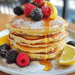 - 1 cup ricotta cheese - 1 cup all-purpose flour - 1/4 cup granulated sugar - 2 large eggs - 1/2 cup milk - 1/4 cup lemon juice (freshly squeezed) - Zest of 1 lemon - 1 teaspoon baking powder - 1/2 teaspoon baking soda - 1/4 teaspoon salt - Butter or oil for cooking Lemon ricotta pancakes need simple ingredients. The ricotta cheese gives them a creamy texture. All-purpose flour provides structure. Granulated sugar adds sweetness. Eggs help bind everything together. Milk makes the batter smooth. Fresh lemon juice gives a bright taste. Lemon zest adds a nice aroma. Baking powder and baking soda help them rise. Salt enhances the flavors. Use butter or oil for a good cook. - Use fresh lemon juice for best flavor. Bottled juice lacks freshness and taste. - Choosing the right ricotta cheese matters. Look for creamy and smooth ricotta. Avoid ones that are too watery. - You can add mix-ins like blueberries or chocolate chips. These add fun flavors. - For toppings, powdered sugar, honey, or maple syrup work great. They add sweetness and make pancakes special. - In a medium bowl, combine the ricotta cheese, eggs, milk, lemon juice, and zest. - Whisk until smooth and mixed well. - In another bowl, sift together the flour, sugar, baking powder, baking soda, and salt. - Mix the dry ingredients well to ensure even distribution. - Preheat your skillet over medium heat. - Grease the skillet with butter or oil to prevent sticking. - Use a 1/4 cup to pour batter onto the skillet for each pancake. - Cook for 2-3 minutes until bubbles form on the surface. - Flip the pancakes and cook for another 2-3 minutes until golden brown. - Repeat until all the batter is cooked, adding more grease as needed. - For presentation, stack a few pancakes on a plate. - Dust with powdered sugar for a sweet touch. - Serve with fresh berries and drizzle with honey or maple syrup. - Add a lemon slice on the side for a pop of color and flavor. To make the best Lemon Ricotta Pancakes, I have some tips for you. First, avoid over-mixing the batter. If you mix too much, pancakes can turn tough. Just fold the dry ingredients into the wet ones gently. A few lumps are fine. Next, pay attention to the cooking temperature. Preheat your skillet over medium heat. If the heat is too high, pancakes can burn on the outside and stay raw inside. A good test is to sprinkle a drop of water on the skillet. If it sizzles, you are ready to cook. Getting the batter thickness right is key for fluffy pancakes. The batter should be thick but pourable. If it’s too thick, add a little more milk. If it’s too thin, sprinkle in a bit more flour until it feels right. Also, you can adjust sweetness to your taste. The recipe calls for 1/4 cup of sugar, but you can add more or less. If you want a sweeter pancake, try adding a bit more sugar or serve with syrup or honey. Watch out for common mistakes when making Lemon Ricotta Pancakes. One big mistake is using old or expired baking powder and baking soda. These help the pancakes rise, so fresh ones are a must. Also, don’t forget to check if your pancakes are cooked. Signs of undercooked pancakes include a wet batter on top and a pale color. Overcooked pancakes will be dark and dry. Aim for a nice golden brown color on both sides. {{image_2}} You can change the taste of your Lemon Ricotta Pancakes easily. Adding herbs like basil or mint gives a fresh twist. Just mix in a tablespoon of finely chopped herbs into your batter. For more citrus zing, try lime or orange juice instead of lemon. These options create fun, bright flavors. If you're looking for gluten-free pancakes, use a gluten-free flour blend. This swap keeps the pancakes light and fluffy. For those who want a dairy-free option, try almond or coconut ricotta. These alternatives work well and keep the pancakes tasty and moist. Pancakes can be sweet or savory based on your choice of toppings. For a sweet treat, drizzle maple syrup or honey. Top with fresh berries for a colorful plate. If you're in the mood for savory, try adding avocado or smoked salmon. These options make pancakes a versatile meal for any time of day. You can also use leftovers in breakfast sandwiches or serve them alongside soups for a unique twist. To keep your pancakes fresh, place them in a sealed container. You can stack them with parchment paper between each pancake to avoid sticking. They last about 3 to 5 days in the fridge. This way, you can enjoy them later without losing flavor or texture. Freezing is a smart way to save pancakes for later. Start by letting them cool completely. Then, place them in a single layer on a baking sheet. Once frozen, transfer them into a freezer bag. They can stay good for up to 2 months. When you're ready to eat, simply reheat them in a microwave or toaster. Heat for about 1-2 minutes in the microwave or toast them until warm. Leftover ricotta cheese is versatile! You can mix it into pasta dishes or spread it on toast. For the lemon juice, it's great in salad dressings or in a homemade lemonade. You can even add it to yogurt for a refreshing snack. These ideas make sure nothing goes to waste! Lemon ricotta pancakes are fluffy pancakes made with ricotta cheese and fresh lemon juice. They have a light, creamy texture and a bright, zesty flavor. The ricotta adds richness, while the lemon gives a refreshing twist. You can serve these pancakes for breakfast or brunch, topped with fruit or syrup. Yes, you can make these pancakes ahead of time. To meal prep, cook the pancakes and let them cool. Then, stack them with parchment paper between each one. Place them in an airtight container and store in the fridge for up to three days. You can reheat them in a skillet or microwave when you're ready to serve. You can use alternatives like whole wheat flour or oat flour. These flours change the taste and texture slightly. If you want gluten-free pancakes, try almond flour or a gluten-free blend. Just remember to adjust the liquid in the recipe, as some flours absorb more moisture than others. Watch for bubbles forming on the surface of the pancakes. When the bubbles start to pop, it’s time to flip them. After flipping, look for a golden-brown color on both sides. If they are firm to the touch and spring back a bit, they are done. Lemon Ricotta Pancakes are simple to make and delightful to eat. We covered their ingredients, easy steps, and ways to perfect your pancakes. I shared tips to avoid common mistakes and ideas for variations. With options for storage and meal prep, you can enjoy these pancakes anytime. Whether you prefer them sweet or savory, Lemon Ricotta Pancakes offer something for everyone. Dive into this delicious recipe and make breakfast special!
