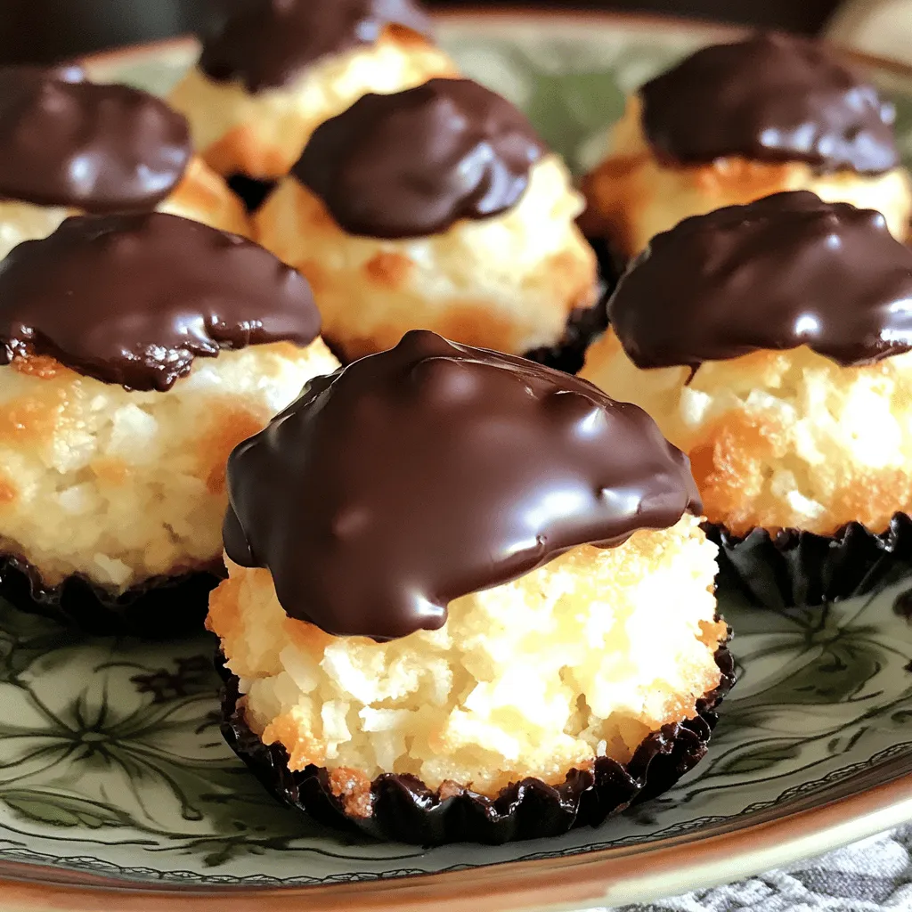 To make chocolate dipped coconut macaroons, gather these ingredients: - 3 cups shredded unsweetened coconut - 1 cup sweetened condensed milk - 1 teaspoon vanilla extract - 1/4 teaspoon salt - 2 large egg whites - 1/4 cup granulated sugar - 8 ounces dark chocolate, chopped - 1 tablespoon coconut oil When making these macaroons, quality matters. Choose fresh, unsweetened coconut for the best flavor. Look for sweetened condensed milk in a can with a clear label. Check that it’s creamy and not too thick. For chocolate, select high-quality dark chocolate with at least 60% cocoa. This gives your macaroons a rich taste. Lastly, always use fresh eggs for light and fluffy texture. If you have allergies or preferences, there are easy swaps. Use coconut cream instead of sweetened condensed milk for a dairy-free version. You can replace shredded coconut with almond flour for a nutty twist. If you need a vegan option, replace egg whites with aquafaba, the liquid from canned chickpeas. For a different flavor, try using white chocolate instead of dark chocolate. First, preheat your oven to 325°F (163°C). Grab a large bowl. Next, add 3 cups of shredded unsweetened coconut. Pour in 1 cup of sweetened condensed milk. Add 1 teaspoon of vanilla extract and 1/4 teaspoon of salt. Mix everything well until combined. You want a sticky texture that holds together. In a clean bowl, take 2 large egg whites. Use a hand mixer to beat them until soft peaks form. This takes about 2-3 minutes. Gradually add 1/4 cup of granulated sugar while mixing. Keep beating until stiff peaks form. This step is key for fluffy macaroons. Now, gently fold the egg whites into the coconut mixture. Be careful not to deflate your egg whites too much. Using a cookie scoop or your hands, shape small mounds. Place them on a lined baking sheet, spacing them about 1 inch apart. Bake for 20-25 minutes, until the tops are golden brown. After baking, let them cool on the sheet for 10 minutes before moving them to a wire rack to cool completely. To keep your macaroons from flattening, use fresh egg whites. Old egg whites tend to lose their volume. Make sure to beat the egg whites until stiff peaks form. This adds air and helps them rise. Also, avoid overmixing the coconut and egg white mixture. Gentle folding keeps the air in the batter. For dipping, I recommend using dark chocolate. It adds rich flavor and pairs well with coconut. Choose a chocolate with at least 60% cocoa solids for a nice balance of sweetness and bitterness. You can also use semi-sweet chocolate if you prefer a sweeter taste. Adding coconut oil to the chocolate helps it melt smoothly and gives a nice shine. When serving your macaroons, a decorative plate makes a great first impression. You can also use a cute gift box for special occasions. For a fun touch, drizzle extra melted chocolate over the tops. This adds flair and makes them even more tempting. Pair your macaroons with a cup of coffee or tea for a delightful snack. {{image_2}} You can play with flavors to make these macaroons your own. Try adding a splash of almond extract for a rich nutty taste. If you prefer a zesty twist, add lime zest. Each flavor adds a new layer of fun to your treat. Mix it into the coconut mixture before you bake. These macaroons are naturally gluten-free. The main ingredient, shredded coconut, is safe for those avoiding gluten. Just make sure all your other ingredients, like the chocolate and sweetened condensed milk, are also gluten-free. This dessert is perfect for gatherings where you need to cater to various diets. You can choose the size of your macaroons based on your mood. If you want bite-sized treats, use a small cookie scoop. For larger servings, go for a big scoop. Just remember to adjust the baking time. Smaller macaroons will bake faster, while larger ones may need a few extra minutes in the oven. Enjoy experimenting with sizes! To keep your chocolate dipped coconut macaroons fresh, store them in an airtight container. Use parchment paper between layers to avoid sticking. Keep them at room temperature if you eat them within a week. If you want to store them longer, the fridge is a good option. Just make sure the container is sealed well. You can freeze macaroons to enjoy later. Place them in a single layer on a baking sheet. Put the sheet in the freezer for about an hour. Once they are frozen, transfer them to a freezer bag. Remove as much air as you can. They can last up to three months in the freezer. To serve, thaw them in the fridge overnight. Homemade macaroons will stay fresh for about a week at room temperature. In the fridge, they can last up to two weeks. If frozen, they can last up to three months. Always check for any signs of spoilage before eating. Proper storage helps maintain their taste and texture. Enjoy your tasty treats! Yes, you can make macaroon dough ahead of time. Prepare the mixture as stated in the recipe. Seal it tightly in an airtight container. Store it in the fridge for up to 24 hours. When ready, just scoop and bake as usual. This saves time on busy days. A macaroon and a macaron are not the same. Macaroons are made with coconut, egg whites, and sugar. They are chewy and often dipped in chocolate. Macarons are delicate cookies made with almond flour, egg whites, and sugar. They have a smooth shell and sandwiched filling. Understanding this helps you appreciate both treats. Yes, you can use sweetened coconut. However, it will make your macaroons sweeter. If you like sweet treats, this is a fun option. Just adjust the amount of sweetened condensed milk slightly. This way, you keep the balance right and enjoy the flavor. We covered the key steps and tips to make perfect macaroons. We discussed choosing the right ingredients, preparing the coconut mixture, and beating egg whites. You now have tricks to avoid flat macaroons and ideas for dips and presentations. Whether you try flavor variations or explore storage options, enjoy making these treats. With practice, your macaroons can impress anyone. Happy baking!