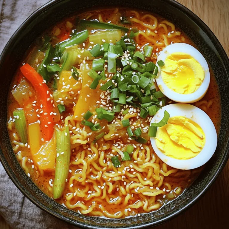 - 2 packs of instant ramen noodles (discard seasoning packets) - 4 cloves of garlic, minced - 2 tablespoons vegetable oil - 1 tablespoon sesame oil - 2 tablespoons soy sauce - 2 teaspoons chili paste (adjust to taste) - 2 cups vegetable broth - 1 teaspoon sugar - 1 tablespoon rice vinegar - 1 cup frozen mixed vegetables (carrots, peas, corn) The main ingredients create a strong base for your spicy garlic ramen. Instant ramen noodles cook fast and soak up flavors well. The garlic adds depth, while the oils give a rich taste. Soy sauce brings umami, and chili paste adds heat. Vegetable broth makes it all come alive. Sugar and rice vinegar balance the flavors, while frozen veggies add texture and color. - Soft-boiled eggs, sliced for topping - 2 green onions, sliced - 1 tablespoon sesame seeds (for garnish) Optional ingredients let you customize your dish. Soft-boiled eggs add protein and a creamy texture. Green onions bring freshness, and sesame seeds give a nice crunch. Feel free to mix and match other toppings, like sliced mushrooms or spinach. Each ingredient enhances the dish, making it truly yours. Enjoy the process of creating your perfect bowl of ramen! First, boil water in a large pot. Once the water bubbles, add the ramen noodles. Cook them for about 3-4 minutes or until soft. Drain the noodles and set them aside. This step is key for a great base. In a large skillet or wok, heat 2 tablespoons of vegetable oil over medium heat. Once the oil is hot, add 4 minced garlic cloves. Sauté for 1-2 minutes. You want the garlic to smell great, but don’t let it burn. After this, mix in 1 tablespoon of sesame oil, 2 tablespoons of soy sauce, and 2 teaspoons of chili paste. Then, add 2 cups of vegetable broth, 1 teaspoon of sugar, and 1 tablespoon of rice vinegar. Bring this to a gentle simmer. Next, add 1 cup of frozen mixed vegetables to the skillet. Let them cook in the broth for about 5 minutes. After the veggies are heated through, add the drained ramen noodles. Toss everything together well. Let it cook for 2-3 more minutes. This will let the noodles soak up all the spicy garlic flavor. Finally, serve the ramen hot, topped with sliced green onions and sesame seeds for a nice finish. To cook ramen noodles perfectly, start with enough water. Use a large pot and bring it to a rolling boil. Add the ramen noodles and cook them for about 3-4 minutes. Stir gently to prevent sticking. Once cooked, drain the noodles and set them aside. This keeps them firm and ready to soak up the tasty sauce later. Adjusting spice levels is easy. Start with 2 teaspoons of chili paste. If you like it hotter, add more chili paste, one teaspoon at a time. The soy sauce adds depth, while rice vinegar gives a nice tang. Taste as you go and find your perfect balance. Don’t forget the sugar! It helps balance the heat and salt. Serve your spicy garlic ramen in deep bowls. Arrange the noodles in a swirl for a nice look. Drizzle a little sesame oil on top for shine. Sprinkle extra sesame seeds and sliced green onions for color. For a special touch, add soft-boiled egg slices on top. It makes the dish look inviting and adds creaminess. {{image_2}} Adding protein makes your spicy garlic ramen noodles heartier. Here are some great options: - Chicken: Cook diced chicken in the skillet until golden. Add it with the vegetables to soak up the sauce. - Tofu: Use firm tofu for a vegetarian choice. Cube it and sauté until crispy, then mix it in with the noodles. - Shrimp: Shrimp cooks quickly. Add peeled shrimp to the skillet during the last few minutes of cooking. They will soak up the spicy flavors. You can easily make this dish vegetarian or vegan. Here are some swaps: - Broth: Use vegetable broth instead of chicken broth. - Sauces: Check that your soy sauce is vegan; some brands include fish products. - Eggs: Omit the soft-boiled eggs to keep it vegan. You can add more vegetables or tofu for protein. Switch up the flavors to keep things exciting. Here are some ideas: - Sauces: Try hoisin sauce for a sweeter taste. Add sriracha for extra heat. - Add-ins: Toss in fresh herbs like cilantro or basil for freshness. - Spices: Experiment with curry powder or smoked paprika for a different twist. These variations let you customize your ramen to fit your taste and dietary needs. Enjoy experimenting! To store your spicy garlic ramen noodles, let them cool first. Place the leftovers in an airtight container. Make sure to cover it tightly to keep out air. This helps the noodles stay fresh. If you have any sauce left, store it separately. It keeps flavors better that way. When you want to enjoy your leftovers, reheat them gently. The best way is to use a skillet. Heat it on low and add a splash of broth or water. This keeps the noodles from drying out. Stir often to blend the flavors back together. You can also use the microwave. Cover the dish to retain moisture, and heat in short bursts. Your spicy garlic ramen can last in the fridge for about three days. After that, the flavors may fade. If you want to keep it longer, consider freezing it. Just remember that the texture may change once thawed. To make spicy garlic ramen noodles, follow these steps: 1. Start by boiling water in a large pot. 2. Add the ramen noodles and cook them for 3-4 minutes. Drain and set aside. 3. In a skillet, heat vegetable oil over medium heat. 4. Add minced garlic and sauté for 1-2 minutes until it smells great. 5. Mix in sesame oil, soy sauce, chili paste, vegetable broth, sugar, and rice vinegar. 6. Let the mixture simmer gently. 7. Stir in frozen mixed vegetables and cook for about 5 minutes. 8. Add cooked ramen noodles to the skillet. Toss everything to coat well. 9. Cook for another 2-3 minutes so the noodles soak up the flavors. 10. Serve hot, garnished with sliced green onions and sesame seeds. Yes, you can use various noodles! Here are some options: - Udon noodles offer a thick and chewy texture. - Soba noodles bring a nutty flavor and are healthy. - Rice noodles work well for a gluten-free option. - Spaghetti can be a quick substitute if you have no ramen. Each type brings its own taste and texture, so feel free to experiment! You can pair this dish with tasty side items. Here are some ideas: - Soft-boiled eggs add protein and creaminess. - A simple salad with fresh greens balances the meal. - Steamed dumplings can complement the flavors nicely. - Pickled vegetables provide a crunchy contrast. These sides enhance your ramen experience and create a complete meal! This blog post covered how to make tasty spicy garlic ramen. We discussed the key ingredients, cooking steps, and helpful tips that can elevate your dish. I shared ideas for variations to fit your taste and dietary needs. Plus, I explained how to store and reheat your leftovers properly. With this guide, you can enjoy a delicious meal anytime. Experiment with flavors and toppings to make your ramen truly yours. Enjoy cooking and savor every bite!